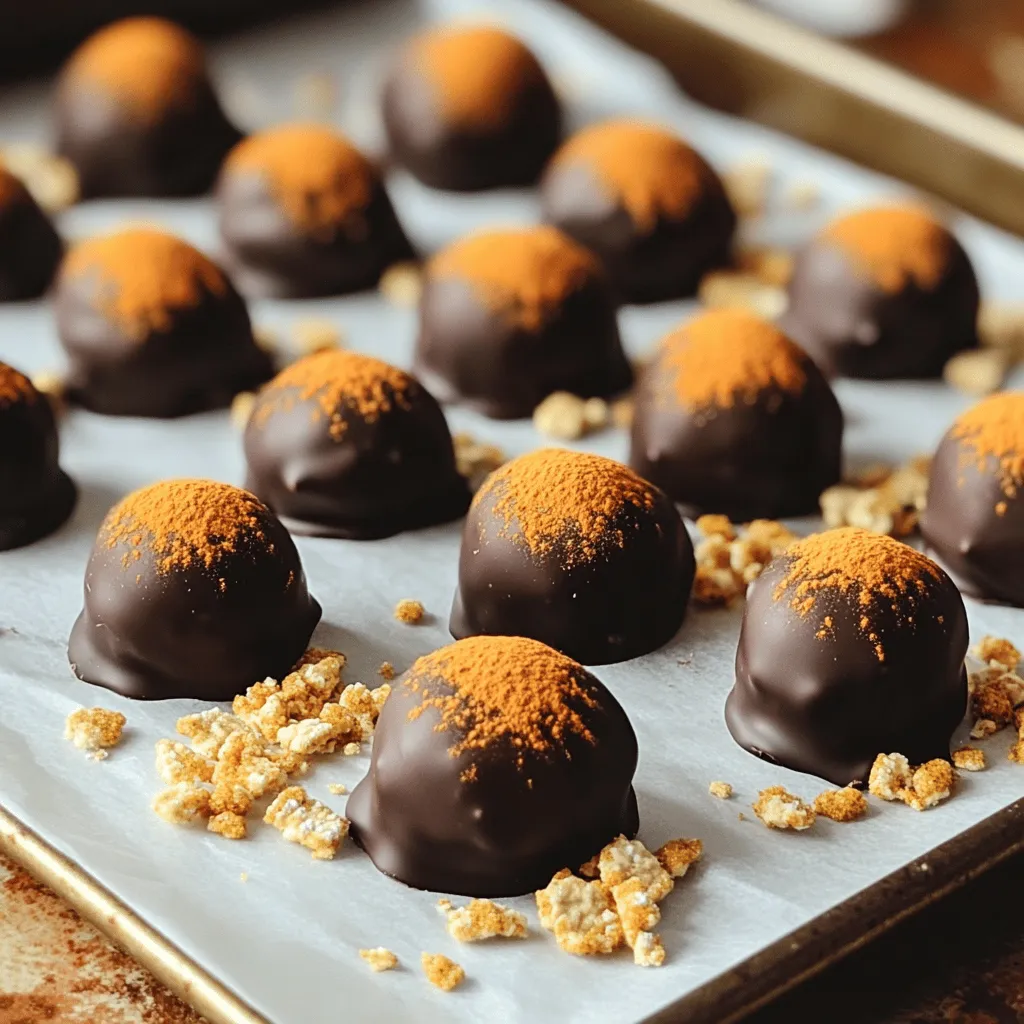 - 1 cup pure pumpkin puree - 8 oz cream cheese, softened - 2 cups powdered sugar - 2 teaspoons pumpkin pie spice - 1 teaspoon vanilla extract - 1 cup dark chocolate chips (vegan if desired) - 1 tablespoon coconut oil (for chocolate coating) - Extra pumpkin pie spice for dusting The key to making delicious pumpkin spice truffles is using the right ingredients. Start with pure pumpkin puree. This gives the truffles their rich flavor and vibrant color. Next, cream cheese adds a creamy texture. It also balances the sweetness. Powdered sugar sweetens the mix. It blends well with the pumpkin and cream cheese. Pumpkin pie spice brings warmth and a classic fall taste. A splash of vanilla extract enhances all the flavors. You can add dark chocolate chips for a rich coating. If you want a vegan option, choose vegan chocolate chips. Coconut oil helps the chocolate melt smoothly. For a festive finish, use extra pumpkin pie spice for dusting. Gather these ingredients, and you’re ready to create a fall treat that everyone will love! Start by taking a large bowl. In it, combine the following: - 1 cup pure pumpkin puree - 8 oz cream cheese, softened - 2 cups powdered sugar - 2 teaspoons pumpkin pie spice - 1 teaspoon vanilla extract Using a hand mixer or spatula, blend these ingredients together. Mix until the texture is smooth and all ingredients are well combined. Next, add in 1 cup of crushed graham crackers. Stir well until the mixture thickens. This will help the truffles hold their shape. Cover the bowl and chill the mixture in the fridge for about one hour. After chilling, scoop out small portions—about 1 inch in diameter. Roll these portions between your palms to form smooth balls. Place your truffles on a baking sheet lined with parchment paper. Now it’s time to coat the truffles. In a microwave-safe bowl, melt 1 cup of dark chocolate chips and 1 tablespoon of coconut oil. Heat in 30-second intervals, stirring in between until the chocolate is smooth. Dip each truffle into the melted chocolate, letting the excess drip off. Place them back on the parchment-lined baking sheet. If you like, dust them lightly with extra pumpkin pie spice while the chocolate is still wet. Finally, refrigerate the truffles for about 30 minutes until the chocolate hardens. Enjoy your tasty fall treat! Chilling the mixture is key for smooth truffles. It helps firm the mix and makes rolling easier. If you skip this step, your truffles may turn out too soft. To avoid a grainy texture, mix thoroughly. Make sure the cream cheese is soft and blended well with the pumpkin puree. This will help create a creamy and delightful filling. Melting chocolate requires patience. Use a microwave-safe bowl and heat in 30-second bursts. Stir after each interval until smooth. This helps prevent burning the chocolate. Dip each truffle carefully. Allow excess chocolate to drip off before placing them on parchment paper. For an even coat, swirl the truffles gently in the chocolate. This ensures they are fully covered and look great. You can add more flavor with spices. Try a pinch of cinnamon or nutmeg for extra warmth. Adjust the sweetness by using less powdered sugar if desired. Taste the mixture before chilling, and add more sugar if you want it sweeter. This way, you can make the truffles just right for your taste buds. {{image_2}} You can choose between white chocolate and dark chocolate for your truffles. Dark chocolate gives a rich taste that pairs well with pumpkin. White chocolate adds a sweet creaminess. Try flavored chocolate, like orange or cinnamon, for a fun twist. These options make your truffles unique and exciting. If you want vegan truffles, use vegan cream cheese and dark chocolate. Brands now offer tasty vegan options that work well. For gluten-free truffles, swap regular graham crackers for gluten-free ones. This way, everyone can enjoy your delightful treat without worries. To enhance your truffles, try adding chopped nuts or dried fruits. Walnuts or pecans add crunch and flavor. Dried cranberries or raisins bring sweetness. You can also add a hint of coffee or caramel. This creates layers of flavor that make each bite special. For the best storage, use an airtight container. This keeps your truffles fresh. Line the container with parchment paper. This helps prevent sticking. Place the truffles in a single layer. Avoid stacking them if possible. Keep the container in the fridge. The cool temperature helps maintain their texture. Keep your fridge at around 35°F to 40°F. This is the best range for storing truffles. Avoid placing them in the door. The temperature there can vary too much. Instead, choose a shelf in the middle. Pumpkin spice truffles can last about one week in the fridge. Check for signs of spoilage, like off smells. If you want to store them longer, freezing is a great option. To freeze truffles, first, chill them in the fridge. Once firm, place them in an airtight container. You can also use a freezer bag. Lay parchment paper between layers if stacking. They can last up to three months in the freezer. When ready to eat, let them thaw in the fridge overnight. This keeps their texture smooth and creamy. Yes, you can make pumpkin spice truffles in advance. They taste even better after a day in the fridge. I suggest storing them in an airtight container. This keeps them fresh and moist. You can prepare them up to a week ahead. Just remember to let them cool completely before storing. If you want to freeze them, wrap each truffle tightly in plastic wrap. Then place them in a freezer bag. They stay good for about three months. You can find pumpkin spice truffles at many local stores. Look for them in specialty candy shops or gourmet markets. Some big grocery stores also carry them during fall. Online, you can check websites like Amazon or specialty food sites. Many bakeries and chocolate shops offer them, too. They often have unique flavors, making them a fun treat to try. Adjusting sweetness is easy. If you want less sugar, reduce the powdered sugar in the mix. Start with one and a half cups and taste as you go. You can also use sugar substitutes like stevia or erythritol. If you like it sweeter, add more powdered sugar little by little. Just ensure the mixture remains smooth. Balancing sweetness can enhance the pumpkin flavor, making your truffles shine. These pumpkin spice truffles are simple to make using easy ingredients and steps. You can mix creamy pumpkin, sweet sugar, and spice to create a tasty treat. Remember to chill your mixture for the best texture. Try different coat options, or add your favorite flavors, like nuts or coffee. Store them right for lasting goodness. Enjoy making these fun treats, whether for yourself or to share. You’re sure to impress everyone with your new skills!