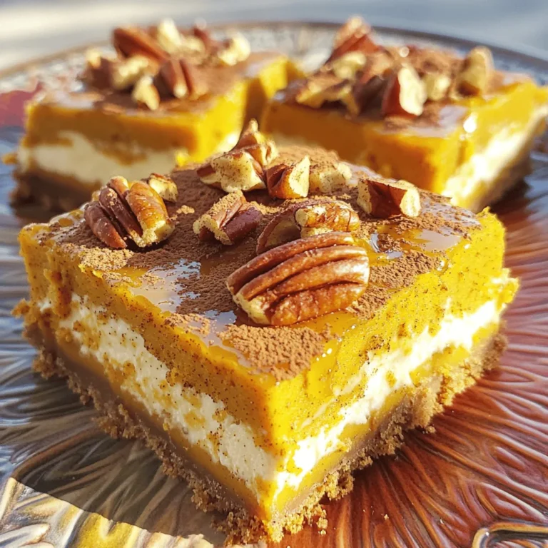 - 1 cup graham cracker crumbs - 1/4 cup unsalted butter, melted - 1/4 cup brown sugar - 1 1/2 cups cream cheese, softened - 1 cup pure pumpkin puree - 1/2 cup granulated sugar - 2 large eggs - 1 teaspoon vanilla extract - 1 teaspoon ground cinnamon - 1/2 teaspoon ground nutmeg - 1/4 teaspoon ground ginger - 1/4 cup chopped pecans (plus more for topping) - Pinch of salt To create the perfect pumpkin pecan cheesecake bars, you need quality ingredients. Fresh ingredients bring out the best flavor. For the crust, graham cracker crumbs provide a sweet and crunchy base. I use unsalted butter to control the saltiness. The brown sugar adds a warm, caramel-like taste. The cream cheese is the star of the filling. It gives the bars a rich and creamy texture. Pure pumpkin puree adds moisture and flavor. Granulated sugar balances the pumpkin's natural earthiness. The eggs help bind everything together, making the bars firm and set. Spices like cinnamon, nutmeg, and ginger bring warmth and a hint of fall to every bite. Chopped pecans add a delightful crunch and nutty flavor. Finally, a pinch of salt enhances all these wonderful flavors. - Alternatives for graham cracker crust: You can use crushed vanilla wafers or almond flour for a gluten-free option. - Dairy-free options for cream cheese: Look for plant-based cream cheese for a dairy-free version. - Sweetener variations: You might swap granulated sugar with coconut sugar or maple syrup for a different taste. These substitutions keep the essence of the bars while catering to various diets. Always taste as you go to ensure the flavors stay balanced. 1. First, preheat your oven to 350°F (175°C). Line an 8x8 inch baking pan with parchment paper. Leave some paper hanging over the edges for easy removal later. 2. In a mixing bowl, combine: - 1 cup graham cracker crumbs - 1/4 cup unsalted butter, melted - 1/4 cup brown sugar - A pinch of salt Mix everything until the crumbs feel moist. 3. Press this mixture evenly into the bottom of the baking pan. This forms the crust. Bake it for 10 minutes. Once done, take it out and let it cool for a few minutes. 4. In another bowl, beat together: - 1 1/2 cups cream cheese, softened - 1 cup pure pumpkin puree - 1/2 cup granulated sugar - 2 large eggs - 1 teaspoon vanilla extract - 1 teaspoon ground cinnamon - 1/2 teaspoon ground nutmeg - 1/4 teaspoon ground ginger Mix until the filling is smooth and all ingredients are well combined. 5. Now, fold in: - 1/4 cup chopped pecans This adds a nice crunch and flavor to the cheesecake. 6. Pour the cheesecake mixture over the cooled graham cracker crust. 7. Bake in the oven for about 30-35 minutes. The center should be set but still jiggle slightly. 8. Once baked, remove it from the oven. Let it cool in the pan for about 10 minutes. 9. After cooling, sprinkle more chopped pecans on top. Let the cheesecake bars cool to room temperature. Then, refrigerate them for at least 2 hours to help them set. 10. When fully chilled, use the parchment overhang to lift the bars out of the pan. Cut them into squares or rectangles. Enjoy your delicious pumpkin pecan cheesecake bars! Using room temperature ingredients is key for a smooth cheesecake. Cold cream cheese can clump and cause lumps. Let your cream cheese sit out for about 30 minutes before mixing. This helps it blend well with other ingredients. To avoid cracks in the cheesecake, do not overbake it. Bake until the center is just set. It should still jiggle a bit. Cooling slowly is also important. Turn off the oven and leave the door slightly open for about 15 minutes. This gradual change in temperature keeps the cheesecake from cracking. Spices can make your cheesecake even better. Ground cinnamon, nutmeg, and ginger add warmth and depth. You can also try adding a pinch of cloves for an extra kick. For toppings, consider drizzling caramel sauce on top. It adds sweetness and a nice contrast. Chopped pecans not only enhance flavor but also add a nice crunch. You could also use whipped cream for a light touch. When serving, use a decorative plate for a beautiful presentation. A little drizzle of caramel or chocolate sauce can make it special. Garnish with a sprinkle of cinnamon or extra pecans for visual appeal. Pair these cheesecake bars with a warm drink. A cup of coffee or spiced chai works great. For a festive touch, serve with apple cider. This combination enhances the fall flavors of the bars. {{image_2}} You can play with flavors in pumpkin pecan cheesecake bars. Want a twist? Add chocolate or caramel swirls. Swirl chocolate sauce into the cheesecake mix before baking. It adds richness and a fun flair. For caramel, drizzle it on top before serving. It makes each bite a sweet surprise. Not a fan of pecans? You can use other nuts like walnuts or almonds. If you prefer a nut-free version, just skip them. The cheesecake will still taste great! If you want to make mini or bite-sized treats, use a mini muffin tin. Simply follow the same recipe, but pour the batter into each cup. Bake for about 15-20 minutes. Check for a slight jiggle in the center. These bites are perfect for parties and easy to share! For even smaller bites, use a small cookie scoop. This method helps you create uniform sizes. They are cute and just the right size for a quick dessert! Make your cheesecake bars festive! For holidays, add spices like allspice or cloves. You can also top them with whipped cream and sprinkle cinnamon. It brings a cozy feel to your treats. Want to explore other fall flavors? Try adding apple or pear puree to the mix. This will give your bars a fruity twist. Mixing in these flavors keeps your recipe fresh and exciting every season. To store leftover pumpkin pecan cheesecake bars, place them in an airtight container. This keeps them fresh and tasty. You can also cover the bars tightly with plastic wrap. They stay good in the fridge for up to five days. If you want to keep them longer, freezing is a great option. Freezing cheesecake bars is easy. First, cut them into squares. Wrap each piece in plastic wrap. Then, put the wrapped bars in a freezer-safe bag or container. This prevents freezer burn. They can last up to three months in the freezer. When you want to enjoy them, move the bars to the fridge to thaw overnight. This helps maintain their creamy texture and flavor. When ready to serve, you might want to warm the bars a bit. The best method is to use the oven. Preheat it to 350°F (175°C). Place the bars on a baking sheet and heat for about 10 minutes. This warms them through without losing their quality. You can also use a microwave. Heat for just a few seconds at a time, checking often to avoid overheating. Enjoy your delicious treat warm or at room temperature! Yes, you can make these cheesecake bars ahead of time. I recommend making them a day before you plan to serve them. This allows the flavors to meld together nicely. After baking, let the bars cool completely. Then, cover them tightly with plastic wrap. Store them in the fridge until you are ready to enjoy them. This method keeps the bars fresh and delicious. To prevent the bars from sticking, use parchment paper. Line your baking pan with it, leaving some overhang. This overhang helps you lift the bars out easily once they are cool. Also, make sure to grease the pan lightly with butter or cooking spray before placing the parchment paper. This extra step ensures no part of the bars sticks to the pan. You can use fresh pumpkin instead of canned. Fresh pumpkin brings a bright taste to the bars. To prepare fresh pumpkin, cut it in half, scoop out the seeds, and bake until soft. Once cooled, scoop out the flesh and mash it until smooth. This process takes more time, but the flavor is worth it. If you have leftovers, there are many fun ways to use them. You can crumble the bars over yogurt for breakfast or a tasty snack. Another idea is to layer them in a trifle with whipped cream and nuts. You can also freeze the bars for later. Wrap them individually in plastic wrap, then store them in an airtight container. This way, you can enjoy a treat whenever you want! You now have all the details needed to create a delicious pumpkin pecan cheesecake. From selecting the right ingredients to mastering the baking process, each step is essential for success. Remember, you can get creative with flavors or make mini treats. Store leftovers safely or pair them with fun toppings. Enjoy making this fall favorite for any occasion. Happy baking!