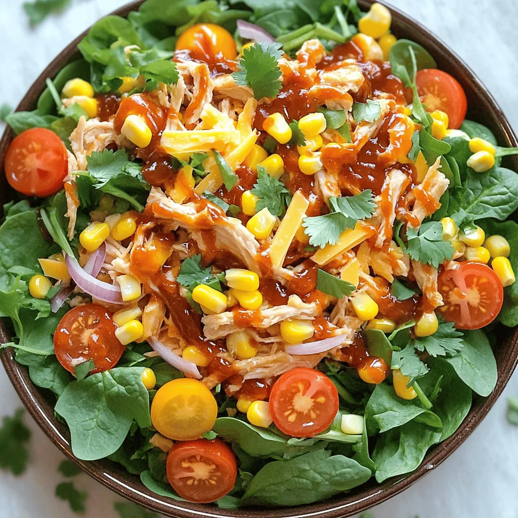 - 2 cups cooked chicken breast, shredded - 4 cups mixed greens (spinach, romaine, arugula) - 1 cup cherry tomatoes, halved - 1 cup corn kernels (fresh or frozen) - 1/2 cup red onion, thinly sliced - 1 cup shredded cheddar cheese - 1/2 cup BBQ sauce (your favorite brand) - 1/2 cup ranch dressing - 1/4 cup fresh cilantro, chopped (optional) - Salt and pepper to taste For this BBQ Ranch Chicken Salad, you need fresh, simple ingredients. Start with two cups of cooked chicken breast. Shred it into bite-sized pieces. This chicken adds protein and flavor. Next, grab four cups of mixed greens. I love using spinach, romaine, and arugula. They add a nice crunch and a variety of nutrients. Then, you need one cup of cherry tomatoes. Slice them in half. They bring a sweet, juicy flavor to the salad. For the additional ingredients, add one cup of corn kernels. You can use fresh corn or frozen. Both work well. Also, include half a cup of thinly sliced red onion for a bit of spice. Don’t forget the cheese! You’ll want one cup of shredded cheddar cheese. It gives a creamy and rich taste. Now, let’s talk about the dressing. Use half a cup of your favorite BBQ sauce. It should be smoky and tangy. Mix this with half a cup of ranch dressing. This creamy base ties the salad together. If you want, sprinkle in a quarter cup of fresh, chopped cilantro. It adds a burst of fresh flavor. Finally, season with salt and pepper to taste. This mix of ingredients makes a salad that is both hearty and refreshing. Enjoy the colors and flavors in every bite! - Combine the shredded chicken with BBQ sauce. - Layer mixed greens in a large serving bowl. Start by taking your cooked chicken and shredding it. I love using rotisserie chicken for this. It adds great flavor and saves time. Next, grab a large mixing bowl. Pour in the BBQ sauce and add the shredded chicken. Mix well until the chicken is coated. This step gives the salad its smoky, sweet flavor. Now, let’s prepare the base. Take a large serving bowl and layer your mixed greens at the bottom. I recommend using a mix of spinach, romaine, and arugula. This combo adds nice color and texture. - Distribute BBQ chicken, cherry tomatoes, corn, onion, and cheese. - Drizzle ranch dressing and season to taste. Now, it’s time to assemble the salad. Take your BBQ chicken and spread it evenly over the mixed greens. Next, add the halved cherry tomatoes, corn, and sliced red onion. The sweet corn and tangy onion balance the rich BBQ flavor perfectly. Finally, sprinkle the shredded cheddar cheese on top. This adds a creamy element that makes it even better. To finish, drizzle ranch dressing over the entire salad. Make sure to cover all the ingredients. Season with salt and pepper to taste. This step enhances all the flavors in the salad. - Toss ingredients if desired, and garnish with cilantro. If you like, gently toss the salad to mix the flavors. I often leave it layered for a stunning look. For the final touch, sprinkle chopped cilantro on top. This adds a fresh taste and makes the dish pop with color. Enjoy every bite of this tasty BBQ Ranch Chicken Salad! For the best shredded chicken, use cooked chicken breast. You can grill, bake, or boil it. Grilling adds a smoky flavor, while baking keeps it juicy. If you use leftover chicken, that works too! When picking BBQ sauce, choose one that you love. Sweet, tangy, or spicy, it should match your taste. Some brands offer natural options without added sugars. This makes your salad healthier. For side dishes, corn on the cob or garlic bread go well with this salad. You can also add a fruit salad for a sweet touch. To make your salad look great, serve it in a large bowl. You can layer the ingredients for a nice look. A sprinkle of cilantro on top makes it pop. Drizzle a bit of extra ranch dressing for flair. You can spice up the chicken with smoked paprika or garlic powder. Just mix these spices into your BBQ sauce before adding it to the chicken. For toppings, consider adding avocado or croutons. Avocado adds creaminess, while croutons give a nice crunch. Both enhance the salad's texture and flavor. {{image_2}} You can swap out chicken for turkey. Turkey gives a leaner option. BBQ tofu is great for a vegan choice. It absorbs flavor well, making it tasty. You can also use tempeh for more texture. Making your own ranch dressing is easy. Just mix buttermilk, mayo, garlic, and herbs. You can also try other dressings. A tangy vinaigrette pairs well with BBQ chicken too. Feel free to switch cheeses. Try feta for a salty kick. You can also use pepper jack for heat. Seasonal veggies work well too. Think about adding bell peppers in summer or roasted squash in fall. These swaps keep your salad fresh and fun! To store leftovers, put the salad in an airtight container. This helps keep it fresh. You can keep it in the fridge for up to three days. Avoid adding the dressing until you are ready to eat. This keeps the greens crisp and tasty. If you have extra BBQ chicken, store it separately. That way, you can add it when you serve the salad again. Yes, you can freeze BBQ chicken. First, cool it completely before freezing. Place it in a freezer-safe bag or container. Remove as much air as possible to prevent freezer burn. I recommend freezing the components separately. You can freeze the chicken, corn, and even the cheese. Just remember to thaw them in the fridge before using. Packaged ingredients like cheese and BBQ sauce last a while. Generally, they can last one to two weeks after opening. Check the labels for exact dates. For the salad, look for signs of spoilage, like a bad smell or slimy greens. If it looks or smells off, it’s best to toss it. Always trust your senses when it comes to food safety. To make this salad healthier, consider these tips: - Use low-calorie dressings, like light ranch or yogurt-based ranch. - Swap mixed greens for kale or arugula for more nutrients. These options cut calories while keeping flavor. You still get that great taste. Plus, the greens boost your vitamins and minerals. Yes, you can prepare this salad ahead of time. Here’s how: - Make the chicken with BBQ sauce and store it separately. - Wash and dry the mixed greens, and keep them fresh in the fridge. For best storage: - Use airtight containers for all parts. - Keep the dressing on the side until serving. This way, the salad stays crisp and tasty. You can enjoy it fresh even if made a day early. This salad pairs well with many side dishes. Here are some ideas: - Cornbread or garlic bread makes a great side. - Fresh fruit salad adds a sweet touch. For drinks: - I recommend iced tea or lemonade for a refreshing option. - A light beer also goes well with the BBQ flavors. These sides and drinks enhance your meal and make it more enjoyable. This blog post covered the key elements for making a delicious BBQ Ranch Chicken Salad. You learned about main and additional ingredients, step-by-step assembly, and helpful tips. We also explored variations for protein and dressings, plus storage info and answers to common questions. Now you can enjoy a tasty salad while impressing your friends and family. Remember, feel free to customize it to your taste. Enjoy your cooking!