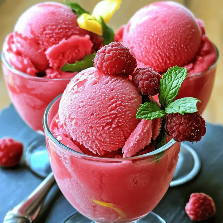 You need 2 cups of fresh raspberries for this sorbet. Look for bright, plump berries. Raspberries give the sorbet its vibrant color and sweet-tart flavor. If you find ripe ones, they will make your sorbet taste even better. You will need 1 cup of freshly squeezed lemon juice. This is about 4 to 6 lemons. Fresh juice makes a big difference in flavor. Don't forget the zest! A teaspoon of lemon zest will add a nice, bright note to the sorbet. The recipe needs 1 cup of granulated sugar and 1 cup of water. You use these to create a simple syrup. Heat them together until the sugar dissolves. This step adds sweetness and helps balance the tartness of the lemons and raspberries. Just a pinch of salt enhances the flavors. It may seem small, but it brings out the best in both the raspberries and the lemons. Make sure you have everything ready before you start making the sorbet. Having all the ingredients prepped will help the process go smoothly. Start by making the sugar syrup. In a small saucepan, mix one cup of water with one cup of granulated sugar. Heat this over medium heat. Stir it constantly until the sugar dissolves completely. This should take just a few minutes. Once it’s clear, remove it from the heat and let it cool down. Next, we will blend our raspberry mixture. Take two cups of fresh raspberries and put them in a blender. Add one cup of freshly squeezed lemon juice, a teaspoon of lemon zest, and a pinch of salt. Blend everything until it is smooth. The blend should be bright and fragrant. Now, it’s time to strain the mixture. Pour your blended raspberries through a fine-mesh strainer into a large bowl. This step removes the seeds and gives the sorbet a smooth texture. Use a spatula to press the mixture, getting out as much juice as you can. This is the essence of your sorbet! Once you have your strained raspberry mix, it’s time to combine it. Take the cooled sugar syrup and pour it into the bowl with the raspberry mixture. Stir well to mix all the ingredients. Make sure everything is combined evenly. You should have a beautiful, vibrant mixture. Next, we will churn the mixture. Transfer it into an ice cream maker. Follow the manufacturer’s instructions to churn until it reaches a soft-serve consistency. This process usually takes about 20 to 30 minutes. Keep an eye on it; you want it to be smooth and creamy. After churning, transfer the soft sorbet into an airtight container. For a firmer texture, place it in the freezer for at least three hours. This will help the sorbet set properly. If you prefer a softer sorbet, you can skip this step. When ready to serve, let the sorbet sit at room temperature for about five minutes. This makes scooping easier. Serve in chilled dessert glasses. Garnish with fresh raspberries and a sprig of mint for a pop of color and flavor. Enjoy your refreshing raspberry lemonade sorbet! To get a smooth sorbet, use ripe raspberries. They blend better and taste sweeter. Always chill your mixture before churning. This helps the ice cream maker work faster. If you want a firmer texture, freeze the sorbet for three hours after churning. Let it sit for five minutes before scooping. This way, it softens just enough for easy serving. Add extra lemon zest for a bolder lemon taste. If you like a hint of spice, try a pinch of ginger. You can also mix in other berries, like blueberries or strawberries, to create a unique flavor. If you want a more complex taste, a few drops of vanilla extract work wonders. Serve the sorbet in chilled dessert glasses. This keeps it cool and fresh. Top it with fresh raspberries and a mint sprig for color. You can also drizzle a bit of lemon juice on top for extra flair. For a fun twist, add edible flowers. They make the dish look fancy and inviting. {{image_2}} You can change the flavor of your sorbet by using different berries. Try mixing in strawberries, blueberries, or blackberries. Each berry adds its own taste and color. For a fun twist, blend two or more berries together. This creates a unique flavor that is fruity and refreshing. If you want a lower-sugar option, use non-sugar sweeteners. Options like stevia, agave, or honey work well. Just remember to adjust the amount since some sweeteners are sweeter than sugar. This keeps your sorbet tasty without all the sugar. Want to make a grown-up version? Add a splash of vodka or rum to the mix. This gives your sorbet an adult twist and makes it extra fun. Use about 1/4 cup for a strong flavor or less for a lighter touch. Just be sure to enjoy it responsibly! To keep your raspberry lemonade sorbet fresh, store it in an airtight container. This helps prevent ice crystals from forming. Make sure to pack it tightly to avoid air pockets. If you have a large batch, consider using smaller containers. This way, you can enjoy some now and save the rest for later. When you’re ready to enjoy your sorbet, take it out of the freezer. Let it sit at room temperature for about 5-10 minutes. This softens it and makes scooping easier. Avoid using a microwave to thaw; it can melt the sorbet unevenly. Raspberry lemonade sorbet can last in the freezer for about two weeks. However, for the best taste and texture, eat it within the first week. After that, it may become icy or lose flavor. If you notice any off smells or changes in color, it’s best to toss it. Always trust your senses! You can use honey, maple syrup, or agave nectar. These natural sweeteners add flavor. Adjust the amount based on your taste. Start with a bit less, as they are sweeter than sugar. Yes, you can use frozen raspberries. Just let them thaw before blending. This helps to get a smooth mixture. The flavor will still be great! This recipe is already dairy-free. It uses no milk or cream. You can enjoy it without worry. If your sorbet is icy, it may need more sugar. Sugar helps create a smooth texture. You can also try blending it again after freezing for a softer result. Store leftover sorbet in an airtight container. Keep it in the freezer. To serve later, let it sit at room temperature for a few minutes before scooping. In this post, I covered how to make raspberry sorbet. We explored each ingredient, from fresh berries to sugar, and even salt. I walked you through each step, from preparing the sugar syrup to serving tips. I shared tips for texture and flavor, plus fun variations. Proper storage keeps your sorbet fresh. Remember, making sorbet can be easy and fun. Enjoy the process and tailor it to your taste. Your homemade sorbet will impress friends and family every time!