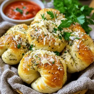 - 1 package pizza dough (store-bought or homemade) - 4 tablespoons unsalted butter, melted - 4 cloves garlic, minced - 1/4 cup grated Parmesan cheese - 2 tablespoons fresh parsley, chopped - 1 teaspoon dried oregano - 1/2 teaspoon salt - 1/4 teaspoon black pepper - Extra Parmesan cheese for sprinkling (optional) The key to great Garlic Parmesan Knots lies in using fresh ingredients. You can find pizza dough at your local store, or you can make it at home if you prefer. The choice is yours! Butter is vital for flavor. I always choose unsalted butter for control over salt. Minced garlic adds that bold taste we crave. I usually use four cloves, but you can adjust this if you want less garlic. Grated Parmesan cheese is a must-have. It gives the knots a rich flavor. I also love adding fresh parsley for color and a bit of freshness. Dried oregano, salt, and black pepper round out the flavor nicely. If you're a cheese lover, sprinkle extra Parmesan on top before baking. It adds a delightful crunch and extra taste. Gather all these ingredients, and you're ready to make the best Garlic Parmesan Knots! 1. Preheat oven and prepare baking sheet First, set your oven to 425°F (220°C). This heat makes the knots crispy. Line a baking sheet with parchment paper. This helps with easy cleanup. 2. Combine melted butter and seasonings In a small bowl, mix 4 tablespoons of melted butter with 4 minced garlic cloves, 2 tablespoons of chopped parsley, 1 teaspoon of dried oregano, 1/2 teaspoon salt, and 1/4 teaspoon black pepper. Stir it well. This mix gives the knots great flavor. 3. Roll out pizza dough and cut into strips On a floured surface, roll out 1 pound of pizza dough into a rectangle. Aim for about 1/2 inch thick. Cut the dough into strips, each about 1 inch wide and 4 inches long. This size is perfect for tying knots. 4. Tying knots and placing on baking sheet Take each strip of dough and tie it into a knot. Tuck the ends under the knot to keep it secure. Place each knot on the prepared baking sheet, leaving space between them. This helps them bake evenly. 5. Brushing knots with garlic butter mixture Brush each knot with the garlic butter mix. Make sure every knot is well-coated. This adds a tasty layer. 6. Sprinkling Parmesan cheese before baking Evenly sprinkle 1/4 cup of grated Parmesan cheese over the knots. You can add more cheese if you like. 7. Baking time and cooling process Bake the knots for 12-15 minutes. They should be golden brown and puffed up. After baking, let them cool for a few minutes. Brush with any leftover garlic butter for extra flavor. Enjoy the warm, cheesy goodness! To tie consistent knots, use strips of dough that are even in size. I cut each strip to about 1 inch wide and 4 inches long. When tying, start by making a simple loop, then pull one end through the center. Tuck the ends underneath to keep them secure. This helps them hold their shape while baking. Make sure your oven is preheated to 425°F. This ensures even baking. Place the knots apart on the baking sheet so they have room to rise. To boost flavor, consider adding more herbs. Fresh basil or thyme can bring a nice twist. You can also mix different cheeses. Try mixing mozzarella with Parmesan for a creamy taste. If you like a kick, add crushed red pepper or garlic powder. These small changes can make a big difference in taste. Garlic Parmesan knots shine when served warm. A warm basket lined with a cloth keeps them fresh. Pair them with marinara sauce for dipping. It adds a nice touch. For a pop of color, sprinkle fresh parsley on top. This makes your dish look even more inviting. {{image_2}} You can change up your garlic knots by adding different cheeses. Cheddar, mozzarella, or even feta can bring new flavor. Mix in spices like crushed red pepper for a kick. You can also add herbs like thyme or rosemary for extra aroma. These little tweaks keep the recipe fresh and exciting. If you need a gluten-free option, try using gluten-free pizza dough. Many stores sell good quality gluten-free dough now. Homemade dough can also be gluten-free if you use the right flour. Store-bought dough is quick and easy, while homemade gives a personal touch. Both can make tasty garlic knots. You can cook garlic knots in an air fryer for a crispy finish. Set the air fryer to 375°F and cook for about 8 to 10 minutes. This method needs less fat and cooks faster. If you prefer slow cooking, bake them at a lower heat. Just make sure to check them often, so they don’t burn. Each method offers its unique texture and flavor. After baking, let your garlic Parmesan knots cool completely. This helps keep them from getting soggy. Place them in an airtight container. You can store them in the fridge for up to three days. If you want to keep them longer, consider freezing. To reheat, preheat your oven to 350°F (175°C). Place the knots on a baking sheet. Heat for about 10 minutes or until warm. This method keeps them crispy. You can also microwave them for 20-30 seconds, but they might get soft. To freeze, wrap the knots tightly in plastic wrap. Then, place them in a freezer-safe bag. They can stay frozen for up to three months. When you're ready to eat, thaw them in the fridge overnight. Reheat them in the oven for the best results. Enjoy your tasty knots anytime! Can I use pre-made garlic butter? Yes, you can use pre-made garlic butter. It saves time and adds flavor. Just brush it on before baking. You may want to add more Parmesan to enhance the taste. How do I store baked garlic knots? To store baked garlic knots, let them cool first. Place them in an airtight container. They can last for up to three days in the fridge. You can also wrap them tightly in foil for longer freshness. What dips pair well with Garlic Parmesan Knots? Garlic Parmesan knots go well with marinara sauce for dipping. You can also try ranch dressing or garlic aioli. These dips add a fun twist to your meal. Can I make these knots ahead of time? Yes, you can prepare the knots ahead of time. Just shape and place them on the baking sheet, then cover with plastic wrap. Keep them in the fridge for a few hours. Bake them right before serving for fresh, warm knots. You learned how to make tasty Garlic Parmesan Knots from start to finish. We covered each ingredient, preparation steps, and baking tips. You also found fun ways to enhance the flavor and serve them nicely. Remember, practice makes perfect, so don’t worry if they’re not perfect right away. Enjoy trying different mixes and storing leftovers for later. These knots can add joy to any meal or snack time. Now, it's time to get in the kitchen and make them!