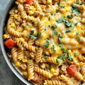 This creamy taco pasta skillet is a quick and easy meal. It combines pasta, meat, and cheese. You can make it in one pan, which saves time and clean-up. The dish is rich and comforting, perfect for busy weeknights. - 8 oz (225g) pasta of your choice (penne or rotini work well) - 1 lb (450g) ground chicken or turkey - 1 tablespoon olive oil - 1 small onion, finely chopped - 2 cloves garlic, minced - 1 packet (1 oz) taco seasoning (store-bought or homemade) - 1 can (15 oz) diced tomatoes with green chilies, undrained - 1 cup chicken broth or water - 1 cup heavy cream - 1 cup corn kernels (fresh, frozen, or canned) - 1 cup shredded cheese (cheddar or Mexican blend) - Salt and pepper to taste - Fresh cilantro, chopped (for garnish) You can change the pasta type if you want. Gluten-free pasta works well too. For a lighter version, use ground turkey or even plant-based meat. If you want less cream, swap it for Greek yogurt. You can also add black beans for extra fiber. Use any cheese you like, or skip it for a dairy-free dish. Start by taking a large skillet. Pour in one tablespoon of olive oil and heat it over medium heat. Once the oil is hot, add one small chopped onion. Cook the onion for about 3-4 minutes until it looks soft and clear. This step adds great flavor to your dish. Next, add two minced garlic cloves and one pound of ground chicken or turkey to the skillet. Cook this mix for about 5-7 minutes. You want the meat to brown nicely and be fully cooked. Once the meat is ready, sprinkle in one packet of taco seasoning. Stir well to coat the meat and onion with the seasoning. Now it’s time to add more flavor. Pour in one can of diced tomatoes with green chilies, keeping the liquid in the can. Add one cup of chicken broth and bring this mixture to a gentle simmer. Then, stir in eight ounces of pasta and one cup of corn kernels. Make sure the pasta is covered in the liquid. Cover the skillet and let it cook for 10-12 minutes. Stir it a few times to stop the pasta from sticking. After the pasta is al dente, lower the heat and mix in one cup of heavy cream and one cup of shredded cheese. Stir until the cheese melts and the sauce becomes creamy. Don’t forget to add salt and pepper to taste. Let it sit for a couple of minutes to thicken slightly before serving. Enjoy your meal garnished with chopped fresh cilantro! To get a perfect creamy sauce, use heavy cream. It blends well with cheese. Stir the cream into the mix slowly. This helps the sauce stay smooth. If you want a lighter option, try half-and-half instead. Just remember, it won’t be as rich. To keep pasta firm, check it often. Start checking a few minutes before the time is up. Once it’s al dente, take it off the heat. Remember, pasta will continue cooking in the sauce. If you overcook it, the dish becomes mushy. Season your dish well. The taco seasoning adds a lot of taste, but you can do more. Add a squeeze of lime juice for brightness. Toss in fresh herbs like cilantro for freshness. If you like heat, add some diced jalapeños. This boosts the flavor and makes it more fun! {{image_2}} You can make this dish vegetarian with ease. Replace the ground meat with black beans or lentils. Use vegetable broth instead of chicken broth. Add extra veggies like bell peppers or zucchini for more flavor and nutrition. This keeps the creamy texture while adding plant-based protein. Don't feel limited to chicken or turkey. Ground beef or pork works well too. For a leaner option, try ground turkey. You can even use shredded rotisserie chicken for a quick fix. Each protein brings a unique taste to the dish, so choose what you like best. Want more heat? Add diced jalapeños or a pinch of red pepper flakes. You can also use spicy taco seasoning instead of regular. If you prefer it mild, skip any extra spices. Adjusting the spice level lets you customize this meal for your family’s taste. To store leftovers, let the creamy taco pasta cool down. Transfer it to an airtight container. Make sure to seal it well. Store it in the fridge for up to three days. This keeps the flavors fresh and tasty. When you are ready to eat, take the pasta out of the fridge. Place it in a skillet over low heat. Add a splash of water or broth to help it heat evenly. Stir often to avoid burning. Heat until it's warm throughout. You can also use the microwave. Just cover it and heat in short bursts, stirring in between. To freeze, use a freezer-safe container. Make sure to leave some space at the top for expansion. You can freeze creamy taco pasta for up to three months. When ready to eat, thaw it in the fridge overnight. Reheat as mentioned above. Enjoy your delicious meal later! Yes, you can use different types of pasta. I love using penne or rotini, but you can try spaghetti or fusilli too. Just make sure to adjust the cooking time. Thinner pasta cooks faster, while thicker pasta may take longer. Always check for doneness before serving. To spice things up, add jalapeños or red pepper flakes. You can also use spicy taco seasoning instead of regular. If you want more heat, add hot sauce while cooking or serve it on the side. Taste as you go to find your perfect spice level. To cut calories, use ground turkey or chicken instead of beef. You can also swap heavy cream for Greek yogurt or light cream. Reducing the amount of cheese can help too. Adding more veggies like spinach or bell peppers adds bulk without extra calories. This blog post covered key ingredients you need for a great dish, plus possible swaps. I shared step-by-step instructions for cooking, along with tips to enhance texture and flavor. You learned about tasty variations and how to store leftovers safely. Now, you’re ready to get cooking! Experiment with your flavors and enjoy every bite.