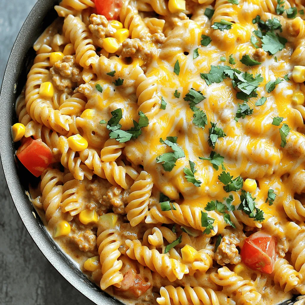 This creamy taco pasta skillet is a quick and easy meal. It combines pasta, meat, and cheese. You can make it in one pan, which saves time and clean-up. The dish is rich and comforting, perfect for busy weeknights. - 8 oz (225g) pasta of your choice (penne or rotini work well) - 1 lb (450g) ground chicken or turkey - 1 tablespoon olive oil - 1 small onion, finely chopped - 2 cloves garlic, minced - 1 packet (1 oz) taco seasoning (store-bought or homemade) - 1 can (15 oz) diced tomatoes with green chilies, undrained - 1 cup chicken broth or water - 1 cup heavy cream - 1 cup corn kernels (fresh, frozen, or canned) - 1 cup shredded cheese (cheddar or Mexican blend) - Salt and pepper to taste - Fresh cilantro, chopped (for garnish) You can change the pasta type if you want. Gluten-free pasta works well too. For a lighter version, use ground turkey or even plant-based meat. If you want less cream, swap it for Greek yogurt. You can also add black beans for extra fiber. Use any cheese you like, or skip it for a dairy-free dish. Start by taking a large skillet. Pour in one tablespoon of olive oil and heat it over medium heat. Once the oil is hot, add one small chopped onion. Cook the onion for about 3-4 minutes until it looks soft and clear. This step adds great flavor to your dish. Next, add two minced garlic cloves and one pound of ground chicken or turkey to the skillet. Cook this mix for about 5-7 minutes. You want the meat to brown nicely and be fully cooked. Once the meat is ready, sprinkle in one packet of taco seasoning. Stir well to coat the meat and onion with the seasoning. Now it’s time to add more flavor. Pour in one can of diced tomatoes with green chilies, keeping the liquid in the can. Add one cup of chicken broth and bring this mixture to a gentle simmer. Then, stir in eight ounces of pasta and one cup of corn kernels. Make sure the pasta is covered in the liquid. Cover the skillet and let it cook for 10-12 minutes. Stir it a few times to stop the pasta from sticking. After the pasta is al dente, lower the heat and mix in one cup of heavy cream and one cup of shredded cheese. Stir until the cheese melts and the sauce becomes creamy. Don’t forget to add salt and pepper to taste. Let it sit for a couple of minutes to thicken slightly before serving. Enjoy your meal garnished with chopped fresh cilantro! To get a perfect creamy sauce, use heavy cream. It blends well with cheese. Stir the cream into the mix slowly. This helps the sauce stay smooth. If you want a lighter option, try half-and-half instead. Just remember, it won’t be as rich. To keep pasta firm, check it often. Start checking a few minutes before the time is up. Once it’s al dente, take it off the heat. Remember, pasta will continue cooking in the sauce. If you overcook it, the dish becomes mushy. Season your dish well. The taco seasoning adds a lot of taste, but you can do more. Add a squeeze of lime juice for brightness. Toss in fresh herbs like cilantro for freshness. If you like heat, add some diced jalapeños. This boosts the flavor and makes it more fun! {{image_2}} You can make this dish vegetarian with ease. Replace the ground meat with black beans or lentils. Use vegetable broth instead of chicken broth. Add extra veggies like bell peppers or zucchini for more flavor and nutrition. This keeps the creamy texture while adding plant-based protein. Don't feel limited to chicken or turkey. Ground beef or pork works well too. For a leaner option, try ground turkey. You can even use shredded rotisserie chicken for a quick fix. Each protein brings a unique taste to the dish, so choose what you like best. Want more heat? Add diced jalapeños or a pinch of red pepper flakes. You can also use spicy taco seasoning instead of regular. If you prefer it mild, skip any extra spices. Adjusting the spice level lets you customize this meal for your family’s taste. To store leftovers, let the creamy taco pasta cool down. Transfer it to an airtight container. Make sure to seal it well. Store it in the fridge for up to three days. This keeps the flavors fresh and tasty. When you are ready to eat, take the pasta out of the fridge. Place it in a skillet over low heat. Add a splash of water or broth to help it heat evenly. Stir often to avoid burning. Heat until it's warm throughout. You can also use the microwave. Just cover it and heat in short bursts, stirring in between. To freeze, use a freezer-safe container. Make sure to leave some space at the top for expansion. You can freeze creamy taco pasta for up to three months. When ready to eat, thaw it in the fridge overnight. Reheat as mentioned above. Enjoy your delicious meal later! Yes, you can use different types of pasta. I love using penne or rotini, but you can try spaghetti or fusilli too. Just make sure to adjust the cooking time. Thinner pasta cooks faster, while thicker pasta may take longer. Always check for doneness before serving. To spice things up, add jalapeños or red pepper flakes. You can also use spicy taco seasoning instead of regular. If you want more heat, add hot sauce while cooking or serve it on the side. Taste as you go to find your perfect spice level. To cut calories, use ground turkey or chicken instead of beef. You can also swap heavy cream for Greek yogurt or light cream. Reducing the amount of cheese can help too. Adding more veggies like spinach or bell peppers adds bulk without extra calories. This blog post covered key ingredients you need for a great dish, plus possible swaps. I shared step-by-step instructions for cooking, along with tips to enhance texture and flavor. You learned about tasty variations and how to store leftovers safely. Now, you’re ready to get cooking! Experiment with your flavors and enjoy every bite.