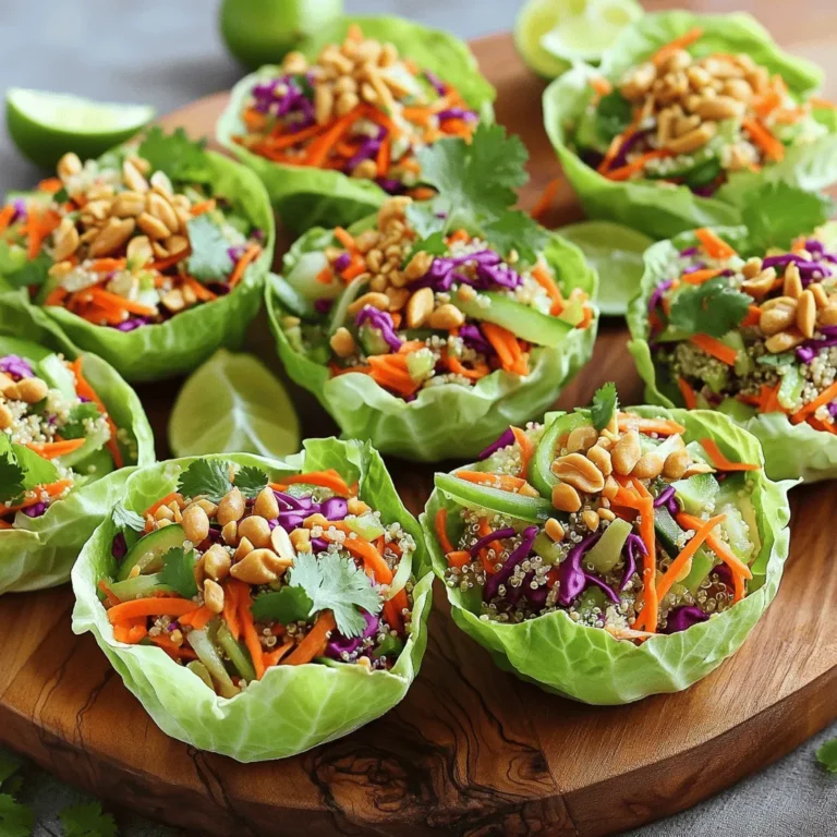 - 1 cup shredded carrots - 1 cup red cabbage, finely shredded - 1 bell pepper (red or yellow), julienned - 1 cucumber, peeled and diced - 1 cup cooked quinoa - Rice noodles (alternative) - 1 lime, juiced - 2 tablespoons peanut butter - 1 tablespoon soy sauce - 1 tablespoon maple syrup (or honey) - 1 tablespoon sesame oil - Salt and pepper to taste - 1/4 cup fresh cilantro, chopped - 1/4 cup roasted peanuts, crushed - 8 small lettuce leaves (butter lettuce or romaine) When I create Thai Peanut Crunch Salad Cups, I focus on fresh, vibrant ingredients. The main veggies are shredded carrots, red cabbage, bell peppers, and cucumbers. Each adds color and crunch. For protein and grains, I use cooked quinoa. It gives a nice base. If you want a twist, try rice noodles instead. They add great texture. The dressing is key. I mix fresh lime juice, peanut butter, soy sauce, maple syrup, and sesame oil. This blend is creamy and zesty. I add salt and pepper to taste. Finally, I love garnishing my salad cups. Fresh cilantro and crushed peanuts provide extra flavor and crunch. I use small lettuce leaves as cups, perfect for holding the salad. To make the salad cups, start with the carrots and cabbage. Use a box grater to shred the carrots quickly. For the cabbage, cut it in half. Remove the core and shred it with a knife. This gives a nice crunch. Next, for the bell pepper, slice it in half. Remove the seeds and stem. Then, cut the pepper into thin strips, known as julienning. For the cucumber, peel it first. Then, slice it in half and remove the seeds. Dice it into small pieces. Grab a small bowl to make the dressing. Add lime juice, peanut butter, soy sauce, maple syrup, and sesame oil. Use a whisk to mix them well together. This helps combine the flavors evenly. If the dressing is thick, add a little water. This will help it pour easily over the salad. In a large bowl, combine the shredded carrots, cabbage, bell pepper, diced cucumber, cooked quinoa, and chopped cilantro. Mix them well with a spoon until everything is evenly distributed. Now, take a lettuce leaf. Spoon a generous amount of salad mixture into the center. Be careful not to overfill. This makes it easy to fold and hold. For a great presentation, arrange the filled salad cups on a platter. You can sprinkle crushed peanuts and cilantro on top for a nice touch. Serve with lime wedges on the side. This adds extra flavor and freshness when eating. To make your salad shine, adjust the seasoning with salt and pepper. Start with a small pinch of salt. Taste and add more if needed. Use fresh ground pepper for a bright flavor. This simple trick can change the taste. Balancing the dressing flavors is key too. Mix lime juice, peanut butter, soy sauce, and maple syrup. If it tastes too sour, add more maple syrup. If it’s too sweet, add a touch of soy sauce. Always taste as you go! Prepare your ingredients ahead of time. Shred the carrots and cabbage the night before. This saves time and keeps your salad fresh. Store each vegetable in a sealed container. You can also cook the quinoa in advance. Just let it cool before using. To keep salad cups fresh until serving, leave the dressing off until you are ready to eat. If you mix everything too early, the lettuce will get soggy. Assemble your cups right before serving for the best crunch! Use a large mixing bowl for the salad. A glass or stainless-steel bowl works best. They are easy to clean and won’t hold onto odors. A whisk is great for mixing the dressing. A simple balloon whisk will do just fine. For cutting vegetables, use a sharp chef's knife. Make sure it is well-maintained for safety and ease. For julienning the bell pepper, slice it into strips first, then cut those into smaller pieces. This makes the task quick and easy! {{image_2}} If you want to change up the crunch, you can use different veggies. Try adding snap peas or radishes for a fresh twist. You can even use shredded zucchini! These options add great texture. For protein, chicken or tofu work well. Cooked chicken adds heartiness. Tofu is great if you want a plant-based option. Just make sure to season it well! Want a kick? Try adding sriracha to your peanut dressing. This will give it a spicy twist. If you prefer a milder flavor, use less peanut butter and more lime juice. For a vegan option, you can swap the honey for agave syrup. This keeps it sweet without any animal products. You can also use sunflower seed butter if you have a nut allergy. Serve salad cups in fun ways. Try using small jars or bowls for a unique look. You can stack the cups on a platter for a colorful display. Pair these cups with grilled chicken or shrimp for a full meal. A side of jasmine rice makes it even better. You can also serve a light soup to round out your dinner. To store your Thai Peanut Crunch Salad Cups, use airtight containers. Make sure you keep the salad mixture separate from the lettuce cups. This keeps the lettuce crisp and fresh. If stored correctly, the salad cups can last for up to three days in the fridge. Always check for freshness before eating. Freezing the salad mixture can be tricky. The crunchy veggies may lose their texture. If you choose to freeze, do it without the dressing. Use freezer-safe containers or bags. Label them with the date. This way, you can keep track of how long they’ve been in the freezer. Aim to use them within a month for the best taste. To keep the ingredients crisp, store them in the fridge wrapped tightly. You can also add a damp paper towel to the container. This helps keep moisture in. If the salad loses some crunch, try refreshing it. Just toss it gently with a splash of lime juice. This can help revive the flavors and crispness before serving. Thai Peanut Crunch Salad Cups last for about 2 to 3 days in the fridge. Store them in an airtight container. The veggies stay fresh, but the lettuce may wilt. For best taste, eat them sooner rather than later. Yes, you can prepare the salad cups in advance! Chop all the veggies and make the dressing ahead. Keep the salad mix and dressing in separate containers. When you are ready to eat, just combine them and fill the lettuce cups. This keeps everything fresh and crisp. Yes, these salad cups can be gluten-free! Just ensure you use gluten-free soy sauce. Most of the other ingredients are naturally gluten-free. This makes it a great dish for those with gluten sensitivity. If you have allergies, you can use sun butter or almond butter instead of peanut butter. These options give a similar creamy texture. You can also try tahini or a soy-based dressing for a nut-free alternative. Adjust the taste as needed to match your preference. In this blog post, we explored making Thai Peanut Crunch Salad Cups. We covered each ingredient, from fresh veggies to proteins and dressing. I shared tips for prep and assembly, plus fun variations and storage information. These salad cups are not only tasty but also flexible. You can customize them to fit your taste and needs. Enjoy creating your version of these salad cups for a delicious meal any time!