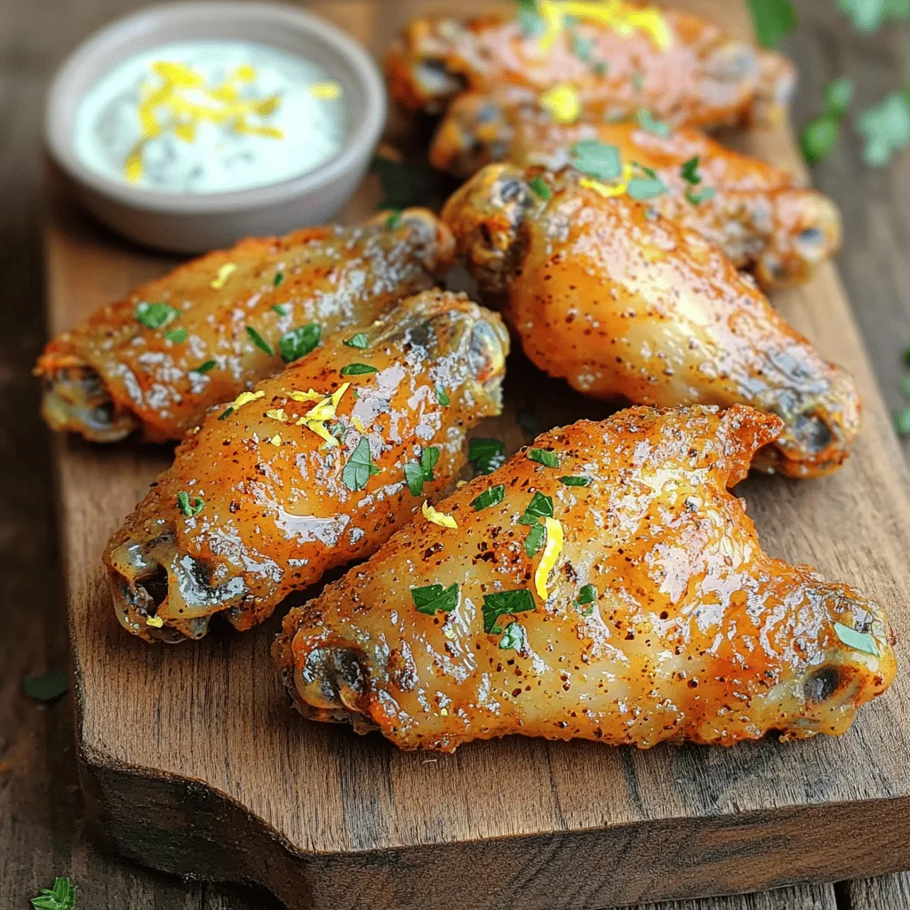- 2 pounds chicken wings - 2 tablespoons olive oil - 1 tablespoon lemon zest - 1 tablespoon lemon juice - 1 teaspoon garlic powder - 1 teaspoon onion powder - 1 teaspoon black pepper - 1 teaspoon salt - 1 teaspoon paprika - Fresh parsley, chopped To make Air Fryer Lemon Pepper Wings, gather your ingredients first. You will need two pounds of chicken wings. Look for fresh or frozen wings. Next, grab two tablespoons of olive oil. This oil adds flavor and helps the skin crisp up. For a zesty kick, get one tablespoon of lemon zest and one tablespoon of lemon juice. The zest gives a strong lemon flavor, while the juice adds brightness. Next, you’ll need to season those wings. Use one teaspoon each of garlic powder, onion powder, black pepper, salt, and paprika. These spices create a flavorful blend that really makes the wings pop. Finally, for garnish, have fresh parsley ready. Chopped parsley adds color and a fresh taste to your dish. Gather all these ingredients, and you’re set for a delicious cooking adventure! To start, you need to dry the wings well. Use paper towels to pat them. Make sure to get all the moisture off. Removing excess moisture is key. It helps the wings get crispy when cooked. If they are wet, they will steam instead of crisp. Next, let’s make the marinade. In a big bowl, mix olive oil, lemon zest, lemon juice, garlic powder, onion powder, black pepper, salt, and paprika. Stir it well until all is combined. After that, add the wings to the bowl. Make sure every wing gets coated with the marinade. Cover the bowl and let it sit for at least 30 minutes. If you have time, marinate for up to 2 hours. This will pack in more flavor. Before you cook, preheat your air fryer to 380°F (193°C) for 5 minutes. Once preheated, place the marinated wings in the basket. Make sure they are in a single layer. If you have too many, cook them in batches. Set the timer for 25-30 minutes. Halfway through, shake the basket to help them cook evenly. When the wings turn golden brown and crispy, they are done. If you want them extra crispy, add 5 more minutes. Once cooked, take them out and garnish with fresh chopped parsley. Enjoy your tasty wings! To make your wings crispy, dry them well before cooking. Pat them with paper towels. This removes extra moisture. Moisture can make wings soggy. For even crispier wings, check them halfway through cooking. If they are not as crispy as you want, add 5 more minutes. Marinating your wings is key for flavor. Mix all the marinade ingredients well and coat the wings evenly. Cover the bowl and let them sit. For best flavor, marinate for at least 30 minutes. If you can wait, marinate for up to 2 hours. The longer they sit, the more flavor they soak up. These wings pair well with many sides. Serve them with crispy fries or a fresh salad. For a fun touch, add some celery sticks. They also need a great dipping sauce. Try ranch, blue cheese, or a spicy sauce to complement the lemon flavor. {{image_2}} You can switch things up with different seasonings. Try adding smoked paprika for a deeper flavor. You can also use cayenne pepper for some heat. Another fun idea is to mix in some herbs like thyme or oregano for a fresh twist. For citrus, if you want a change, lime works great. It gives a nice zing. You can also use orange, which adds a sweet touch. Experiment with different zests to find a mix you love. Oven-baked wings are an option if you don’t have an air fryer. They take longer to cook, about 40-45 minutes. Spread them on a baking sheet for even cooking. Just remember to flip them halfway through. Deep frying gives wings a very crispy texture. However, it adds extra oil and calories. Air frying uses less oil and cooks faster. Plus, it keeps the wings juicy inside while crisping them up outside. If you need gluten-free wings, check your spices. Most are safe, but some brands add gluten. Always read labels to be sure. For low-sodium options, cut back on salt. You can also use low-sodium soy sauce instead. This way, you still get great flavor without the extra sodium. Enjoy your tasty wings with these easy swaps! To keep your lemon pepper wings fresh, cool them down first. Place them on a plate for about 30 minutes. This helps prevent moisture buildup. Once cooled, pack the wings in an airtight container. This will help keep them crispy and tasty. I suggest using glass containers for the best results. You can also use heavy-duty plastic containers. When it's time to eat the leftovers, you want them crispy again. The best way to reheat wings is in the air fryer. Set the air fryer to 375°F (190°C) and cook for 5 to 8 minutes. This method keeps the wings nice and crispy. If you use a microwave, they may get soggy. If you must use a microwave, heat them in short bursts of 30 seconds. Check often to avoid overcooking. If you want to save some wings for later, freezing is a great option. First, let the wings cool completely. Then, place them in a single layer on a baking sheet. Freeze them for about 2 hours. Once frozen, transfer them to a freezer bag. Make sure to squeeze out all the air. For best taste, use them within 3 months. When you're ready to eat, thaw them in the fridge overnight. Then, reheat as suggested for the best flavor. To make your wings extra crispy, start by drying them well. Use paper towels to pat them dry. This removes moisture, which can make them soggy. After drying, coat the wings with olive oil and spices. The oil helps crisp the skin. Cook them in a single layer in your air fryer. Avoid overcrowding the basket. If you want even more crunch, cook them a little longer. Check them after 25 minutes. If they're not golden brown yet, add 5 more minutes. You can cook frozen wings in the air fryer, but it takes longer. If you use frozen wings, increase the cooking time to about 30-35 minutes. Make sure to check their internal temperature. They should reach 165°F (74°C) to be safe to eat. Thawed wings are better if you want a crispier texture. They cook faster and brown more evenly. If you have time, thaw your wings in the fridge overnight for the best results. Lemon pepper wings go well with many dipping sauces. Here are some great options: - Ranch dressing - Blue cheese dressing - Honey mustard - Spicy buffalo sauce - Garlic aioli These sauces add extra flavor and make your wings even more tasty. Try a few to find your favorite! In this post, we covered how to make tasty lemon pepper chicken wings. We discussed the key ingredients, seasoning, and marination process for maximum flavor. Then, I shared tips for cooking in an air fryer and ensuring crispiness. Finally, we explored serving ideas and how to store leftovers. Enjoy these easy wings at your next meal. With simple steps, you’ll impress everyone with great flavor!