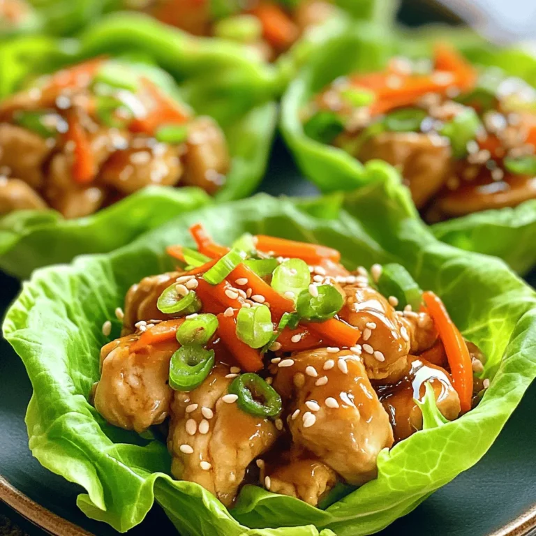 For this tasty dish, you will need: - 1 lb chicken breast, diced - 1/4 cup teriyaki sauce - 1 tablespoon sesame oil - 1 tablespoon olive oil - 2 cloves garlic, minced - 1-inch piece ginger, grated - 1 cup carrots, shredded - 1/2 cup red bell pepper, diced - 1/4 cup green onions, sliced - Salt and pepper to taste - 1 head of butter lettuce or iceberg lettuce (for cups) These ingredients work together to create a burst of flavor. You can add some fun garnishes to enhance your dish: - Sesame seeds for a nutty crunch - Extra green onions for freshness - Chopped cilantro for a herbal note Garnishes give your meal a nice finish. To prepare teriyaki chicken lettuce cups, gather these tools: - A large skillet for cooking - A cutting board for chopping - A sharp knife for easy slicing - Mixing bowls for marinating chicken - Measuring cups and spoons for accuracy These tools make cooking simple and fun. With the right ingredients and tools, you can create a delicious meal in no time! To start, you need to marinate the chicken. Take 1 pound of diced chicken breast and put it in a bowl. Add 1/4 cup of teriyaki sauce, salt, and pepper. Mix it well to coat the chicken. Cover the bowl and let it sit for at least 15 minutes. This makes the chicken flavorful and juicy. Next, heat a large skillet over medium heat. Pour in 1 tablespoon of sesame oil and 1 tablespoon of olive oil. Once the oil is hot, add the marinated chicken to the skillet. Cook for 5 to 7 minutes, stirring often. You want the chicken to brown and cook through. After that, add 2 cloves of minced garlic and 1-inch piece of grated ginger. Cook this mixture for 2 more minutes until you smell the great aroma. Now, it’s time to add the veggies. Toss in 1 cup of shredded carrots and 1/2 cup of diced red bell pepper. Stir everything together and cook for another 2 to 3 minutes. The vegetables should be tender but still crisp. Finally, remove the skillet from heat and mix in 1/4 cup of sliced green onions. Taste and add salt or pepper if needed. Now you can assemble the lettuce cups. Take a head of butter or iceberg lettuce and gently separate the leaves. These will be your cups. Spoon the teriyaki chicken mixture into each lettuce leaf. Make sure to fill them generously. To finish, sprinkle sesame seeds on top of each filled cup. Enjoy your flavorful and easy meal! To make the best teriyaki chicken, marinating is key. Use a bowl to mix the diced chicken, teriyaki sauce, salt, and pepper. Make sure every piece is coated. Let it sit for at least 15 minutes. If you have time, marinate for 30 minutes to an hour. This helps the chicken soak up flavors. When cooking, keep the heat at medium. If the heat is too high, the chicken can dry out. Cook the chicken for 5-7 minutes. Stir often for even cooking. You want the chicken to be golden brown, not burnt. Add garlic and ginger toward the end for a fresh taste. Don't cook them for too long, or they will burn. Choose a head of butter or iceberg lettuce. Rinse the leaves gently under cold water. Pat them dry with a towel. Carefully separate the leaves to keep them whole. These leaves will hold the chicken mixture well. They should be sturdy enough to hold a good amount of filling. {{image_2}} If you want to switch up the protein, consider using pork or shrimp. Diced pork tenderloin works well in this dish. Just marinate it the same way as chicken. Cook it for about 6-8 minutes until it's browned and cooked through. Shrimp is another great choice. Use peeled, deveined shrimp and cook them for about 3-4 minutes. Both options keep the delicious teriyaki flavor. You can easily make this dish vegetarian or vegan. For a vegetarian version, use tofu or tempeh. Press and cube the tofu, then marinate it like the chicken. Cook it until golden brown. For a vegan option, use tempeh instead. It has a nice texture and absorbs flavors well. Add extra veggies like mushrooms or bell peppers for more taste and nutrition. Feel free to get creative with flavors! You can add crushed red pepper for heat or a splash of lime juice for zest. Consider mixing in water chestnuts for crunch or nuts like cashews for a rich taste. Fresh herbs, like cilantro or basil, can also brighten the dish. Experiment with different vegetables to find your favorite combination. The goal is to make it fun and tasty! To keep leftover teriyaki chicken fresh, place it in an airtight container. Make sure to cool it down first. Store it in the fridge for up to three days. If you have leftover vegetables, you can store them with the chicken. However, keep the lettuce separate to avoid wilting. When it's time to reheat, use a skillet for the best results. Heat it on medium-low. Add a splash of water or extra teriyaki sauce to keep it moist. Stir often until the chicken is hot throughout. You can also use the microwave, but cover it to trap steam. This helps keep the chicken juicy. If you want to freeze teriyaki chicken, place it in a freezer-safe bag. Remove as much air as you can before sealing. This helps prevent freezer burn. You can freeze it for up to three months. When you’re ready to eat, thaw it overnight in the fridge. Reheat it in a skillet for the best texture. To make teriyaki sauce from scratch, mix soy sauce, honey, and rice vinegar. Add minced garlic and ginger for extra flavor. Whisk these together in a bowl. Cook the mixture in a saucepan over low heat. Stir until it thickens, which takes about 5 minutes. This sauce is simple and tastes great! Yes, you can use other types of lettuce. Butter lettuce and iceberg lettuce work well for cups. Romaine lettuce also makes a nice option. Just make sure the leaves are large enough to hold the filling. Choose what you like best! To check if chicken is cooked, cut a piece in half. The inside should be white, not pink. You can also use a meat thermometer. The chicken should reach 165°F (75°C) to be safe. This ensures your meal is tasty and healthy. In this blog post, we explored how to make tasty teriyaki chicken lettuce cups. We covered key ingredients, marinating, and cooking chicken to make it juicy. You learned tips for perfecting your marinade and how to assemble the cups neatly. Plus, we discussed fun variations and storage tips for leftovers. Making teriyaki chicken lettuce cups is easy and fun. Enjoy experimenting with flavors and sharing your tasty meals.