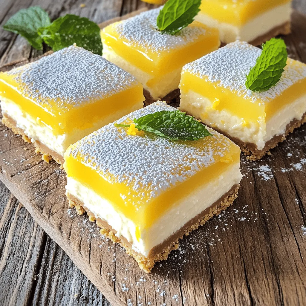 - Essential ingredients for the crust: - 1 ½ cups graham cracker crumbs - ½ cup unsalted butter, melted - ¼ cup granulated sugar - Key ingredients for the filling: - 16 oz cream cheese, softened - 1 cup granulated sugar (for filling) - 3 large eggs - ½ cup sour cream - Zest of 2 lemons - ¼ cup fresh lemon juice - 1 teaspoon vanilla extract - Pinch of salt - Optional garnishes and serving suggestions: - Powdered sugar, for dusting - Fresh mint leaves, for garnish To make the graham cracker crust, start by preheating your oven to 325°F (160°C). In a mixing bowl, combine 1 ½ cups of graham cracker crumbs, ½ cup of melted unsalted butter, and ¼ cup of granulated sugar. Mix these well until the crumbs are evenly coated. This step is crucial for a tasty base. Next, press the crumb mixture firmly into the bottom of a greased 9x9-inch baking pan. Use your hands or the bottom of a glass to make it even. Bake this crust in the preheated oven for 8-10 minutes. Look for a lightly golden color. After baking, take it out and let it cool completely. Now, it's time to make the filling. In a large mixing bowl, beat 16 oz of softened cream cheese with 1 cup of granulated sugar. Use a hand mixer or a stand mixer to make it smooth and creamy. This mixture should be thick but not lumpy. Add 3 large eggs, one at a time, mixing well after each addition. Make sure to scrape down the sides of the bowl to mix everything evenly. Then, incorporate ½ cup of sour cream, the zest of 2 lemons, ¼ cup of fresh lemon juice, 1 teaspoon of vanilla extract, and a pinch of salt. Mix until it is smooth and well blended. The lemon zest adds a fresh and vibrant flavor. Pour the lemon cheesecake filling onto the cooled crust. Spread it evenly across the surface. Bake it in the oven for 30-35 minutes. The center should be set but can still jiggle slightly. This ensures a creamy texture. Once it’s done baking, remove it from the oven. Let it cool at room temperature for a bit. After that, transfer it to the fridge. Chill for at least 4 hours or overnight for the best taste. When you’re ready to serve, lift the bars out of the pan using the edges of the parchment paper. Slice them into squares or rectangles for serving. To get the best texture in your lemon cheesecake bars, watch for a few key points. First, avoid overmixing the cream cheese. Mix until smooth, then add eggs. Adding eggs too quickly can make your filling airy. Next, bake at the right temperature. I suggest 325°F (160°C). If you bake too hot, the filling may crack. Keep an eye on the time. The bars should jiggle slightly in the middle when done. This means they are creamy and not overbaked. Chilling is vital for texture. After baking, let your bars cool at room temp. Then, chill them in the fridge for at least 4 hours. This helps the filling set properly. Garnishing your cheesecake bars can make them look even more tempting. Here are some fun ideas: - Dust with powdered sugar for a sweet touch. - Add fresh mint leaves on top for color. - Use lemon slices or zest for a bright look. When serving, slice the bars into squares or rectangles. This makes them easy to grab at gatherings. Serve them on a pretty plate to impress your guests. You can also pair these bars with fresh berries or a scoop of vanilla ice cream for extra flair. {{image_2}} To make gluten-free lemon cheesecake bars, you can swap the graham cracker crumbs. Use crushed gluten-free cookies or almond flour instead. Both options provide a tasty base. - Crust Ingredients: - 1 ½ cups gluten-free cookie crumbs or almond flour - ½ cup unsalted butter, melted - ¼ cup granulated sugar To keep the flavor and texture, ensure the butter is melted well. Mix until all crumbs are coated. Press the mixture firmly into your baking pan. Tips: - Make sure to check for cross-contamination in gluten-free ingredients. - Taste your crust before baking to adjust sweetness if needed. For vegan lemon cheesecake bars, you need to replace dairy and eggs. Use a plant-based cream cheese and flaxseed meal instead of eggs. This keeps the filling rich and creamy. - Filling Ingredients: - 16 oz plant-based cream cheese - 3 tablespoons flaxseed meal + 9 tablespoons water (as egg substitute) - Replace sour cream with non-dairy yogurt To get a creamy texture, blend the filling well. Use a food processor for smooth results. Best Practices: - Let the cream cheese come to room temperature before mixing. - Chill the bars for at least 4 hours to set properly. These variations let you enjoy lemon cheesecake bars no matter your dietary needs! To keep your lemon cheesecake bars fresh, store them in the fridge. Place the bars in an airtight container. This helps to keep moisture in and prevents them from absorbing other smells. They can last in the fridge for about 5 days. If you want to save some for later, freezing is a great option. Wrap each bar in plastic wrap and then place them in a freezer-safe bag. This keeps them safe from freezer burn. They can last up to 3 months in the freezer. When you want to eat them, just thaw in the fridge overnight. You may want to reheat your cheesecake bars. To do this safely, preheat your oven to 300°F (150°C). Place the bars on a baking sheet and warm them for about 10 minutes. This helps the filling stay creamy. To maintain their texture and flavor, avoid the microwave. Microwaving can change the creamy texture. Instead, stick to the oven for gentle heating. Enjoy your bars warm or chilled! Look for a few signs. First, check the edges. They should look set and slightly puffed. The center should jiggle just a little when you shake it. If it's too wobbly, it needs more time. A toothpick inserted in the center should come out clean or with a few moist crumbs. Remember, overbaking can dry out your bars, so stay alert! Yes, you can prepare these bars a day in advance. Bake and cool them as directed. Once cooled, cover them tightly with plastic wrap. They will stay fresh in the fridge. Chilling overnight enhances the flavors and makes them easier to slice. This step is key for a smooth texture! These bars pair well with many treats. Fresh berries like strawberries or blueberries add color and flavor. A dollop of whipped cream complements the tangy taste. For drinks, serve them with iced tea or lemonade. A light dessert wine also makes a great choice. The right pairing can elevate your dessert experience! You can, but fresh lemon juice is best. It gives a brighter, more vibrant flavor. Bottled juice may taste less fresh and have added preservatives. If you use bottled juice, choose one that’s 100% pure without additives. For the zest, always use fresh lemons for the best results. In this post, we explored how to make delicious lemon cheesecake bars. We covered the must-have ingredients for both the crust and filling. You learned how to prepare, bake, and cool your dessert perfectly. I shared tips to achieve the best texture and creative serving ideas. You can even try gluten-free and vegan versions. Remember, these bars freeze well and can be reheated easily. With these insights, you’re ready to enjoy your baking adventure and impress others with your tasty results. Happy baking!