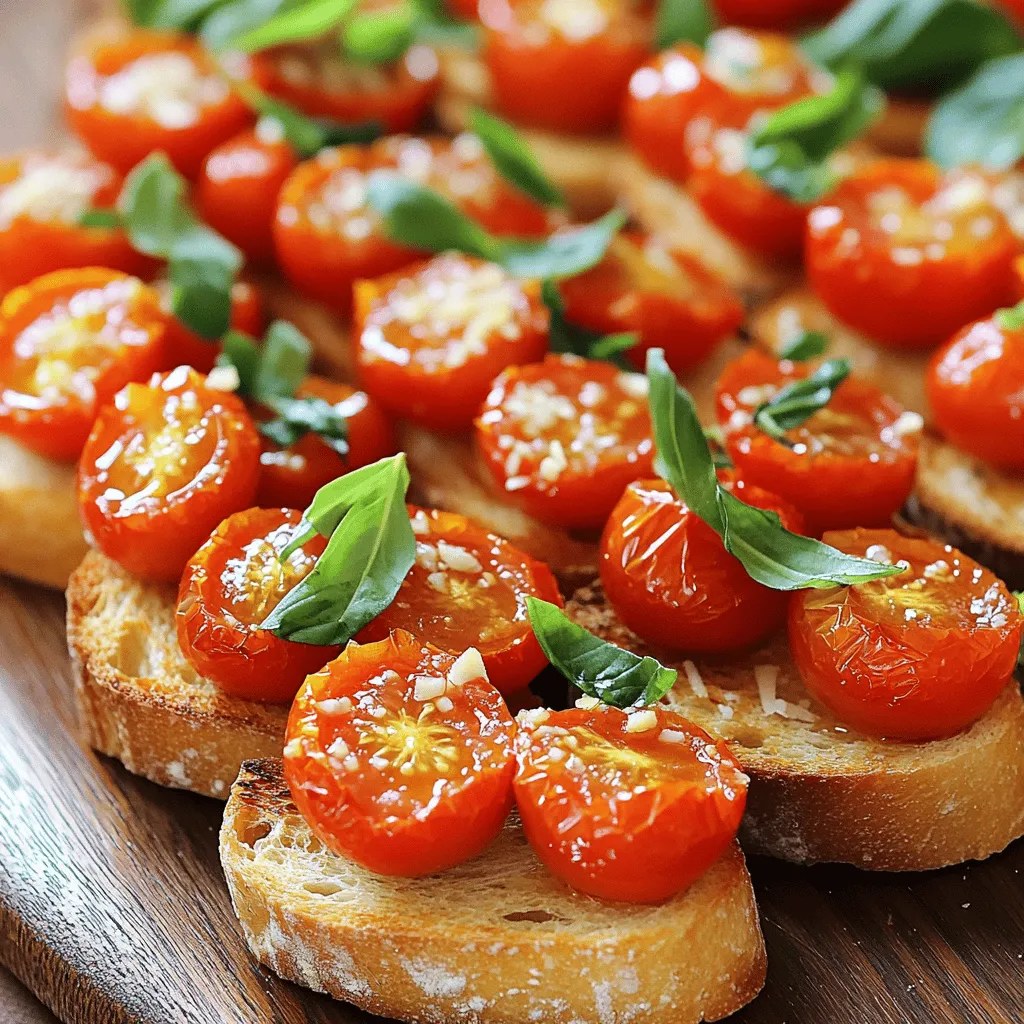 - 4 cups cherry tomatoes, halved - 3 tablespoons olive oil - 1 teaspoon balsamic vinegar - 1 teaspoon garlic powder - Salt and pepper to taste - 10 fresh basil leaves, chopped - 1 baguette, sliced into 1/2 inch pieces - 1 clove garlic, peeled - 1/4 cup grated Parmesan cheese (optional) For this roasted tomato basil bruschetta, you'll need fresh cherry tomatoes. They add sweetness and vibrant color. Olive oil brings richness, while balsamic vinegar adds a nice tang. Garlic powder boosts flavor, and seasoning with salt and pepper is key. Fresh basil gives that classic taste. Use a good baguette for the base. When toasted, it becomes crispy and crunchy. The garlic clove is for rubbing on the bread. It adds a subtle garlic flavor without being overpowering. If you like cheese, sprinkle Parmesan on top to finish the dish nicely. - Prep time: 15 minutes - Cook time: 30 minutes - Total time: 45 minutes - Servings: 10 pieces This recipe is quick and easy. You can have it ready in just 45 minutes. It serves about 10 pieces, perfect for a gathering or a simple snack. Enjoy the process of making this delightful appetizer! - Preheat oven to 400°F (200°C). - In a bowl, mix halved cherry tomatoes, olive oil, balsamic vinegar, garlic powder, salt, and pepper. Toss well to coat the tomatoes. - Spread the tomato mix on a baking sheet in a single layer. - Roast for 20-25 minutes until the tomatoes are soft and caramelized. - Brush one side of baguette slices with olive oil. - Place them on a baking sheet and toast in the oven for 5-7 minutes until golden. - After toasting, rub the garlic clove on the hot side of each slice. - Spoon the roasted tomato mix onto the garlic-rubbed side of each slice. - If you like, sprinkle with grated Parmesan cheese. - Serve the bruschetta warm and enjoy! To make the best Roasted Tomato Basil Bruschetta, start with ripe cherry tomatoes. These sweet little gems pack a lot of flavor. If you want a stronger taste, adjust the salt and pepper. You can add more or less to fit your liking. This will make the dish feel more personal to you. When serving, arrange the bruschetta on a wooden platter or a bright white plate. This helps the colors pop. It looks great and makes your food appear more inviting. Don’t forget to add a few fresh basil leaves on top. This simple touch adds beauty to your dish. I love pairing this bruschetta with a light salad or a sparkling drink. These sides make the meal feel fresh and vibrant. Serve the bruschetta right away for the best taste and texture. Warm bread with juicy tomatoes creates a delightful bite. Enjoy the burst of flavors! {{image_2}} You can swap fresh tomatoes for sun-dried tomatoes. This will give your bruschetta a richer taste. Another tasty twist is to use different cheeses. Feta or goat cheese can add a creamy texture. Both options can change the flavor profile of your dish. Seasonal vegetables can elevate your bruschetta. Try adding zucchini or bell peppers for extra color and taste. These veggies bring freshness, especially in summer. You can also experiment with different herbs. Oregano or thyme can add unique flavors that complement the tomatoes. Bread choice can change the whole dish. Whole-grain or gluten-free baguette options work well. They offer different textures and flavors that are just as good. You can also use crostini for a crunchier alternative. This adds a fun bite to your appetizer. Feel free to get creative with these variations! Store any leftover bruschetta in an airtight container. This keeps it fresh. Refrigerate for up to 2 days. However, it is best when fresh. The flavors are brighter when served right after making. Gently reheat the bruschetta in the oven. This helps avoid sogginess. Set the oven to low heat. If the bread is too soft, consider making fresh toast. This will give you that nice crunch again. You can freeze the roasted tomato mixture without the bread. Place it in a freezer-safe bag or container. Use within one month for the best flavor. When ready to use, just thaw it in the fridge overnight. To make this tasty dish, follow these simple steps: 1. Preheat your oven to 400°F (200°C). 2. Mix halved cherry tomatoes, olive oil, balsamic vinegar, garlic powder, salt, and pepper in a bowl. 3. Spread the mixture on a baking sheet and roast for 20-25 minutes. 4. While roasting, slice the baguette into 1/2 inch pieces and brush with olive oil. 5. Toast the baguette slices in the oven for 5-7 minutes. 6. Rub a peeled garlic clove on the toasted side of the bread. 7. Once the tomatoes cool, mix in chopped basil. 8. Spoon the tomato mix onto the garlic-rubbed side of each baguette slice. 9. Optionally, sprinkle grated Parmesan cheese on top and enjoy! The best bread for bruschetta is a crusty baguette. Look for: - A fresh baguette for the best flavor. - Bread with a firm crust for crunch. - Whole-grain options for added texture and flavor. You can prep some parts in advance: - Roast the tomatoes and store them in the fridge for up to two days. - Toast the baguette right before serving for crispness. - Assemble the bruschetta just before serving to keep it fresh. If you lack basil, try these herbs: - Fresh parsley offers a bright taste. - Oregano gives a nice earthy flavor. - Chives add a mild onion taste. Bruschetta lasts about two days in the fridge. To store: - Keep it in an airtight container. - The bread will become soft, so it’s best to eat it fresh. Yes, bruschetta can be healthy due to its simple ingredients: - Cherry tomatoes are low in calories and high in vitamins. - Olive oil offers healthy fats. - Fresh basil adds nutrients and flavor without extra calories. In this blog post, we covered a simple and tasty roasted tomato basil bruschetta recipe. We discussed the ingredients, prep and cook times, and detailed steps for making it. Tips for perfecting the dish and creative variations were included, along with storage info. Bruschetta is versatile and fun to make. You can enjoy it fresh or try different toppings. Create your own version and impress your friends at any gathering. Enjoy the process and have fun in the kitchen!