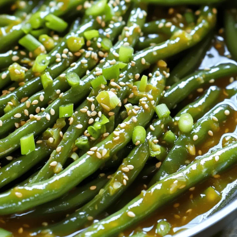 - 1 pound fresh green beans, trimmed - 3 tablespoons soy sauce - 2 tablespoons honey or maple syrup - 3 cloves garlic, minced - 1 tablespoon sesame oil - 1 teaspoon ground ginger - Salt and pepper to taste - 1 tablespoon sesame seeds - Chopped scallions for garnish If you want to switch things up, here are some easy swaps. - For soy sauce, use tamari or coconut aminos for a gluten-free option. - Swap honey with maple syrup for a vegan choice. - Try adding more spices or herbs to enhance flavor. Ginger powder or red pepper flakes work well. These ingredients make the dish sweet, savory, and super tasty. You can mix and match based on your needs. Enjoy experimenting! 1. Start by boiling a large pot of water. This water needs to be really hot. 2. Add the trimmed green beans and let them cook for 2-3 minutes. They should turn bright green and be tender-crisp. 3. After cooking, drain the green beans. Quickly move them to an ice bath. This method stops the cooking and keeps their color bright. 4. Leave the green beans in the ice water for a few minutes. Then, drain them again and set aside. 1. In a large skillet or wok, heat 1 tablespoon of sesame oil over medium heat. The oil should shimmer, but not smoke. 2. Add the minced garlic and sauté for about 30 seconds. You want it fragrant, not browned. 3. Now, whisk in 3 tablespoons of soy sauce, 2 tablespoons of honey or maple syrup, and 1 teaspoon of ground ginger. Mix well. 4. Bring this mixture to a simmer. Let it cook for 2-3 minutes. It will thicken a bit, which is perfect for coating the beans. 1. Add the blanched green beans to the skillet. Toss them well in the sauce. 2. Make sure every bean gets coated evenly. This helps all the flavors blend together. 3. Cook for an additional 2-3 minutes until the beans are heated through. 4. Season with salt and pepper to taste. If you like, sprinkle 1 tablespoon of sesame seeds on top for extra crunch. 5. Finally, garnish with chopped scallions before serving. Enjoy your flavorful side dish! To achieve the perfect crunch in green beans, start by blanching them. Boil the trimmed green beans for 2-3 minutes. They should turn bright green but stay firm. Next, cool them quickly in an ice bath. This stops the cooking and keeps them crisp. When sautéing garlic, timing is key. Heat the sesame oil over medium heat. Add the minced garlic and sauté for only 30 seconds. You want it fragrant but not brown. If it burns, the flavor turns bitter. If you like spice, consider adding chili flakes. Just a pinch can bring warmth to the dish. Be careful not to add too much, as you want to enhance, not overpower. Balancing sweetness and saltiness is vital. The soy sauce adds salt, while honey or maple syrup brings sweetness. Taste the sauce and adjust as needed. You might find you want a bit more of one or the other. For presentation, garnish your green beans with chopped scallions. This adds color and freshness. You can also sprinkle sesame seeds on top for extra crunch. Serve the green beans alongside grilled chicken or rice. They complement many dishes well. This side dish will impress anyone at your table! {{image_2}} You can change up the veggies in this dish. Try using asparagus or broccoli instead of green beans. Both will soak up that sweet soy garlic sauce well. You can also add protein to make it a full meal. Chicken or tofu works great here. Just cook the protein first, then add the veggies. Want to switch things up? You can use different sweeteners. Agave syrup or brown sugar can replace honey or maple syrup. This gives you a new taste each time. Adding citrus zest is another fun way to brighten the dish. Lemon or lime zest adds a refreshing twist. You can also change how you cook the green beans. Roasting them in the oven gives a nice caramelized flavor. Just toss them in oil and seasonings, then roast until tender. Grilling the green beans is another option. This method adds a smoky flavor that pairs well with the sweet sauce. To store your Sweet Soy Garlic Green Beans, use an airtight container. Glass containers work best. You can keep them in the fridge for up to 3 days. Make sure they cool down first before sealing. This helps avoid moisture buildup. You can reheat the green beans in two ways: the microwave or stovetop. For the microwave, place them in a bowl and cover with a damp paper towel. Heat for about 1-2 minutes. For stovetop, warm them in a skillet over medium heat. Add a splash of water to keep them moist. This helps the beans stay tender and flavorful. If you want to freeze your green beans, start by blanching them first. This keeps their bright color and crunch. After blanching, cool them in ice water, then drain. Use freezer-safe bags or containers. Make sure to remove as much air as possible before sealing. They can stay fresh in the freezer for up to 3 months. To make Sweet Soy Garlic Green Beans vegan, swap honey for a plant-based sweetener, like maple syrup. This change gives your dish a similar sweetness without using animal products. You can also use tamari instead of soy sauce for a gluten-free option. Yes, you can use frozen green beans. Thaw them first for even cooking. Frozen beans may not need blanching. You can skip that step. Just sauté them a bit longer until they are tender. Fresh beans have a better crunch, but frozen beans work fine in a pinch. These green beans go well with grilled chicken, fish, or tofu. They also pair nicely with rice or quinoa. If you want a complete meal, serve them with stir-fried veggies or a fresh salad. The sweet and salty flavor complements many main courses. Look for bright green color and a tender-crisp texture. You want them to be bright but still have a little bite. If they look dull or mushy, they are overcooked. You can also taste one to check if it’s cooked to your liking. In this blog post, we explored a tasty Sweet Soy Garlic Green Beans recipe. We covered the main ingredients and optional additions. I shared tips for cooking and flavor enhancements to make this dish shine. You learned how to store leftovers and experimented with variations. Remember, green beans can be versatile for any meal. Experiment with ingredients and methods. Enjoy the cooking journey and delight in delicious green beans!