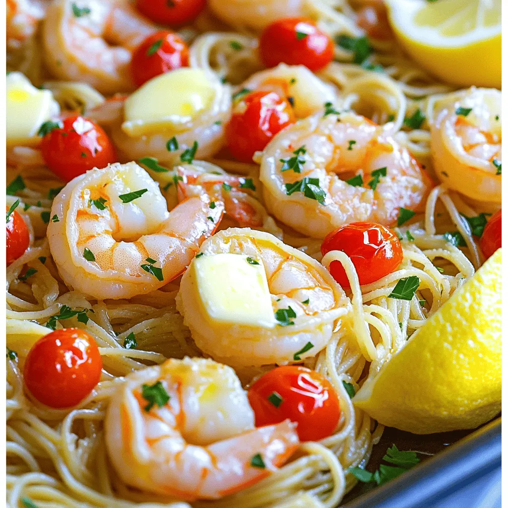 For this dish, you need fresh shrimp. I use 1 pound of large shrimp, peeled and deveined. This gives a sweet, tender bite. Next, we need 6 tablespoons of unsalted butter. This is the base for our garlic butter sauce. You also need 5 cloves of garlic, minced. Garlic adds great flavor. Lastly, grab 1 lemon to zest and juice. The lemon brightens the dish and adds a fresh taste. A few key flavor enhancers make this meal pop. I like to add 1 teaspoon of red pepper flakes. This gives a nice kick without being too hot. You’ll also need 1 cup of cherry tomatoes, halved. These add color and a juicy burst. Don’t forget salt and pepper to taste. These simple seasonings make a big difference. For pasta, I suggest 8 ounces of either uncooked linguine or spaghetti. Both types work well, so choose your favorite. You will also need 2 cups of vegetable broth. This keeps the pasta moist while cooking. It adds extra flavor to the dish, making it even better. Start by preheating your oven to 400°F (200°C). This gets it ready for our shrimp scampi. Next, take a small bowl and mix six tablespoons of melted butter, five minced garlic cloves, one teaspoon of red pepper flakes, the juice and zest of one lemon. This mix will add great flavor. On a large baking sheet, spread eight ounces of uncooked linguine evenly. Then, add one cup of halved cherry tomatoes on top of the pasta. Pour in two cups of vegetable broth. Make sure the pasta is mostly submerged. This helps it cook well. Now, arrange one pound of peeled and deveined shrimp on top of the pasta and tomatoes. Drizzle the garlic butter sauce all over the dish. Don't forget to sprinkle salt and pepper to taste. Place the baking sheet in the oven. Bake for 15 to 20 minutes. You’ll know it’s ready when the shrimp turn pink and opaque. The pasta should be cooked al dente, just right! Once it’s done, take the baking sheet out of the oven. Gently toss everything to combine the flavors. Garnish with one tablespoon of chopped fresh parsley for that pop of color. Serve hot right from the baking sheet for a fun family-style meal. You can also plate it individually. Adding extra lemon wedges will brighten up the dish. Enjoy your meal! To cook great shrimp, start with fresh or thawed shrimp. The size matters, so choose large shrimp for this dish. Peel and devein them for the best flavor. When cooking, watch the color closely. Shrimp should turn pink and opaque. Overcooking makes them tough, so keep an eye on the time. Bake them for just 15-20 minutes. This way, they stay juicy. For a richer garlic butter sauce, use good quality unsalted butter. Fresh garlic gives the best taste. You can add more garlic if you love the flavor. Mix in lemon zest and juice to brighten the dish. If you want a kick, add a bit more red pepper flakes. This adds heat and flavor. Drizzle this sauce generously over the shrimp and pasta before baking. Serve the dish straight from the baking sheet for a casual style. This makes it easy and fun for everyone. Add extra lemon wedges and parsley on top for color. You can also sprinkle some grated Parmesan cheese for a creamy touch. Pair the meal with a fresh salad or crusty bread to soak up the sauce. This will make your dinner even better! {{image_2}} You can easily change some ingredients to fit your taste or what you have. If you don’t have shrimp, try using chicken or scallops. Both will work well with the garlic butter sauce. For a vegetarian option, use mushrooms or zucchini instead of shrimp. If you need a dairy-free choice, swap the butter for olive oil or vegan butter. You can still enjoy rich flavors with these swaps. While linguine and spaghetti are great, you can use any pasta you like. Bowtie or penne work well too. If you want a low-carb version, try zucchini noodles or spaghetti squash. They will soak up the sauce nicely and add freshness to the dish. Just make sure to adjust the cooking time if using fresh pasta or alternatives. If you love heat, add more red pepper flakes. Try using a pinch more to kick it up a notch. For those who prefer milder flavors, use less or skip them altogether. You can also add fresh herbs like basil or cilantro to bring a different taste. If you want a tangy twist, add some capers or a splash of hot sauce. After you enjoy your meal, cool the leftovers. Place them in an airtight container. Store in the fridge for up to three days. This way, you keep the shrimp and pasta fresh. If you have a lot left, consider dividing it into smaller portions. This makes reheating easier later. To reheat, use a microwave-safe dish. Add a splash of broth or water to keep it moist. Heat in the microwave for one to two minutes. Stir halfway through to ensure even warming. You can also reheat on the stovetop. Just warm it over low heat in a pan. Stir gently until heated through. If you want to save it longer, freezing is a good option. Place the cooled leftovers in a freezer-safe bag. Squeeze out as much air as possible before sealing. This helps prevent freezer burn. Label the bag with the date. You can freeze it for up to three months. When ready to eat, thaw in the fridge overnight. Reheat as mentioned above for the best taste. Yes, you can use frozen shrimp. Just make sure to thaw them first. Place the shrimp in a bowl of cold water for about 15-20 minutes. This will help them thaw quickly. After thawing, pat them dry with a paper towel. This step helps the shrimp cook evenly and get that nice flavor. Shrimp are done when they turn pink and opaque. Check the color; it should be bright pink. The flesh should also be firm to the touch. If you see that, your shrimp are ready. It usually takes about 15-20 minutes in the oven. Keep an eye on them to avoid overcooking. This dish pairs well with many sides. Here are some ideas: - A fresh green salad for crunch - Garlic bread for that extra flavor - Steamed vegetables for a healthy touch - Rice or quinoa as a filling base Serve any of these sides to make the meal even better! This blog post covered all key steps to make perfect Garlic Butter Shrimp Scampi. You learned about essential ingredients, the best cooking methods, and great tips for great flavor. Don’t forget to try different pasta or spice adjustments to fit your taste. With these methods, you can create a delicious meal at home, impressing your family and friends. Enjoy your cooking journey, and remember, practice makes perfect!