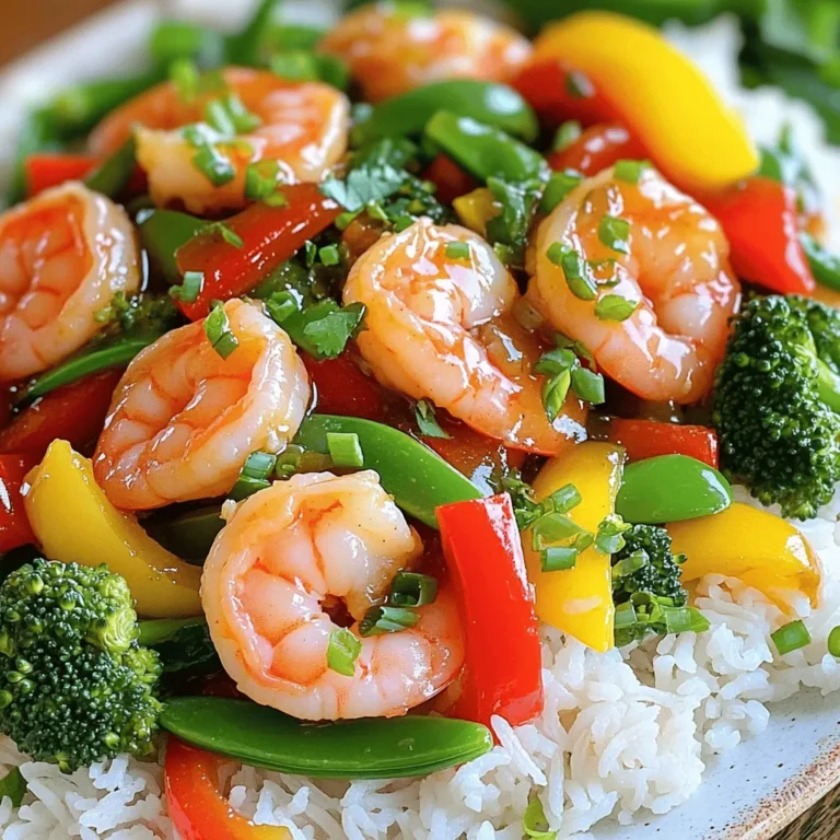 For this Honey Garlic Shrimp Stir Fry, you'll need a mix of core and additional ingredients. Here’s what you need: - 1 pound large shrimp, peeled and deveined - 2 tablespoons honey - 3 tablespoons soy sauce - 1 tablespoon sesame oil - 2 cloves garlic, minced - 1 teaspoon fresh ginger, grated - 1 bell pepper (red or yellow), sliced - 1 cup snap peas - 1 cup broccoli florets - 2 green onions, sliced - 2 tablespoons vegetable oil Pair this dish with cooked rice or quinoa for a filling meal. Both options soak up the sauce well. Garnish with sliced green onions for a fresh touch. You can also add sesame seeds for some crunch. Enjoy your meal with a side of your choice! To prepare the shrimp, start by peeling and deveining them. Hold the shrimp firmly and remove the shell. Then, make a shallow cut along the back to remove the dark vein. Rinse the shrimp in cold water and pat them dry with a paper towel. Next, prep the vegetables. Slice the bell pepper into thin strips. You can choose red or yellow, based on your taste. For the broccoli, chop it into small florets. This helps them cook evenly. Now, let’s fry the shrimp. Heat 1 tablespoon of vegetable oil in a large skillet over medium-high heat. Add the shrimp in a single layer. Cook them for 2-3 minutes on each side. They will turn pink and opaque when done. Remove them from the pan and set them aside. In the same skillet, add the remaining tablespoon of vegetable oil. Stir in the sliced bell pepper, snap peas, and broccoli. Stir-fry the vegetables for 3-5 minutes. You want them to be tender-crisp, not mushy. It’s time to add the sauce! Return the cooked shrimp to the pan. Pour the honey garlic sauce over the shrimp and vegetables. Toss everything together to coat well. Stir-fry for an additional 1-2 minutes to heat through. For an even distribution of sauce, use a spatula to mix gently. This ensures every bite is packed with flavor. Serve the dish over cooked rice or quinoa for a complete meal. Enjoy your flavorful Honey Garlic Shrimp Stir Fry! To get the perfect shrimp texture, start with large shrimp. Look for ones that are firm and fresh. When cooking, avoid crowding the pan. This helps shrimp cook evenly. They should turn pink and opaque without being rubbery. For crisp veggies, stir-fry on high heat. Use a large skillet or wok. Cook your bell pepper, snap peas, and broccoli for just 3 to 5 minutes. They should stay bright and crunchy. One common mistake is overcooking shrimp. It only takes 2 to 3 minutes on each side. If you cook them too long, they become tough. Another mistake is letting your veggies get soggy. Stir-fry them quickly and keep the heat high. This keeps them crisp and vibrant. To add more flavor, consider adding chili flakes. A pinch can give a nice kick to the dish. You can also squeeze fresh lime juice over it before serving. This adds brightness to the sweet and savory sauce. {{image_2}} You can easily swap shrimp for chicken or tofu. Chicken will cook fast, just like shrimp. Tofu adds a nice texture and soaks up flavor. For veggies, try carrots, bell peppers, or mushrooms. These will add color and crunch. You can mix and match your favorites. If you need a gluten-free option, use tamari instead of soy sauce. Tamari has a similar taste without gluten. For a vegan option, replace shrimp with tofu. You can keep the honey or use maple syrup for sweetness. This way, everyone can enjoy the dish! Pair this stir fry with rice or quinoa for a filling meal. You can also serve it over noodles for a fun twist. To present the dish, use a large bowl or plate. Top it with fresh green onions for color. A slice of lime adds a nice touch and flavor too! To keep your Honey Garlic Shrimp Stir Fry fresh, store leftovers in an airtight container. This helps keep the flavors intact. You can safely store it in the fridge for up to three days. After that, the shrimp may lose quality and taste. You can freeze this dish for longer storage. To freeze, place the stir fry in a freezer-safe container. Make sure to leave some space at the top for expansion. It can last in the freezer for up to three months. For best results, freeze it right after cooking. To thaw, move the container to the fridge overnight. If you need it quick, place it in a bowl of cold water. Avoid using a microwave for thawing, as it can cook the shrimp unevenly. When it’s time to eat, you want to reheat without losing texture. The best way is to use a skillet over medium heat. Add a splash of water or oil to prevent sticking. Stir gently until heated through. You can also use a microwave, but be careful. Heat at short intervals, stirring often. This helps avoid overcooking the shrimp. Overcooked shrimp can become rubbery and less tasty. Enjoy your meal! Yes, you can make Honey Garlic Shrimp Stir Fry ahead of time. Cook the shrimp and veggies, then store them in the fridge. When you're ready to eat, just reheat in a pan. The flavors stay great, but don't keep it for more than two days. I recommend using large shrimp, peeled and deveined. They cook quickly and stay juicy. You can also try jumbo shrimp for a bigger bite. Fresh shrimp is best, but frozen works too. To add heat, try these tips: - Add red pepper flakes to the sauce. - Use spicy chili oil instead of sesame oil. - Serve with sliced fresh chili on the side. These options let you control the spice to your liking. Yes, frozen shrimp can work well. Just thaw them in the fridge overnight or under cold water. Make sure to remove excess water before cooking. This helps the shrimp fry instead of steam. I love serving this dish over cooked rice or quinoa. You can also pair it with noodles or stir-fried veggies. Top with extra green onions for a fresh touch. In this blog post, we explored a tasty Honey Garlic Shrimp Stir Fry. We covered ingredients, prepping steps, and cooking methods. You learned how to enhance flavors and avoid common mistakes. You also discovered variations for dietary needs and tips for storage. Cooking this dish can be fun and rewarding. With the right steps, you can enjoy a delicious meal at home. I hope you try this recipe and share it with others!