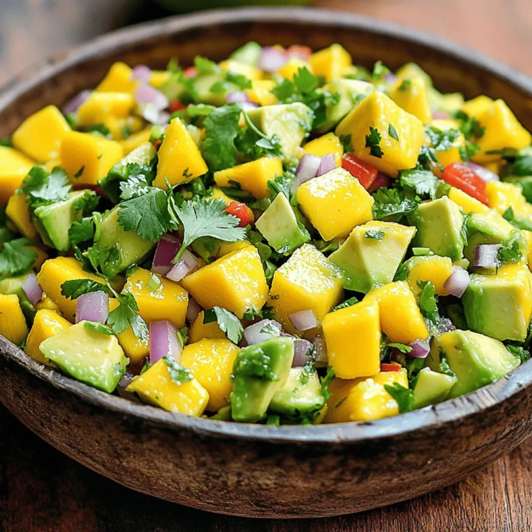 To make Mango Avocado Salsa, gather these ingredients: - 1 ripe mango, diced - 2 ripe avocados, diced - 1/2 red onion, finely chopped - 1 red bell pepper, diced - 1 jalapeño, deseeded and minced (adjust for spice preference) - Juice of 2 limes - 1/4 cup fresh cilantro, chopped - Salt and pepper to taste Choose ripe fruits for the best flavor. A ripe mango feels soft when you press it gently. It should smell sweet near the stem. For avocados, look for ones that yield slightly to pressure. Fresh cilantro should be bright green and not wilted. Using fresh ingredients makes a big difference in taste. To keep your salsa fresh, lime juice is key. It helps prevent browning in the avocados. Mix your salsa right before serving to keep it crisp. If you have leftovers, store them in an airtight container. Add extra lime juice to help maintain freshness. Enjoy your tasty salsa within two days for the best quality! Start by peeling the ripe mango. Cut it into small, bite-sized pieces. Next, take the avocados and cut them in half. Remove the pit and scoop the flesh into a bowl. Dice the avocados into similar-sized pieces as the mango. This helps with even flavor in every bite. Chop the red onion finely and dice the red bell pepper. If you like some heat, take a jalapeño. Cut it open, remove the seeds, and mince it finely. In a large mixing bowl, add the diced mango and avocados. Next, toss in the chopped red onion, red bell pepper, and minced jalapeño. This mix creates a colorful and fresh base for the salsa. Now it's time to add the zest! Squeeze the juice of two limes into the bowl. This not only adds flavor but also helps keep the avocado from browning. Gently fold in the chopped cilantro next. Be careful not to mash the avocado. Finally, season the salsa with salt and pepper. Taste it as you go, adjusting to your liking. Let the salsa sit for about 10 to 15 minutes. This time allows all the flavors to blend beautifully. The wait is worth it, as the taste becomes more vibrant. Enjoy your fresh and tasty Mango Avocado Salsa! Dicing fruit well makes your salsa look great and taste fresh. Start with a sharp knife. A dull knife can slip and cause cuts. For mangoes, peel the skin first. Cut the mango along the pit. Dice the flesh into small cubes. For avocados, cut them in half and remove the pit. Scoop out the flesh with a spoon. Dice it gently. This keeps the pieces intact and pleasing. You can change the salsa’s flavor easily. Try adding diced pineapple for a sweet twist. If you like heat, add more jalapeño or some habanero peppers. For a tangy kick, mix in diced tomatoes. If you want a tropical flair, add coconut flakes. Each twist gives the salsa a new life. Spice level is key in salsa. If you want it mild, remove all seeds from the jalapeño. You can also use a smaller amount. For more heat, add more jalapeño or mix in red pepper flakes. Taste as you go to find your perfect heat level. This makes your salsa just right for your taste buds. {{image_2}} Mango avocado salsa shines when served with grilled meats. Try it with chicken or fish. The sweet and tangy flavors balance well. It also pairs nicely with tacos. You can use it as a topping for soft or hard-shell tacos. You can enjoy this salsa with tortilla chips for a fresh snack. Simply scoop it up and savor the flavors. Use it as a filling for quesadillas or wraps. It brings a burst of flavor to any dish. You can even serve it on top of rice or quinoa for a healthy meal. Presentation matters! Use a clean bowl to serve your salsa. Add a few whole cilantro leaves on top for color. You can also sprinkle lime zest over it for extra flair. Use a colorful plate to make the dish pop. A well-presented salsa is sure to impress your guests! Mango Avocado Salsa is not just tasty; it is also good for you. Each ingredient brings unique health benefits: - Mango: Rich in vitamins A and C. It helps boost your immune system. - Avocado: Packed with healthy fats. It is great for heart health and keeps you full. - Red onion: Contains antioxidants. It can help reduce inflammation and improve heart health. - Red bell pepper: High in vitamins C and A. It supports healthy skin and eyes. - Jalapeño: Adds a spicy kick. It may help boost your metabolism. - Cilantro: Full of vitamins and minerals. It can help detoxify your body. A typical serving of this salsa (about 1/2 cup) has roughly: - Calories: 120 - Fat: 8g - Carbohydrates: 12g - Fiber: 5g - Protein: 2g This salsa is low in calories and high in nutrients. It makes for a great snack or side dish. You can easily adapt this salsa for different diets: - Low-carb: Skip the mango for a more savory dish. - Vegan: This recipe is already vegan and plant-based. - Gluten-free: All ingredients are naturally gluten-free. - Paleo: Use fresh, organic ingredients to fit this lifestyle. Feel free to mix and match ingredients based on your dietary needs! Yes, you can make Mango Avocado Salsa ahead of time. Prepare it a few hours before serving. This gives flavors time to blend. However, the avocado may brown. To slow this, add lime juice right away. Store it in an airtight container. This helps keep it fresh for a short time. To store leftovers, place the salsa in a clean, airtight container. Make sure to press plastic wrap against the top layer. This reduces air exposure and slows browning. Keep it in the fridge for up to two days. If it looks brown, just mix it well before eating. The taste will still be good! If you want less heat, use a mild pepper. Bell peppers work well as a substitute. They add color and crunch without spice. You can also skip the jalapeño altogether. This will make the salsa mild but still tasty. Enjoy the sweet mango and creamy avocado flavors! This blog post covered how to make delicious Mango Avocado Salsa. We reviewed key ingredients, tips for freshness, and how to prepare them. You learned about combining flavors, adjusting spice levels, and creative serving ideas. We also explored the health benefits of this tasty dish. Remember, enjoying this salsa is all about creativity and personal flavor. Feel free to experiment and make it your own. Share it with friends, and enjoy every bite!
