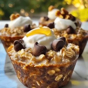 - 2 ripe bananas, mashed - 1 ½ cups rolled oats - 1 cup unsweetened almond milk (or any milk of choice) - 2 scoops vanilla protein powder - 1 tsp baking powder - 1 tsp cinnamon - ½ tsp vanilla extract - ¼ cup chopped walnuts or pecans - ¼ cup dark chocolate chips - Pinch of salt To create these high-protein banana bread oatmeal cups, start with ripe bananas. Ripe bananas add natural sweetness and moisture. You will need 2 ripe bananas. For the base, use 1 ½ cups of rolled oats. These oats give the cups a hearty texture. Next, pour in 1 cup of unsweetened almond milk. You can use any milk you prefer. To boost the protein, add 2 scoops of vanilla protein powder. This adds flavor and makes the cups filling. Mix in 1 tsp of baking powder to help them rise. For warmth, add 1 tsp of cinnamon and ½ tsp of vanilla extract. If you want to get creative, consider adding ¼ cup of chopped walnuts or pecans. These nuts add crunch and healthy fats. You can also toss in ¼ cup of dark chocolate chips for a sweet touch. Lastly, a pinch of salt enhances all the flavors. With these simple ingredients, you can make delicious high-protein banana bread oatmeal cups that are perfect for breakfast or snacks! 1. Preheat your oven to 350°F (175°C). This helps your oatmeal cups bake evenly. 2. Line a muffin tin with paper liners. You can also grease the tin lightly to prevent sticking. 3. In a large bowl, mash the ripe bananas. Add the almond milk and vanilla extract. Whisk them until smooth and creamy. 1. Now, add the rolled oats, protein powder, baking powder, and salt to your banana mix. Stir it all together until well combined. 2. If you like, fold in chopped walnuts or pecans and dark chocolate chips. These add great flavor and crunch! 1. Use a spoon to portion the mixture into the muffin tin. Fill each cup about three-quarters full. This gives them room to rise. 2. Bake in the oven for 20-25 minutes. Check for doneness by inserting a toothpick. It should come out clean when they're ready. Ripe bananas are key for sweetness in your oatmeal cups. They add flavor and moisture. Look for bananas with lots of brown spots. This means they are sweet and ready to use. Avoid overmixing your batter. Mix until just combined for the best texture. Overmixing leads to tough cups. You want them soft and fluffy, not dense. Top your oatmeal cups with Greek yogurt for creaminess. A drizzle of honey adds a nice touch of sweetness. You can also sprinkle some nuts or seeds for crunch. These cups work well for breakfast or snacks. Serve them warm at a brunch or pack them for a quick on-the-go meal. They’re great any time of day! Add seeds like chia or flax for extra nutrition. They boost fiber and omega-3s. Just a tablespoon can make a big difference. Choose your protein powder wisely. Look for a brand with no added sugar. You want one that fits your diet and tastes good. This helps keep your cups healthy and tasty. {{image_2}} You can easily change this recipe to fit your diet. If you need gluten-free options, use gluten-free oats. They taste great and still hold the cups together. If you prefer vegan options, swap the protein powder with a plant-based kind. Almond milk works, but any milk you like will do. You can also play with flavors. Adding spices like nutmeg or ginger can change the taste profile. These spices add warmth and depth. If you want a crunch, try different nuts. Walnuts are great, but pecans or almonds work too. You can also throw in dried fruits like raisins or cranberries. They add sweetness and chewiness. If you want a fun twist, turn these cups into bars or bites. Just spread the mixture in a pan and cut it into squares when baked. For kids' lunches, use small containers to pack them. You can include a small cup of yogurt or honey for dipping. This makes it fun and tasty for little ones. To keep your High-Protein Banana Bread Oatmeal Cups fresh, use an airtight container. Glass containers work well, as do BPA-free plastic ones. Store them in the fridge for up to five days. If you want to save them longer, place them in the freezer. They can last for three months when frozen. When you want a quick snack, reheat these oatmeal cups in the microwave. Heat for about 30 seconds or until warm. If you prefer, you can use an oven at 350°F (175°C) for about 10 minutes. This keeps them soft and moist. Avoid overheating, as this can make them dry. To freeze, let the cups cool completely. Then, wrap each cup in plastic wrap. Place wrapped cups in a freezer bag. This helps prevent freezer burn. For the best taste, thaw them overnight in the fridge. You can also microwave them for about 1 minute to enjoy them right away. Each serving of the High-Protein Banana Bread Oatmeal Cups has about 6 grams of protein. This comes from several key ingredients: - Vanilla protein powder: 2 scoops provide about 40 grams of protein in total, so roughly 3.3 grams per serving. - Rolled oats: 1 ½ cups add around 15 grams of protein, giving about 1.25 grams per serving. - Almond milk: Typically adds about 1 gram of protein for the whole cup, or 0.08 grams per serving. So, when you combine these, the protein adds up nicely to help keep you full. Yes, you can! If you skip the protein powder, try these alternatives to keep protein levels high: - Greek yogurt: Add a cup to the mixture. It boosts protein and adds creaminess. - Nut butter: Stir in ¼ cup of almond or peanut butter. This increases protein and adds rich flavor. - Chia seeds: Mixing in 2 tablespoons can add about 4 grams of protein and healthy omega-3s. These options help maintain the protein punch in your oatmeal cups. These oatmeal cups are best enjoyed fresh but can last a bit longer. Here’s how to store them: - At room temperature: They stay good for up to 2 days in an airtight container. - In the fridge: They can last about 1 week. Store them in an airtight container to keep them fresh. - In the freezer: For longer storage, freeze them. They can last up to 3 months. Just wrap them well to avoid freezer burn. When ready to eat, thaw in the fridge overnight or microwave for a quick snack. This blog post covers a simple recipe for healthy oatmeal cups. You learned about the main ingredients, like bananas and oats, that make them both tasty and nutritious. We went through each step clearly, from mixing ingredients to baking. You also gained tips on storage and variations to customize your cups. In conclusion, these oatmeal cups are an easy, healthy snack for any occasion. Enjoy experimenting with flavors and add-ins to make them your own.