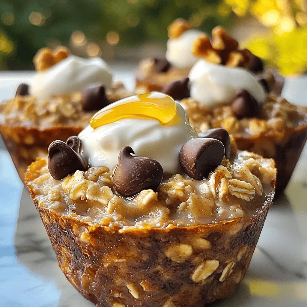 - 2 ripe bananas, mashed - 1 ½ cups rolled oats - 1 cup unsweetened almond milk (or any milk of choice) - 2 scoops vanilla protein powder - 1 tsp baking powder - 1 tsp cinnamon - ½ tsp vanilla extract - ¼ cup chopped walnuts or pecans - ¼ cup dark chocolate chips - Pinch of salt To create these high-protein banana bread oatmeal cups, start with ripe bananas. Ripe bananas add natural sweetness and moisture. You will need 2 ripe bananas. For the base, use 1 ½ cups of rolled oats. These oats give the cups a hearty texture. Next, pour in 1 cup of unsweetened almond milk. You can use any milk you prefer. To boost the protein, add 2 scoops of vanilla protein powder. This adds flavor and makes the cups filling. Mix in 1 tsp of baking powder to help them rise. For warmth, add 1 tsp of cinnamon and ½ tsp of vanilla extract. If you want to get creative, consider adding ¼ cup of chopped walnuts or pecans. These nuts add crunch and healthy fats. You can also toss in ¼ cup of dark chocolate chips for a sweet touch. Lastly, a pinch of salt enhances all the flavors. With these simple ingredients, you can make delicious high-protein banana bread oatmeal cups that are perfect for breakfast or snacks! 1. Preheat your oven to 350°F (175°C). This helps your oatmeal cups bake evenly. 2. Line a muffin tin with paper liners. You can also grease the tin lightly to prevent sticking. 3. In a large bowl, mash the ripe bananas. Add the almond milk and vanilla extract. Whisk them until smooth and creamy. 1. Now, add the rolled oats, protein powder, baking powder, and salt to your banana mix. Stir it all together until well combined. 2. If you like, fold in chopped walnuts or pecans and dark chocolate chips. These add great flavor and crunch! 1. Use a spoon to portion the mixture into the muffin tin. Fill each cup about three-quarters full. This gives them room to rise. 2. Bake in the oven for 20-25 minutes. Check for doneness by inserting a toothpick. It should come out clean when they're ready. Ripe bananas are key for sweetness in your oatmeal cups. They add flavor and moisture. Look for bananas with lots of brown spots. This means they are sweet and ready to use. Avoid overmixing your batter. Mix until just combined for the best texture. Overmixing leads to tough cups. You want them soft and fluffy, not dense. Top your oatmeal cups with Greek yogurt for creaminess. A drizzle of honey adds a nice touch of sweetness. You can also sprinkle some nuts or seeds for crunch. These cups work well for breakfast or snacks. Serve them warm at a brunch or pack them for a quick on-the-go meal. They’re great any time of day! Add seeds like chia or flax for extra nutrition. They boost fiber and omega-3s. Just a tablespoon can make a big difference. Choose your protein powder wisely. Look for a brand with no added sugar. You want one that fits your diet and tastes good. This helps keep your cups healthy and tasty. {{image_2}} You can easily change this recipe to fit your diet. If you need gluten-free options, use gluten-free oats. They taste great and still hold the cups together. If you prefer vegan options, swap the protein powder with a plant-based kind. Almond milk works, but any milk you like will do. You can also play with flavors. Adding spices like nutmeg or ginger can change the taste profile. These spices add warmth and depth. If you want a crunch, try different nuts. Walnuts are great, but pecans or almonds work too. You can also throw in dried fruits like raisins or cranberries. They add sweetness and chewiness. If you want a fun twist, turn these cups into bars or bites. Just spread the mixture in a pan and cut it into squares when baked. For kids' lunches, use small containers to pack them. You can include a small cup of yogurt or honey for dipping. This makes it fun and tasty for little ones. To keep your High-Protein Banana Bread Oatmeal Cups fresh, use an airtight container. Glass containers work well, as do BPA-free plastic ones. Store them in the fridge for up to five days. If you want to save them longer, place them in the freezer. They can last for three months when frozen. When you want a quick snack, reheat these oatmeal cups in the microwave. Heat for about 30 seconds or until warm. If you prefer, you can use an oven at 350°F (175°C) for about 10 minutes. This keeps them soft and moist. Avoid overheating, as this can make them dry. To freeze, let the cups cool completely. Then, wrap each cup in plastic wrap. Place wrapped cups in a freezer bag. This helps prevent freezer burn. For the best taste, thaw them overnight in the fridge. You can also microwave them for about 1 minute to enjoy them right away. Each serving of the High-Protein Banana Bread Oatmeal Cups has about 6 grams of protein. This comes from several key ingredients: - Vanilla protein powder: 2 scoops provide about 40 grams of protein in total, so roughly 3.3 grams per serving. - Rolled oats: 1 ½ cups add around 15 grams of protein, giving about 1.25 grams per serving. - Almond milk: Typically adds about 1 gram of protein for the whole cup, or 0.08 grams per serving. So, when you combine these, the protein adds up nicely to help keep you full. Yes, you can! If you skip the protein powder, try these alternatives to keep protein levels high: - Greek yogurt: Add a cup to the mixture. It boosts protein and adds creaminess. - Nut butter: Stir in ¼ cup of almond or peanut butter. This increases protein and adds rich flavor. - Chia seeds: Mixing in 2 tablespoons can add about 4 grams of protein and healthy omega-3s. These options help maintain the protein punch in your oatmeal cups. These oatmeal cups are best enjoyed fresh but can last a bit longer. Here’s how to store them: - At room temperature: They stay good for up to 2 days in an airtight container. - In the fridge: They can last about 1 week. Store them in an airtight container to keep them fresh. - In the freezer: For longer storage, freeze them. They can last up to 3 months. Just wrap them well to avoid freezer burn. When ready to eat, thaw in the fridge overnight or microwave for a quick snack. This blog post covers a simple recipe for healthy oatmeal cups. You learned about the main ingredients, like bananas and oats, that make them both tasty and nutritious. We went through each step clearly, from mixing ingredients to baking. You also gained tips on storage and variations to customize your cups. In conclusion, these oatmeal cups are an easy, healthy snack for any occasion. Enjoy experimenting with flavors and add-ins to make them your own.