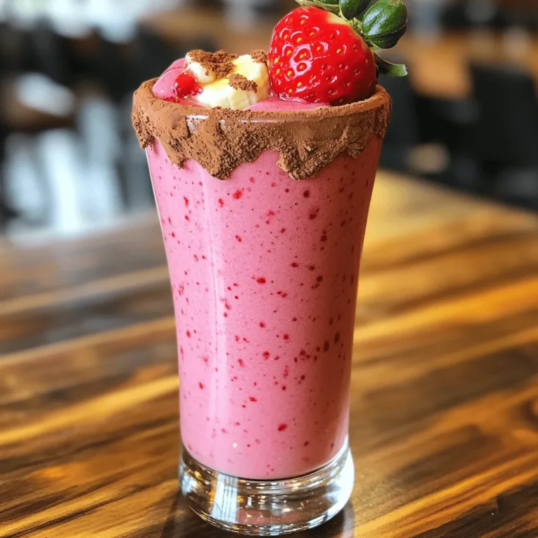- 1 cup frozen strawberries - 1 ripe banana - 1 cup almond milk (or any milk of your choice) - 2 tablespoons cocoa powder - 1 tablespoon honey or maple syrup (adjust to taste) - 1 tablespoon almond butter (or your favorite nut butter) - 1/2 teaspoon vanilla extract - A pinch of sea salt - 1 tablespoon chia seeds (for added nutrition) This smoothie is rich in vitamins and minerals. It provides fiber from fruits, healthy fats from nut butter, and antioxidants from cocoa. A serving has about 300 calories. It also offers protein and carbs to fuel your day. The almond milk keeps it light and dairy-free. If you add chia seeds, you boost the fiber and omega-3 content. You can adjust sweetness by changing the honey or maple syrup. This recipe is perfect for breakfast or a snack. To make the best Chocolate Covered Strawberry Smoothie, gather your ingredients first. You will need: - 1 cup frozen strawberries - 1 ripe banana - 1 cup almond milk (or any milk of your choice) - 2 tablespoons cocoa powder - 1 tablespoon honey or maple syrup (adjust to taste) - 1 tablespoon almond butter (or your favorite nut butter) - 1/2 teaspoon vanilla extract - A pinch of sea salt - Optional: 1 tablespoon chia seeds (for added nutrition) Start by measuring out the frozen strawberries. Their chill gives the smoothie a nice, thick texture. Then, peel the banana and break it into chunks. This helps the blender work better. Now it’s time to blend! In a blender, add your frozen strawberries, banana, almond milk, and cocoa powder. Then, add honey or maple syrup for sweetness. Next, spoon in the almond butter, vanilla extract, and a pinch of sea salt. If you want extra nutrition, toss in the chia seeds too. They add good fiber and omega-3s! Blend all the ingredients on high speed until smooth. You want a creamy texture, so make sure everything mixes well. After blending, taste your smoothie. If you like it sweeter, add more honey or maple syrup. Blend again to mix it in. Pour your delicious smoothie into a tall glass. You can top it with extra sliced strawberries or a sprinkle of cocoa powder to make it look nice. For a fun touch, add a straw and place a whole strawberry on the rim of your glass. This makes your drink look fancy and inviting! Enjoy your tasty creation! To get a smooth and creamy texture, use frozen strawberries. They add a nice chill. A ripe banana also helps. It brings natural sweetness and creaminess. Blend all the ingredients well. Start on low speed, then increase to high. This helps mix everything evenly. If it’s too thick, add more almond milk. A splash at a time works best. Taste your smoothie before serving. If it needs more sweetness, add honey or maple syrup. Start with a small amount, then blend again. Remember, you can always add more, but you can’t take it out! Keep your sweetener handy for quick adjustments. To make your smoothie look great, use a tall glass. Pour the smoothie slowly to keep it layered. Add a few sliced strawberries on top. You can also sprinkle cocoa powder for a fun touch. For an extra special look, place a whole strawberry on the rim of the glass. Serve it with a straw for easy sipping. Enjoy your beautiful creation! {{image_2}} You can easily make this smoothie dairy-free. Simply swap regular milk for almond milk. You can also use oat or coconut milk. These options keep the smoothie creamy and delicious. They add their own unique flavors too. Try adding a dash of cinnamon for warmth. You can also blend in a tablespoon of peanut butter for a nutty twist. If you love mint, add a few fresh mint leaves. This adds a refreshing zing to your drink. You can mix and match flavors based on what you like. Want to boost the nutrition? Add a scoop of protein powder. It helps you feel full and supports muscle health. Look for plant-based options if you're vegan. You can also toss in some chia seeds. They pack a punch of fiber and omega-3s. These options make your smoothie both tasty and healthy. If you have leftover smoothie, store it in the fridge. Use an airtight container. This keeps it fresh for about 24 hours. Shake or stir before drinking. The smoothie may separate, but that's normal. To freeze your smoothie, pour it into ice cube trays. Once frozen, transfer the cubes to a bag. This way, you can blend them later. Just add a splash of milk when ready to enjoy. You can keep frozen smoothie cubes for up to three months. Store your strawberries in the fridge for freshness. Keep bananas on the counter away from sunlight. Almond milk should stay sealed and refrigerated after opening. Cocoa powder lasts long in a cool, dry place. For almond butter, store it in a cupboard or fridge after opening. Yes, you can use fresh strawberries. They will make your smoothie less thick. If you want a colder drink, you might add a few ice cubes. Fresh strawberries provide a bright flavor and a nice color. Absolutely! This smoothie is great for breakfast. It has fruit, healthy fat, and a bit of sweetness. The banana and almond butter give you energy. Plus, it’s quick to make. You can enjoy it on busy mornings. Making it vegan is simple. Just use maple syrup instead of honey. Also, choose almond milk or any plant-based milk. This way, the smoothie stays tasty and fits a vegan diet. This smoothie has many health benefits: - Strawberries: Packed with vitamin C and antioxidants. - Banana: Offers potassium and fiber for heart health. - Almond milk: Low in calories and dairy-free. - Cocoa powder: Contains flavonoids that help heart health. - Almond butter: Provides healthy fats and protein. - Chia seeds: Full of omega-3s and fiber (if you add them). These ingredients work together to make a nutritious drink that tastes great! In this post, we explored the key ingredients for a great smoothie, including options to customize and boost nutrition. We detailed step-by-step instructions for preparing, blending, and serving your creation. Plus, we offered helpful tips to achieve a creamy texture and enhance sweetness. You can try various delightful variations, store leftovers properly, and find answers to common questions. Smoothies can be simple, tasty, and healthy. You can enjoy them as part of your daily routine.