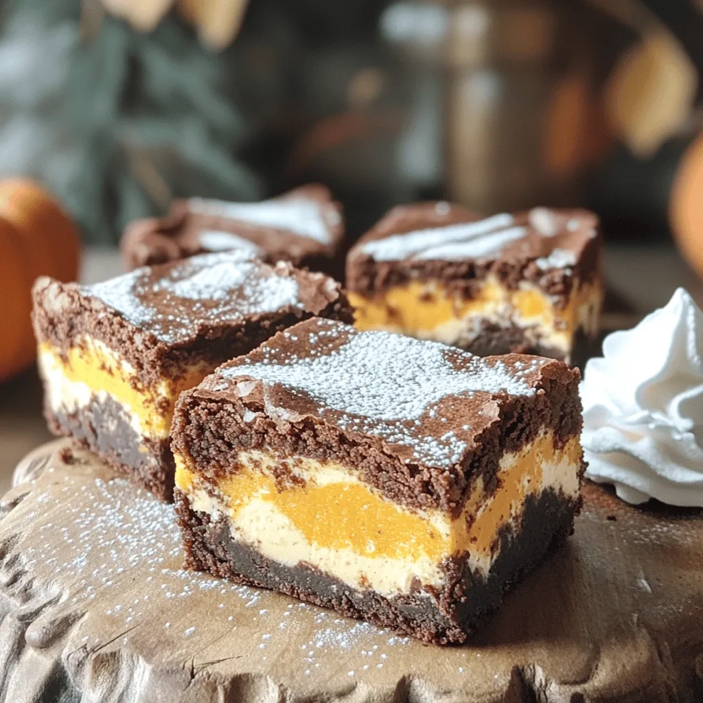 - 1 cup unsalted butter, melted - 1 1/4 cups granulated sugar - 1 teaspoon vanilla extract - 4 large eggs - 1 cup all-purpose flour - 1/3 cup unsweetened cocoa powder - 1/2 teaspoon baking powder - 1/4 teaspoon salt - 8 oz cream cheese, softened - 1/2 cup powdered sugar - 1/2 cup pumpkin puree - 1 teaspoon cinnamon - 1/4 teaspoon nutmeg - 1 teaspoon vanilla extract To create these delicious Pumpkin Cheesecake Swirl Brownies, gather your ingredients first. This keeps things smooth when you start to bake. For the brownie base, you need simple items. Melt the butter and mix it with sugar. Then, add vanilla and eggs. In a separate bowl, whisk the dry ingredients. This step is key for a good texture. Mix them together, but don't overdo it. Now, for the pumpkin cheesecake swirl, you will beat the cream cheese first. It should be soft and smooth. Then, add pumpkin, sugar, and spices. This mix brings fall flavors to your brownies. Make sure to have everything ready. It makes baking easier and fun. You will enjoy this tasty treat that blends rich chocolate with pumpkin's warm spices. - Preheat the oven to 350°F (175°C). - Grease or line a 9x13 inch baking dish for easy removal. First, I mix the wet ingredients. In a large bowl, I add melted butter and granulated sugar. I stir them until they blend well. Then, I add vanilla and eggs, one at a time. I mix well after each egg. Next, I combine the dry ingredients. In another bowl, I whisk together flour, cocoa powder, baking powder, and salt. I slowly add this mix to the wet mix, stirring until just combined. I make sure not to overmix, which keeps the brownies soft. For the swirl, I start by beating cream cheese until it is smooth. In a medium bowl, I add powdered sugar, pumpkin puree, cinnamon, nutmeg, and vanilla extract. I mix this until it is creamy and well combined. Now, I assemble the brownies. I pour half of the brownie batter into the prepared dish. I spread it evenly. Then, I spoon dollops of the pumpkin cheesecake mixture over the brownie layer. Using a spatula, I swirl gently, creating a beautiful marbled effect. I pour the remaining brownie batter on top and swirl again to mix in some of the cheesecake. I place the dish in the preheated oven. I bake for 25-30 minutes. I check for doneness by inserting a toothpick in the center. If it comes out with a few moist crumbs, they are ready! After baking, I let the brownies cool in the pan for about 15 minutes. If I used parchment paper, I lift them out carefully. I let them cool completely on a wire rack before cutting them into squares. For serving, I suggest using a decorative platter. A dusting of powdered sugar or a dollop of whipped cream adds a nice touch! - Avoiding overmixing the batter: Mix the wet and dry ingredients just until combined. Overmixing can make brownies tough. You want them soft and fudgy. - Ensuring even baking: Use a light-colored baking dish. It helps brownies bake evenly. Rotate the pan halfway through baking for best results. - Suggestions for add-ins: Consider adding chopped nuts or chocolate chips. They add great texture and flavor. Walnuts and pecans work well with pumpkin. - Using high-quality cocoa powder: The type of cocoa powder matters. Choose a rich, dark cocoa for deep flavor. It elevates your brownies to gourmet status. - Serving suggestions for an appealing dessert: Serve brownies on a decorative platter. Cut them into neat squares for a clean look. - Garnishing options: Dust brownies with powdered sugar for a snowy effect. A dollop of whipped cream adds creaminess. Sprinkle some cinnamon on top for extra flavor. {{image_2}} To make these brownies gluten-free, you can swap all-purpose flour for almond flour or a gluten-free blend. These options give great texture. Almond flour adds a nutty taste, while gluten-free blends often work well in baking. Make sure to check the baking powder you use. Some brands contain gluten. Look for certified gluten-free baking powder to keep your brownies safe. For a vegan version, replace butter with coconut oil or vegan butter. Both give a rich flavor. Use flax eggs or chia eggs instead of regular eggs. Mix 1 tablespoon of ground flaxseed or chia seeds with 2.5 tablespoons of water for each egg. For the cream cheese, choose a dairy-free option made from tofu or cashews. They blend well and create a creamy texture. You can find these in most grocery stores. You can change up the flavor by adding spices. Try ginger or cloves for a warm kick. They enhance the pumpkin taste and add depth. If you want to switch things up, use other purees like sweet potato. They give a similar texture and taste. You can even mix pumpkin and sweet potato for a unique twist. This keeps your brownies fun and exciting! To keep your pumpkin cheesecake swirl brownies fresh, store them at room temperature. Place them in an airtight container. This keeps moisture in and prevents them from drying out. Use parchment paper to separate layers if needed. For added freshness, cover the container with plastic wrap. For long-term storage, you can freeze the brownies. Cut them into squares and wrap each piece tightly in plastic wrap. Place the wrapped brownies in a freezer bag. These can last up to three months in the freezer. When you're ready to enjoy them, thaw the brownies in the fridge overnight for best results. To reheat brownies, use the oven for the best texture. Preheat your oven to 350°F (175°C). Place the brownies on a baking sheet and warm them for about 10 minutes. This keeps them soft and chewy. Avoid using the microwave, as it can make them dry or tough. Yes, you can use fresh pumpkin. To make fresh puree, start with a small pumpkin. Cut it in half and remove the seeds. Place the halves face down on a baking sheet. Roast at 350°F (175°C) for about 45 minutes, or until soft. Let it cool, then scoop out the flesh. Blend until smooth. This puree works great in your brownies. Check your brownies at the 25-minute mark. Use a toothpick and insert it into the center. If it comes out with a few moist crumbs, they are done. If the toothpick is clean, they may be overbaked. The edges should look set, and the center should still be slightly soft. Absolutely! Nuts add great texture and flavor. I recommend walnuts or pecans. Chop them coarsely and fold them into the brownie batter before pouring it into the baking dish. This adds a nice crunch to each bite. You learned how to make rich Pumpkin Cheesecake Swirl Brownies. We covered key ingredients like butter, sugar, and cream cheese. I shared simple steps for mixing and baking. You now know variations for gluten-free and vegan options. Enjoy your brownies fresh or stored, and don’t forget to experiment! Baking can be fun. With these tips, you’ll impress your friends and family. Happy baking!