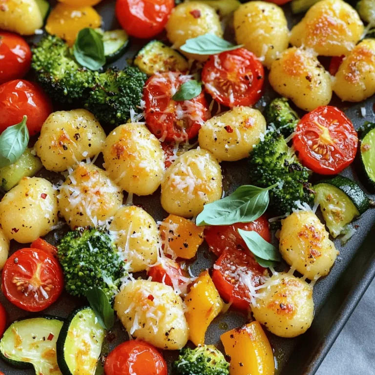 - 1 pound store-bought gnocchi - 2 cups cherry tomatoes, halved - 1 bell pepper, chopped (any color) - 1 zucchini, sliced - 1 cup broccoli florets - 4 cloves garlic, minced - 4 tablespoons olive oil - 1 teaspoon Italian seasoning - ½ teaspoon red pepper flakes - ½ cup freshly grated Parmesan cheese - Salt and pepper to taste For this dish, I love using store-bought gnocchi. It saves time and tastes great. Fresh veggies add color and nutrition. Cherry tomatoes burst with flavor, while bell pepper and zucchini bring sweetness. Broccoli adds a nice crunch and is good for you. Garlic gives a strong, savory taste. Olive oil helps everything crisp up nicely. - Fresh basil leaves Fresh basil leaves are a lovely touch. They add a pop of color and a fresh taste. If you have some, consider using them. Each serving has about: - Calories: 350 - Fats: 15g - Proteins: 10g - Carbs: 50g This meal is balanced. It has enough carbs for energy and protein to keep you full. The fats come from olive oil and cheese, which add flavor and richness. Enjoy this dish knowing it’s tasty and nutritious! 1. First, preheat your oven to 425°F (220°C). This step is key to getting the right texture. 2. Line a large sheet pan with parchment paper. This helps with easy cleanup later. 1. In a big bowl, combine the gnocchi, halved cherry tomatoes, chopped bell pepper, sliced zucchini, and broccoli florets. Make sure they mix well. 2. In a small bowl, whisk together the minced garlic, olive oil, Italian seasoning, red pepper flakes, salt, and pepper. This mixture will add great flavor. 1. Drizzle the garlic mix over the gnocchi and veggies. Toss everything until well coated. 2. Spread the mixture evenly on the prepared sheet pan in a single layer. This helps everything cook evenly. 3. Bake in the preheated oven for 20-25 minutes. The gnocchi should be slightly crispy, and the veggies tender. 4. Once done, take the sheet pan out of the oven. Sprinkle the grated Parmesan cheese over the hot mixture. 5. Place the sheet pan back into the oven for an extra 2-3 minutes. This will melt the cheese perfectly. 6. Remove from the oven and let it cool for a couple of minutes before serving. Enjoy your meal! To get crispy gnocchi, spread them out on the pan. This helps the hot air cook them evenly. You can also give them a light toss in olive oil before adding other veggies. For flavor, use fresh herbs like thyme or oregano. These herbs add a nice touch. You may also try adding lemon zest for a fresh burst. Using pre-cut vegetables saves a lot of time. Many stores sell bags of mixed veggies. Just grab and toss them in. For batch cooking, make extra gnocchi. Cook a big batch and store it. You can freeze what you don’t use. Next time, you can make this meal in a flash. This dish pairs well with a crisp salad. A light vinaigrette complements the flavors. You can also serve it with crusty bread to soak up any sauce. For a heartier meal, add grilled chicken or shrimp on top. This makes it filling and satisfying. {{image_2}} You can swap veggies based on what you have. Some great options include: - Asparagus - Spinach - Cauliflower - Carrots These choices let you enjoy seasonal flavors. Feel free to mix and match for fun. Adjust cooking times if needed. For example, thin veggies like spinach cook faster. Want to make this dish vegan? Use plant-based gnocchi and skip the cheese. You can add nutritional yeast for a cheesy taste. For gluten-free options, look for gluten-free gnocchi. Many brands offer tasty versions. Check the label to ensure they fit your needs. You can amp up the flavor in many ways. Try different cheeses like mozzarella or feta. Each cheese adds a unique taste. If you want a kick, add hot sauce or a splash of balsamic vinegar. These small tweaks change the dish without much effort. Store leftovers in an airtight container. Keep them in the fridge for up to three days. When you want to eat, just reheat in the oven or microwave. To freeze, place the cooled dish in a freezer-safe container. Make sure to label it with the date. You can freeze it for up to three months. When ready to eat, thaw it overnight in the fridge. Reheat in the oven for the best texture. Cooked gnocchi and veggies last in the fridge for about three days. In the freezer, they can last up to three months. Always check for any off smells or changes in color before eating. Yes, you can use homemade gnocchi! Making it from scratch is fun and adds a personal touch. To make gnocchi, you need potatoes, flour, and egg. Boil the potatoes until soft, then mash them. Mix in the flour and egg to form a dough. Roll into small pieces and shape them into little dumplings. Cook them in boiling water until they float. Use them in this recipe just like store-bought gnocchi. They will taste fresh and delicious. You can add many different veggies to this dish! Here are some great options: - Carrots, sliced - Asparagus, chopped - Cauliflower florets - Green beans, cut - Eggplant, diced These vegetables add different colors and flavors. Feel free to mix and match based on what you have. Just remember to cut them into similar sizes for even cooking. To add some heat, try these ideas: - Add more red pepper flakes. Use one teaspoon instead of half. - Include jalapeños or serrano peppers, chopped. - Drizzle some hot sauce over the finished dish. - Toss in some crushed black pepper for extra spice. These options will give your dish a nice kick without overpowering the garlic and Parmesan flavors. This blog post detailed a tasty and easy way to make baked gnocchi with vegetables. You learned about the main ingredients, optional garnishes, and important nutrition facts. The step-by-step guide helped you prepare and bake your dish perfectly. We shared handy tips for making the meal faster and adding extra flavors. You discovered tasty ways to modify the recipe for different diets. Finally, proper storage advice ensures your leftovers stay fresh. With these easy steps, enjoy a healthy and delicious meal that you can share!