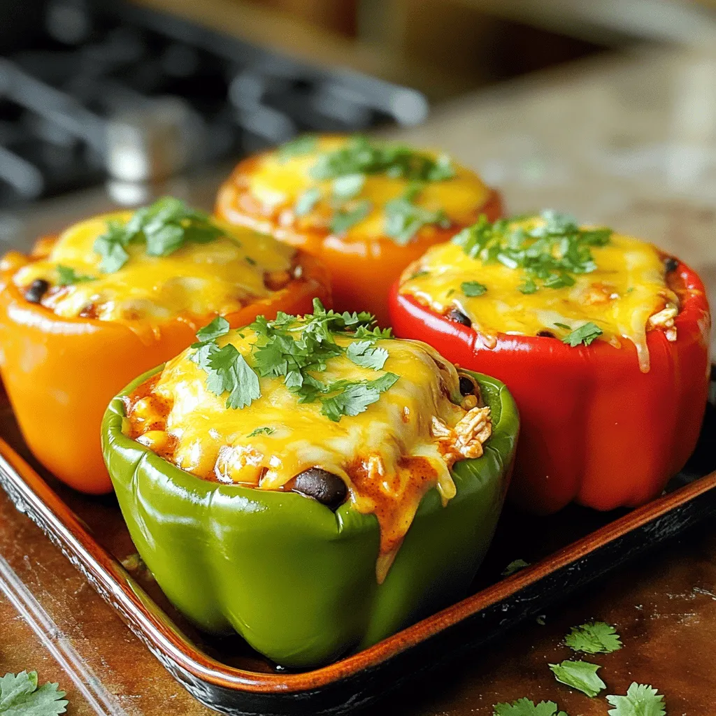 - 4 large bell peppers (any color) - 2 cups cooked and shredded chicken - 1 cup enchilada sauce (mild or spicy) - 1 cup black beans, rinsed and drained - 1 cup corn (canned or frozen) - 1 teaspoon cumin - 1 teaspoon garlic powder - 1/2 teaspoon onion powder - 1 cup shredded cheese (cheddar or blend) - 1/4 cup cilantro, chopped (for garnish) - Salt and pepper to taste - Olive oil for drizzling To create Chicken Enchilada Stuffed Peppers, I start by gathering fresh ingredients. The bell peppers create a tasty, colorful base. I love using bright red, yellow, or green peppers. Next, I use cooked and shredded chicken. This adds protein and flavor. I often use leftover chicken or store-bought rotisserie chicken. Enchilada sauce gives the dish its signature taste. You can choose mild or spicy based on your preference. Black beans add a hearty texture, while corn brings a slight sweetness. I season the mixture with cumin, garlic powder, and onion powder. These spices enhance the flavor greatly. For a delicious finish, I top the peppers with shredded cheese. Cheddar or a blend works well. Finally, I garnish with cilantro for a fresh touch. I also add salt and pepper to taste. This combination of ingredients makes each bite delightful. - Baking dish - Mixing bowl - Aluminum foil Having the right tools makes cooking easier. A baking dish holds the stuffed peppers, while a mixing bowl helps combine the filling. Aluminum foil keeps the peppers moist while baking. - Caloric content per serving - Macro breakdown (protein, carbs, fats) Each serving offers a balanced meal. You get protein from the chicken and beans. The peppers add fiber and vitamins. This meal is not just tasty; it's also nutritious. 1. Preheat your oven to 375°F (190°C). This helps cook the peppers evenly. 2. Slice the tops off the bell peppers. Remove the seeds and membranes inside. This creates a bowl for the filling. Drizzle olive oil on the outside of each pepper. Place them in a baking dish. 3. In a large mixing bowl, combine: - 2 cups cooked and shredded chicken - 1 cup enchilada sauce (choose mild or spicy) - 1 cup black beans, rinsed and drained - 1 cup corn (canned or frozen) - 1 teaspoon cumin - 1 teaspoon garlic powder - 1/2 teaspoon onion powder - Salt and pepper to taste Mix all the ingredients well until they are fully combined. 4. Spoon the chicken mixture into each bell pepper. Press down gently to pack the filling. Make sure each pepper is filled well. 5. Top each stuffed pepper with 1 cup of shredded cheese. You can use cheddar or a blend. Make sure the cheese covers the filling nicely. 6. Cover the baking dish with aluminum foil. Bake for 25 minutes. This helps the peppers cook without drying out. 7. After 25 minutes, remove the foil. Bake for an additional 10-15 minutes. This allows the cheese to become bubbly and lightly golden. After baking, let the peppers cool for a few minutes. Enjoy your delicious Chicken Enchilada Stuffed Peppers! For the best flavor, I suggest using a blend of sharp cheddar and Monterey Jack cheese. This mix gives a nice creamy texture and a rich taste. If you prefer something stronger, try pepper jack for a spicy kick. To get crispy peppers, adjust your cooking time. Bake them covered for 25 minutes, then uncover and bake for an extra 10-15 minutes. This ensures the peppers soften while the cheese gets golden and bubbly. Pair your stuffed peppers with a side of cilantro lime rice or a fresh green salad. This balance makes the meal feel complete. For extra flair, serve with a dollop of sour cream or a sprinkle of fresh cilantro on top. These small touches elevate the dish's look and taste. To enhance the flavor, consider adding spices like smoked paprika or chili powder. These spices add depth to your chicken filling. For optional toppings, think about adding sliced avocado or a drizzle of lime juice. These toppings add freshness and creaminess to the overall dish. Sour cream also works great for balancing out the spice. {{image_2}} You can easily change this recipe for different diets. For a vegetarian option, swap the chicken for tofu or add more beans. Black beans work great here! If you need a gluten-free option, check the enchilada sauce. Many brands offer gluten-free sauces. This way, everyone can enjoy stuffed peppers. Want to spice things up? Add jalapeños or a splash of hot sauce to your filling. This will give your dish a nice kick. If you prefer a different kind of cheese, try vegan cheese options. They melt well and taste great, making it perfect for dairy-free diets. Feel free to get creative with veggies. You can stuff these peppers with zucchini, mushrooms, or even eggplant. Each adds a unique flavor. If you want to change the base, use quinoa or rice instead of chicken. Both options add texture and make your meal more filling. To store leftovers, place the stuffed peppers in an airtight container. This keeps them fresh. They can last in the fridge for up to four days. Make sure to let them cool before sealing. Freezing stuffed peppers is easy. Wrap each pepper tightly in plastic wrap. Then, place them in a freezer-safe bag. This helps prevent freezer burn. For best taste, eat them within three months. To thaw, leave them in the fridge overnight. You can also use the defrost setting on your microwave. When reheating, you have two choices: oven or microwave. The oven gives you a crispy texture. Preheat it to 350°F (175°C), then bake for 15-20 minutes. If you use a microwave, heat for 2-3 minutes on high. Add a splash of water to keep moisture. Enjoy your flavorful meal! Can I make chicken enchilada stuffed peppers ahead of time? Yes, you can! Prepare the stuffed peppers and cover them. Store in the fridge for up to 24 hours. When ready, bake them as usual. This saves time on busy days. What are the best peppers to use for stuffing? I recommend large bell peppers. They come in many colors like red, yellow, and green. They hold the filling well and have a sweet flavor. You can also use poblano peppers for a spicier kick. How do I know when the peppers are done cooking? Check the peppers after baking for 35 to 40 minutes. They should be soft and the cheese bubbly and golden. A fork can easily pierce the peppers when they are done. Can this recipe be adapted for meal prep? Absolutely! Stuff the peppers and place them in individual containers. You can freeze them for later. Just cook them in the oven when you're ready to eat. What can I use instead of enchilada sauce? If you want a different flavor, try salsa or tomato sauce. You can also mix in some spices to create your own sauce. This adds a unique touch to your peppers. How to make the dish spicier? Add chopped jalapeños or a dash of hot sauce to the filling. You can also sprinkle chili powder on top before baking. This gives your dish an extra kick. Ideas for adding more vegetables? You can mix in chopped spinach, zucchini, or mushrooms. These vegetables add nutrition and flavor. Just make sure to chop them small so they cook well in the peppers. This article covered how to make chicken enchilada stuffed peppers. We explored the key ingredients and equipment needed, plus step-by-step instructions. I shared tips for perfecting your dish and variations for different diets. You learned how to store leftovers and reheat them without losing flavor. Stuffed peppers are easy, healthy, and tasty. Try this recipe to impress your family. Enjoy your cooking journey!
