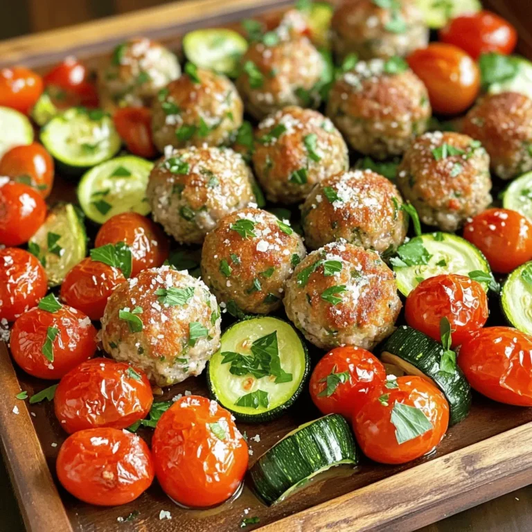 - 1 pound ground turkey - 1/2 cup breadcrumbs - 1/4 cup grated Parmesan cheese - 1/4 cup fresh parsley, chopped - 3 cloves garlic, minced - 1 teaspoon dried oregano - 1 teaspoon dried basil - 1/2 teaspoon salt - 1/4 teaspoon black pepper - 1 large egg - 1 tablespoon olive oil - 1 cup cherry tomatoes, halved - 1 cup zucchini, sliced into half-moons - 1 tablespoon balsamic vinegar The main star of this dish is the ground turkey. I love it because it's lean and packed with protein. The breadcrumbs help hold everything together, giving the meatballs a nice texture. Fresh herbs make these meatballs pop with flavor. I often use parsley, oregano, and basil for a fresh taste. - Grated Parmesan cheese - Additional herbs For a tasty finish, I sprinkle extra grated Parmesan on top. It adds a creamy, salty touch. You can also use more fresh herbs for a vibrant look. These toppings make the dish not just tasty but beautiful, too! First, you need to preheat the oven to 400°F (200°C). This helps the meatballs cook evenly. Next, line your sheet pan with parchment paper. This makes cleanup easy and prevents sticking. In a large bowl, combine the following ingredients: - 1 pound ground turkey - 1/2 cup breadcrumbs - 1/4 cup grated Parmesan cheese - 1/4 cup fresh parsley, chopped - 3 cloves garlic, minced - 1 teaspoon dried oregano - 1 teaspoon dried basil - 1/2 teaspoon salt - 1/4 teaspoon black pepper - 1 large egg Mix these ingredients well. You want a good blend. The egg helps bind everything together. A tip for texture: don’t overmix. This keeps your meatballs light and tender. Now, shape the mixture into meatballs. Each should be about 1.5 inches in diameter. Place them on the prepared sheet pan. For the veggies, take 1 cup of cherry tomatoes and 1 cup of zucchini. Cut the tomatoes in half and slice the zucchini into half-moons. In a bowl, toss them with: - 1 tablespoon olive oil - 1 tablespoon balsamic vinegar - Salt and pepper to taste Spread the veggies around the meatballs. They will roast nicely together. Bake everything in the preheated oven for 20-25 minutes. The meatballs are done when they reach an internal temperature of 165°F. The veggies should be tender and slightly roasted. Keep an eye on them to avoid burning. Getting the right mix of ingredients is key for juicy meatballs. Ground turkey is lean. It can dry out if we are not careful. - Use equal parts breadcrumbs and cheese for binding. - The egg helps keep everything moist. If you follow the ratios closely, your meatballs will stay juicy. To avoid dryness, do not overbake. Check the internal temperature. It should be 165°F. Herbs are the best way to boost flavor. Fresh parsley is great, but you can try others too. - Basil and oregano add nice Italian notes. - For something spicier, add red pepper flakes. Mix and match herbs based on what you like. This keeps every batch exciting and new! When serving, arrange your meatballs and veggies on a large platter. This looks great and makes sharing easy. - Place the meatballs in the center. - Surround them with roasted cherry tomatoes and zucchini. For a final touch, garnish with fresh parsley and Parmesan. This adds color and flavor to your dish. Enjoy the joy of serving a beautiful meal! {{image_2}} You can switch ground turkey with other meats. Ground chicken works well for a lighter option. If you prefer beef, lean ground beef adds great flavor. For a richer taste, use ground lamb. If you want to go plant-based, try lentils or chickpeas. Just mash them well and mix with the same herbs and spices. Each option brings its unique twist to the dish. Feel free to mix up the vegetables. Seasonal veggies add freshness and color. Try bell peppers, asparagus, or carrots for a fun twist. Broccoli or cauliflower can also work well. A mix of colors makes the dish more appealing. Bright, vibrant vegetables not only taste great but look beautiful on the plate. If you need gluten-free options, use gluten-free breadcrumbs or oats. These swaps work well without losing texture. For a dairy-free option, skip the Parmesan cheese or use a vegan substitute. Nutritional yeast can give a cheesy flavor. Always read labels to ensure ingredients fit your dietary needs. Making these swaps keeps everyone at the table happy and satisfied. To keep your meatballs fresh, place them in an airtight container. Make sure the container is clean and dry. You can also separate the meatballs from the veggies. This prevents sogginess. Store them in the fridge for up to three days. If you have more leftovers, consider freezing them. When it's time to enjoy your meatballs again, use the oven or microwave. For the oven, heat it to 350°F. Place the meatballs on a baking sheet. Heat for about 10 minutes, or until warm. This method helps keep the meatballs juicy. In the microwave, use a microwave-safe plate. Heat for 30 seconds, then check. If not warm enough, heat in 15-second bursts. Cover with a damp paper towel to keep moisture. This helps keep the flavors intact and the texture nice. Yes, you can make these meatballs ahead of time. To prep in advance, follow these steps: - Mix the meatball ingredients, then form them into balls. - Place the meatballs on a baking sheet and cover with plastic wrap. - Store in the fridge for up to 24 hours before baking. - For longer storage, freeze the uncooked meatballs. These meatballs pair well with various sides. Here are some tasty options: - Pasta: Serve with spaghetti or penne and marinara sauce. - Salad: A fresh green salad adds a nice crunch. - Rice: Fluffy rice or a grain bowl complements the meatballs. - Roasted Veggies: Carrots or asparagus can add more color and flavor. To check if the meatballs are done, use a meat thermometer. You want them to reach an internal temperature of 165°F. Here are more signs of doneness: - The meatballs should feel firm to the touch. - They should be golden brown on the outside. - Juices should run clear, not pink. Yes, you can freeze these meatballs. Here’s how to do it right: - Place uncooked meatballs on a baking sheet and freeze until firm. - Once frozen, transfer them to a zip-top bag or airtight container. - Label the bag with the date. They can last up to three months in the freezer. - To thaw, place them in the fridge overnight or bake straight from frozen, adding a few extra minutes to the cooking time. You’ve learned how to make delicious garlic herb turkey meatballs. We covered the main ingredients and optional toppings. I shared simple steps for mixing, baking, and serving. You got tips for perfect texture and flavor, plus storage advice. Remember, you can swap ingredients for your needs or change up the recipe. Enjoy your meatballs, and keep experimenting in the kitchen!