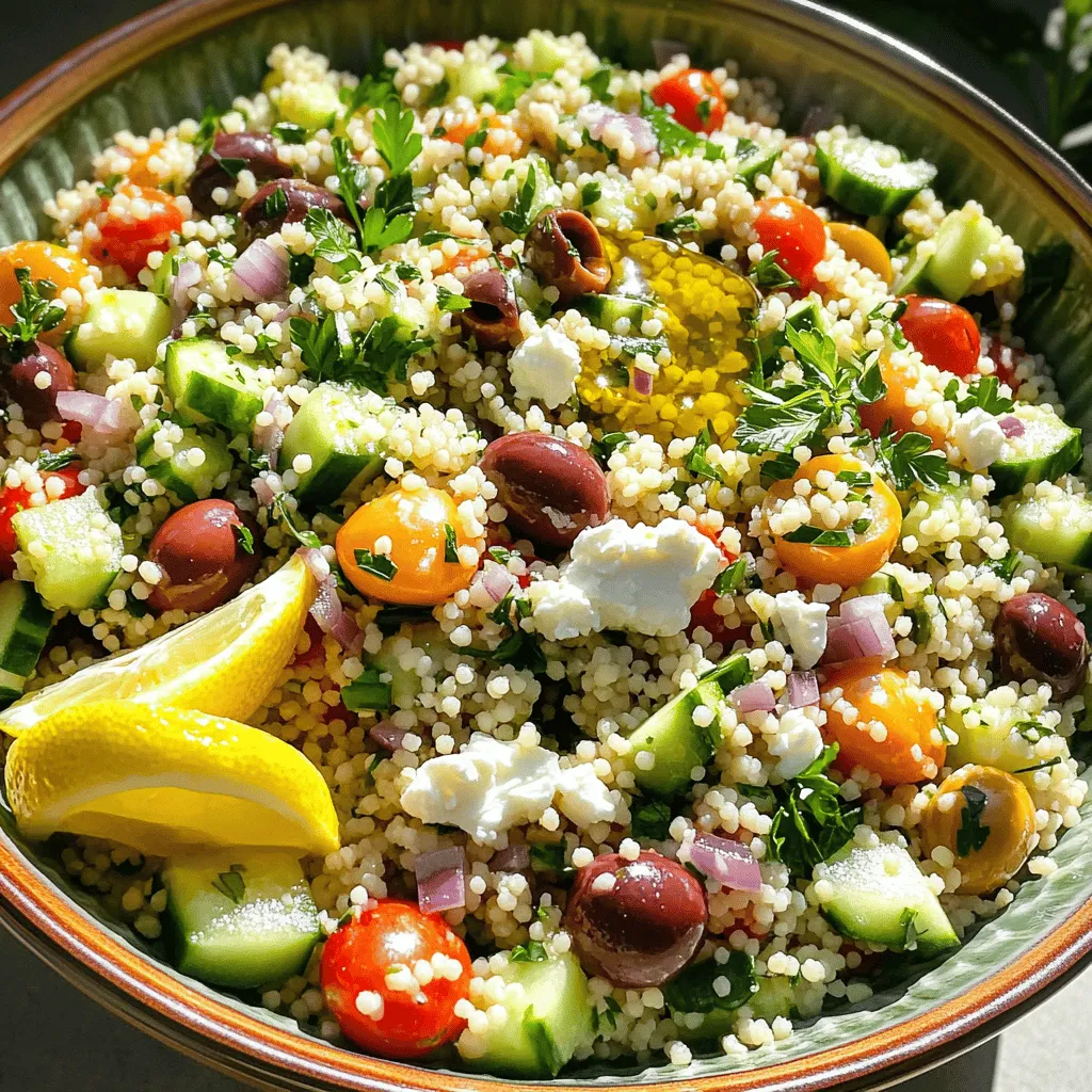 - 1 cup couscous - 1 1/4 cups vegetable broth or water - 1 medium cucumber, diced - 1 cup cherry tomatoes, halved - 1/2 red onion, finely chopped - 1/2 cup Kalamata olives, pitted and sliced - 1/2 cup feta cheese, crumbled - 1/4 cup fresh parsley, chopped - 2 tablespoons fresh mint, chopped - Zest and juice of 1 lemon - 3 tablespoons olive oil - Salt and pepper to taste Gathering the right ingredients is key to making this dish shine. First, couscous serves as the base of our recipe. It cooks quickly and has a light, fluffy texture. You’ll need one cup of couscous. Next, the liquid. Use either vegetable broth or water, about 1 1/4 cups, to give flavor to the couscous. Fresh vegetables add color and crunch. A medium cucumber diced, a cup of halved cherry tomatoes, and half a finely chopped red onion work wonders. Kalamata olives, pitted and sliced, add a briny kick. For that creamy texture, crumbled feta cheese is essential. You’ll want half a cup. Herbs bring the dish to life. Fresh parsley and mint add bright notes. You’ll need a quarter cup of parsley and two tablespoons of mint. Then, we have the star of the show: the lemon. Zest and juice from one lemon will add brightness. Finally, three tablespoons of olive oil, along with salt and pepper, complete the flavor profile. These ingredients blend together to create a fresh, vibrant dish perfect for any meal. 1. Boiling the broth or water: Start by pouring 1 1/4 cups of vegetable broth or water into a medium saucepan. Heat it over high heat until it reaches a rolling boil. 2. Cooking and fluffing the couscous: Once the broth boils, add 1 cup of couscous. Remove the pan from heat and cover it. Let it sit for about 5 minutes. The couscous needs this time to soak up the liquid. 3. Cooling the couscous: After 5 minutes, use a fork to fluff the couscous. This helps separate the grains. Then, set it aside to cool slightly. 1. Mixing vegetables and olives: While the couscous cools, grab a large mixing bowl. Add diced cucumber, halved cherry tomatoes, chopped red onion, and sliced Kalamata olives. Stir them together gently. 2. Adding couscous to the vegetable mixture: Once the couscous cools, add it to the bowl of veggies. Toss everything together to mix well, ensuring all flavors blend. 1. Whisking together dressing ingredients: In a small bowl, combine lemon zest, lemon juice, olive oil, salt, and pepper. Use a whisk to mix everything until it’s smooth. 2. Coating the couscous mixture: Pour the dressing over the couscous mix. Toss gently until everything is coated with the dressing. 3. Finishing touches: Next, fold in crumbled feta cheese, chopped parsley, and mint. Mix carefully so you don’t break the cheese. Now, you have a bright and tasty Lemon Herb Mediterranean Couscous ready to serve! Enjoy the fresh flavors in every bite. To get the best couscous, fluff it well. After cooking, use a fork to gently pull the couscous apart. This keeps it light and airy. Let it cool slightly before mixing. This helps the flavors blend well. Adjust the salt and acidity to your taste. Start with a pinch of salt. Taste, then add more if needed. A splash of lemon juice brightens the dish. Serve it cold or at room temperature for the best taste. Make your dish look amazing by plating it nicely. Use a large bowl or individual plates. Top with extra lemon wedges and fresh herbs. This adds color and makes it more inviting. Garnishing with a sprinkle of feta also adds charm. {{image_2}} You can swap couscous for quinoa or bulgur. Both options work well and add different textures. If you want more crunch, try farro or barley. For vegetables, feel free to use bell peppers, zucchini, or spinach. They add color and flavor. If you prefer a different cheese, try goat cheese or ricotta. Both will change the taste but still keep it fresh. To boost the flavor, add spices like cumin or paprika. These spices add warmth to the dish. Fresh herbs like dill or basil can also elevate the taste. For proteins, grilled chicken or shrimp works great. They make the dish heartier. Even canned chickpeas are a good option for a plant-based boost. You can easily adjust this dish for different seasons. In spring, add peas or asparagus for freshness. Summer is great for ripe tomatoes and fresh corn. In fall, roasted squash can add a lovely sweetness. In winter, you can include hearty greens like kale. Always look for fresh, seasonal ingredients. They make the dish vibrant and tasty. Store your Lemon Herb Mediterranean Couscous in airtight containers. Glass or plastic containers work well. Keep it in the fridge. It stays fresh for up to three days. If you want to keep it longer, consider freezing. To reheat couscous, you can use a microwave or stovetop. For the microwave, place the couscous in a bowl and add a splash of water. Cover it and heat in short bursts, stirring in between. On the stovetop, add a little water in a pan. Heat gently while stirring. This helps keep the texture and flavor intact. Before freezing, let the couscous cool completely. Spoon it into freezer-safe bags or containers. Try to remove as much air as possible. When you want to use it, thaw it in the fridge overnight. You can also use the microwave for quick thawing. Avoid refreezing once it has thawed, as this affects the quality. Couscous cooks quickly. It usually takes about 5 minutes. You just need to boil water or broth, add couscous, and cover. Let it sit, and it will absorb the liquid. Fluff it up with a fork, and it’s ready! Yes, you can make this dish ahead of time. Cook the couscous and cool it down first. Mix it with veggies and dressing later. It will stay fresh in the fridge for up to three days! This couscous pairs well with many foods. You can serve it with grilled chicken, fish, or lamb. It also goes great with a fresh salad or roasted vegetables. You can use gluten-free couscous or swap it for quinoa. Both options work well in this recipe. Adjust the cooking time as needed for quinoa. Absolutely! You can add cooked chicken, shrimp, or chickpeas for protein. Just mix them in after you combine the couscous with vegetables. This makes the dish more filling. Couscous is light yet satisfying. It’s high in carbs, giving you energy. It also has some protein and fiber. Plus, it’s low in fat. This makes it a good choice for many diets. This blog post covered delicious Lemon Herb Mediterranean Couscous. I shared ingredients, step-by-step instructions, and tips for perfecting this dish. You learned ways to adjust for different seasons and how to store leftovers. With all these ideas, you can create a tasty meal that looks great too. Enjoy exploring flavors, colors, and textures in your cooking. The best part? You make it your own each time!