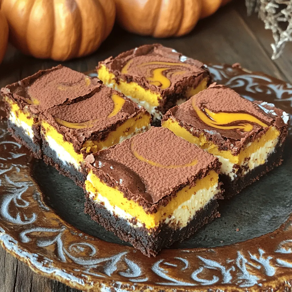- 1 cup unsweetened cocoa powder - 1 cup all-purpose flour - 1/2 teaspoon baking powder - 1/2 teaspoon salt - 1/2 cup unsalted butter, melted - 1 cup granulated sugar - 1 cup brown sugar, packed - 4 large eggs - 1 teaspoon vanilla extract - 1 cup pumpkin puree - 1 teaspoon ground cinnamon - 1/2 teaspoon ground nutmeg - 1 cup cream cheese, softened - 1/4 cup powdered sugar - 1 teaspoon vanilla extract (for the cheesecake layer) To create these pumpkin cheesecake swirl brownies, you need a mix of simple yet rich ingredients. The cocoa powder gives the brownies a deep chocolate flavor. Flour and baking powder help the brownies rise nicely. For sweetness, I use both granulated sugar and brown sugar. This combo adds a nice depth of flavor. Melted butter keeps the brownies moist. Eggs add structure, while vanilla extract brings warmth. Pumpkin puree gives a creamy texture and fall flavor. The spices, cinnamon, and nutmeg, add that cozy autumn touch we all love. The cream cheese mixture is key for the swirl. It adds a rich, tangy layer that balances the sweetness. Don't forget the powdered sugar to sweeten the cream cheese. Each ingredient plays a role in making these brownies not just tasty but also visually stunning. The layers create a lovely marbled effect that makes your dessert irresistible. First, preheat your oven to 350°F (175°C). Prepare a 9x13 inch baking pan by greasing it or lining it with parchment paper. This step helps with easy removal later. Next, in a medium bowl, whisk together: - 1 cup unsweetened cocoa powder - 1 cup all-purpose flour - 1/2 teaspoon baking powder - 1/2 teaspoon salt Set this mix aside. In a large bowl, combine: - 1/2 cup melted unsalted butter - 1 cup granulated sugar - 1 cup packed brown sugar Mix these until smooth. Then, add: - 4 large eggs, one at a time, mixing well after each. - 1 teaspoon vanilla extract. Now, gradually add the dry mix to the wet mix. Stir gently until just combined. Avoid overmixing to keep your brownies soft and chewy. In a separate bowl, prepare the pumpkin mixture by combining: - 1 cup pumpkin puree - 1 teaspoon ground cinnamon - 1/2 teaspoon ground nutmeg - 1 teaspoon vanilla extract Mix this until smooth. Now, whip the cream cheese. In another bowl, combine: - 1 cup softened cream cheese - 1/4 cup powdered sugar Whip until fluffy and well blended. To layer the batters, take about 2/3 of the brownie batter. Spread it evenly in your prepared pan. Next, drop spoonfuls of the pumpkin mixture over the brownie layer. Then, add dollops of the cream cheese mixture. Use a knife or skewer to swirl these batters together. Aim for a marbled effect, but don’t overdo it. Finally, pour the remaining brownie batter on top. Use a spatula to spread it evenly over the swirled layers. Now, bake your brownies in the preheated oven for 30 to 35 minutes. Check for doneness by inserting a toothpick into the center. It should come out mostly clean, with a few moist crumbs. Once baked, let the brownies cool completely in the pan on a wire rack. This cooling step is key before you slice them into squares. To get perfect brownies, avoid overmixing. Mix the batter just until the flour disappears. If you mix too much, your brownies can turn out tough. For checking doneness, use a toothpick. Insert it into the center. If it comes out with a few moist crumbs, your brownies are ready. Be careful to not overbake or underbake your brownies. Overbaking dries them out while underbaking leaves them too gooey. When swirling, use a light hand. Too much mixing will blend the layers instead of creating a pretty swirl. For a lovely presentation, serve brownies on a decorative plate. Dust them with cocoa powder or powdered sugar. This adds a nice touch. You can also add a dollop of whipped cream on top. A sprinkle of cinnamon makes it even better. For a rich treat, serve them with a scoop of ice cream. {{image_2}} You can add fun flavors to your pumpkin cheesecake swirl brownies. Here are some ideas: - Chocolate chips: Stir in a cup of chocolate chips for a rich twist. - Nuts: Add chopped walnuts or pecans for crunch. - Spices: Swap the cinnamon and nutmeg with ginger or cloves for a cozy flavor. Adding these extras can change your brownies from good to great! You might want to change the recipe to fit dietary needs. Here are some options: - Gluten-free: Use almond flour or a gluten-free flour blend instead of all-purpose flour. - Vegan: Replace eggs with flaxseed meal mixed with water. Use a plant-based cream cheese. These adjustments keep your brownies tasty for all diets! Fall brings a lot of special flavors. You can play with these ideas: - Fall flavors: Mix in apple cider or maple syrup for a seasonal kick. - Toppings: Top your brownies with candied pecans or caramel sauce for a festive touch. These twists make your brownies perfect for any autumn gathering! To keep your pumpkin cheesecake swirl brownies fresh, follow these steps: - Room temperature storage: Place brownies in an airtight container. They stay good at room temp for up to four days. - Refrigeration: For longer storage, you can put them in the fridge. They last about a week when chilled. - Freezing methods: To freeze, wrap brownies in plastic wrap and aluminum foil. They will keep for three months. Just remember to thaw them in the fridge overnight before enjoying. The shelf life of your brownies depends on how you store them: - At room temperature: About four days. - In the fridge: Up to one week. - In the freezer: Lasts about three months. Always check for any signs of spoilage before eating. If you want to enjoy warm brownies, here are the best methods: - Microwave: Heat a brownie for about 10-15 seconds. This warms it nicely without drying it out. - Oven: Preheat to 350°F (175°C). Wrap brownies in foil and warm for about 10 minutes. This method keeps them soft. - Avoid: Do not overheat, as this can make them tough. Enjoy your brownies warm! Yes, you can use fresh pumpkin. Just cook and puree it first. Fresh pumpkin gives a nice flavor. Make sure it is smooth for the best texture in your brownies. You can use Greek yogurt or mascarpone. Both give a creamy texture. They also add a slight tang that complements the brownies. Check with a toothpick. Insert it into the center; it should come out mostly clean. A few moist crumbs are fine. The edges should look set and slightly pull away from the pan. Yes, you can make them a day in advance. Store them in an airtight container. They taste even better after resting for a bit. You can add whipped cream or a dusting of powdered sugar. Chopped nuts or chocolate chips also work well. A sprinkle of cinnamon adds a nice touch too. In this blog post, we explored the key ingredients needed for delicious pumpkin cheesecake swirl brownies. You learned how to prepare the batter, layer the mixtures, and bake them to perfection. We also shared tips to avoid mistakes, offered serving suggestions, and discussed storage methods. Remember, your creativity can shine with variations and seasonal twists. Enjoy making these brownies and impressing your friends and family. Happy baking!