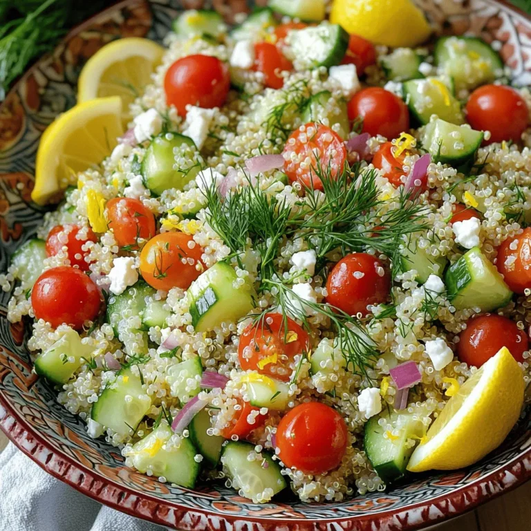 To make this fresh and vibrant dish, you need: - 1 cup quinoa, rinsed - 2 cups vegetable broth - 1 cup cherry tomatoes, halved - 1 cucumber, diced - 1/4 red onion, finely chopped - 1/4 cup fresh dill, chopped - 1/4 cup feta cheese, crumbled (optional) - 1/4 cup olive oil - 3 tablespoons fresh lemon juice - Salt and pepper to taste These ingredients come together to create a salad that is both colorful and tasty. The quinoa provides a nutty base, while the vegetables add crunch and freshness. Dill brightens the flavor, and feta gives a creamy touch. You can customize this salad to fit your taste. Here are some ideas: - Add avocado for creaminess. - Use parsley or basil instead of dill for a different flavor. - Swap feta with goat cheese for a tangy twist. - Try different veggies like bell peppers or radishes for extra crunch. These options allow you to explore flavors and textures. Feel free to mix and match based on what you have at home. This salad is not only delicious but also healthy. Here’s a quick look at the key ingredients: - Quinoa: High in protein and fiber. It is gluten-free and full of essential amino acids. - Cherry Tomatoes: Packed with vitamins C and K. They add sweetness and color. - Cucumber: Low in calories and hydrating. It brings a refreshing crunch. - Olive Oil: A good source of healthy fats. It can help reduce inflammation. - Dill: Contains antioxidants and may help with digestion. This salad combines nutrition with taste, making it a great choice for any meal. Start by rinsing one cup of quinoa under cold water. This step helps remove any bitter taste. Next, pour the rinsed quinoa into a medium saucepan. Add two cups of vegetable broth to the pan. Turn on your stove and bring it to a boil over medium-high heat. Once it starts boiling, reduce the heat to low. Cover the pan and let it simmer for 15 to 20 minutes. The quinoa will be fluffy when done, and all the broth will be absorbed. Remove it from heat and let it cool for a few minutes. In a large mixing bowl, combine the salad's fresh ingredients. Add one cup of halved cherry tomatoes. Then, add one diced cucumber and a finely chopped quarter of a red onion. Toss in a quarter cup of chopped fresh dill. If you enjoy cheese, you can also add a quarter cup of crumbled feta cheese. This adds a nice creamy touch. For the dressing, take a small bowl and whisk together a quarter cup of olive oil. Add three tablespoons of fresh lemon juice to the bowl. Season with salt and pepper to taste. This dressing brings all the flavors together. Once the quinoa has cooled, fluff it with a fork. Then, add it to the bowl with the mixed salad ingredients. Pour the dressing over the top and toss gently. Make sure everything is well combined. Taste your salad and adjust the seasoning if you want more lemon juice, salt, or pepper. Finally, chill the salad in the fridge for at least 30 minutes before serving. This waiting time allows the flavors to blend beautifully. To get fluffy quinoa, rinse it first. Rinsing removes the bitter coating called saponin. Use a fine-mesh strainer for this. Then, cook it in vegetable broth. This adds flavor and makes it tastier. Bring the broth to a boil, then lower the heat. Cover the pot and let it simmer. After 15 to 20 minutes, check if all the liquid is absorbed. Let it sit a few minutes, then fluff it with a fork. This makes the quinoa light and airy. Seasoning is key to a tasty salad. Start with salt and pepper to taste. You can also adjust the lemon juice for more zing. If you love herbs, add extra dill for a fresh touch. Try adding garlic powder for depth or a pinch of cayenne for heat. Taste as you go to find your perfect balance. The goal is to enhance, not overpower, the fresh flavors. Presentation makes your dish stand out. Serve the salad in a large bowl to showcase its colors. Garnish with extra dill on top for a vibrant look. Add lemon wedges on the side for a fresh touch. This not only looks nice but also lets guests add more lemon if they want. For a fancy touch, use a glass dish to show off the layers. A beautiful presentation makes the salad even more inviting! {{image_2}} This Lemon Dill Quinoa Salad is already a tasty vegetarian dish. To make it vegan, simply leave out the feta cheese. The salad remains bright and flavorful without it. You can also add more veggies like bell peppers or radishes for extra crunch. Fresh herbs like parsley or basil can add more depth to the flavor. You can mix up the ingredients based on what’s in season. In summer, add fresh corn or zucchini. In fall, consider roasted butternut squash or apples. These swaps keep your salad fresh and exciting. You can also switch out the cherry tomatoes for diced ripe peaches in summer. The sweet and tangy mix will surprise your taste buds. If you want to make the salad more filling, add protein. Chickpeas or black beans work great; they add texture and flavor. Grilled chicken or shrimp are also good choices if you eat meat. You can toss in some nuts like almonds or walnuts for an extra crunch. These additions turn a light side salad into a satisfying meal. To store leftovers, let the salad cool to room temperature. Transfer it into an airtight container for best results. Keep the container in the fridge. This keeps the salad fresh for your next meal. I recommend using glass containers for storing your salad. These containers do not stain or hold odors. They also help you see the salad inside. If you prefer plastic, choose BPA-free containers. They should seal tightly to keep the salad fresh. Lemon dill quinoa salad lasts up to four days in the fridge. Ensure it stays sealed in an airtight container. For longer storage, you can freeze the salad without the dressing. It can last up to three months in the freezer. When ready to eat, thaw it overnight in the fridge. Then, add fresh dressing before serving. Yes, you can make this salad ahead of time. It tastes even better after sitting. The flavors mix well when it chills in the fridge. I suggest making it up to a day before you plan to serve it. Just store it in an airtight container. This way, you save time and enjoy a tasty meal later. This salad pairs well with many dishes. You can serve it with grilled chicken or fish. It also goes great with roasted vegetables. For a lighter meal, enjoy it with a warm soup. You can even serve it as a side with a sandwich. The fresh flavors complement many main courses. Yes, Lemon Dill Quinoa Salad is gluten-free. Quinoa is a seed, not a grain. It is safe for those with gluten sensitivities. Always check your broth and other ingredients for hidden gluten. This salad is a great choice for anyone needing gluten-free meals. You can replace quinoa with other grains if you like. Brown rice, farro, or bulgur are good options. Each grain adds a unique taste and texture. Just ensure to cook them according to package instructions. Adjust the cooking time as needed to keep the salad light and fresh. This blog post covered how to make a Lemon Dill Quinoa Salad. We explored the main ingredients, easy steps, and helpful tips. You learned how to prepare fluffy quinoa and mix it into a tasty dish. There are also many ways to customize this salad to fit your tastes. Remember to store leftovers properly and enjoy it throughout the week. By following these steps, you can create a healthy meal that is both delicious and fun. Give it a try, and enjoy the bright flavors!