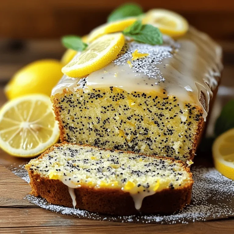 For a delightful Lemon Poppy Seed Loaf, you will need: - 1 ½ cups all-purpose flour - 1 teaspoon baking powder - ½ teaspoon baking soda - ½ teaspoon salt - ½ cup unsalted butter, softened - 1 cup granulated sugar - 2 large eggs - 2 tablespoons poppy seeds - 2 tablespoons lemon zest (about 2 lemons) - ¼ cup fresh lemon juice - ½ cup buttermilk - 1 teaspoon vanilla extract You can change some ingredients to fit your needs: - Butter: Use coconut oil or margarine for a dairy-free version. - Sugar: Substitute with honey or maple syrup for a natural sweetener. - Buttermilk: Mix milk with a teaspoon of vinegar or lemon juice for a quick homemade version. - Eggs: Use flaxseed meal (1 tablespoon mixed with 2.5 tablespoons water) for a vegan option. Always check for allergens in your ingredients. Common allergens here include gluten (from flour) and dairy (from butter and buttermilk). Fresh ingredients make your loaf taste better. Here are my tips for choosing the best: - Lemons: Pick firm lemons with bright skin. They should feel heavy for their size. - Butter: Look for unsalted butter for better control of your loaf's saltiness. - Eggs: Fresh eggs should have a smooth, clean shell. Check the date on the carton. - Poppy Seeds: Choose whole seeds, not ground, to get the best flavor. - Flour: Use all-purpose flour that is stored well. Check for any lumps or strange smells. With these fresh ingredients, your Lemon Poppy Seed Loaf will shine with flavor! Start by preheating your oven to 350°F (175°C). This step warms the oven so your loaf bakes evenly. While the oven heats, grab a 9x5-inch loaf pan. Grease the pan well to prevent sticking. For good measure, line the bottom with parchment paper. This makes it easy to remove the loaf later. In a medium bowl, combine the all-purpose flour, baking powder, baking soda, and salt. Whisk them together until blended. Set this bowl aside for now. Next, take a large mixing bowl. Add the softened butter and granulated sugar. Cream these two together for about 3-4 minutes. You want the mix to look light and fluffy. Now, add the eggs one at a time. Mix well after each egg. This helps the batter come together. Stir in the lemon zest and fresh lemon juice. Mix until everything is well combined. Next, slowly add the dry ingredients to the wet mix. Do this gradually, alternating with the buttermilk. Start and end with the flour mixture. Be careful not to overmix. Lastly, gently fold in the poppy seeds until evenly distributed. Pour the batter into your prepared loaf pan. Use a spatula to smooth the top for a nice finish. Place it in the oven and bake for 55-65 minutes. To check if it's done, insert a toothpick into the center. It should come out clean when the loaf is ready. Once baked, remove the loaf from the oven. Let it cool in the pan for about 10 minutes. Then, transfer it to a wire rack. Allow it to cool completely before slicing. Enjoy your delicious Lemon Poppy Seed Loaf! To keep your lemon poppy seed loaf moist, use fresh ingredients. Buttermilk is key. It adds richness and moisture. Make sure your butter is softened, not melted. Creaming it with sugar creates air pockets that help keep the loaf light. Adding lemon juice and zest brings in flavor and moisture. Also, do not overmix the batter. Overmixing can make the loaf dense and dry. Mix until just combined, then fold in the poppy seeds gently. One common mistake is not measuring flour correctly. Too much flour can dry out your loaf. Always use a spoon to scoop flour into the measuring cup. Level it off with a straight edge. Another mistake is baking at the wrong temperature. Always preheat your oven to 350°F (175°C) before baking. This ensures even cooking. Also, avoid opening the oven door too soon. This can cause the loaf to sink. For a soft and tender texture, use room temperature eggs. Cold eggs can shock the batter. Mix the butter and sugar until light and fluffy, about 3-4 minutes. This step is crucial for the right texture. When mixing in your dry ingredients, do it gently. Fold them in rather than stirring vigorously. This helps keep the loaf airy. Lastly, let the loaf cool in the pan for a short time. Transferring it to a wire rack too soon can lead to a soggy bottom. {{image_2}} You can make a gluten-free version of this loaf. Simply swap the all-purpose flour for a gluten-free blend. Look for a blend that contains xanthum gum. This will help give the loaf structure. The taste will still be bright and tangy. To make this loaf vegan, replace the eggs with flax eggs. Mix one tablespoon of ground flaxseed with three tablespoons of water for each egg. Use a plant-based butter instead of unsalted butter. For buttermilk, mix non-dairy milk with a teaspoon of vinegar. These changes keep the flavor fresh and delightful. You can enhance the flavor by adding different ingredients. Consider folding in some dried blueberries or raspberries. They add a nice burst of flavor. You can also try adding a hint of almond extract for depth. For a fun twist, mix in some chopped nuts for crunch. Each variation brings a new twist to this classic loaf! To keep your lemon poppy seed loaf fresh, wrap it well. Use plastic wrap or foil. This prevents it from drying out. Store it at room temperature for up to three days. If you want to keep it longer, refrigerate it. Just note that refrigeration may change its texture slightly. Freezing your loaf is easy! After it cools, slice it for quick access. Wrap each slice in plastic wrap, then place them in a freezer bag. Squeeze out extra air to avoid freezer burn. It can last up to three months in the freezer. When you’re ready to enjoy it, just thaw it overnight in the fridge. To reheat, simply take a slice from the fridge or freezer. For fridge slices, pop them in the microwave for about 15-20 seconds. If frozen, thaw first, then heat. You can also warm it in the oven at 350°F (175°C) for about 10 minutes. This brings back its fresh-baked taste and aroma. Yes, you can use lemon extract. It gives a strong lemon flavor. Use less extract than zest. Start with one teaspoon. If you want more flavor, add a bit more. But remember, zest adds texture and freshness too. Check the loaf with a toothpick. Insert it into the center. If it comes out clean, the loaf is done. You can also look for a golden brown top. The loaf should spring back when pressed lightly. This loaf pairs well with many things. You can serve it with butter or cream cheese. A cup of tea or coffee makes a great match too. Add some fresh fruit or a fruit salad for a nice touch. You can find the full recipe above. It includes all the steps and tips for making this delicious loaf. Make sure to check the ingredient list and instructions before you start baking. Enjoy your cooking! In this post, we explored the ingredients needed for lemon poppy seed loaf, ways to substitute, and how to choose fresh items. We detailed a step-by-step guide for making the loaf and shared tips to keep it moist. We also discussed variations for gluten-free and vegan diets and covered storage tips. With this knowledge, you can bake a delicious loaf confidently. Remember, the right ingredients and methods make all the difference. Enjoy baking!