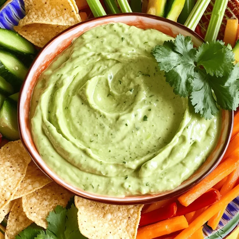 - 2 ripe avocados - 1 cup Greek yogurt - 1/4 cup mayonnaise - 1 tablespoon lime juice - 1 teaspoon garlic powder - 1 teaspoon onion powder - 1 teaspoon dried dill - 1/2 teaspoon salt - 1/2 teaspoon black pepper - 1/4 teaspoon paprika - Fresh cilantro, chopped for garnish When I make Avocado Lime Ranch Dip, I focus on using fresh and ripe ingredients. The avocados should be soft but not brown. Greek yogurt gives the dip a creamy base. It adds a nice tang and protein too. Mayonnaise adds richness and helps the dip stay smooth. For seasonings, lime juice brings bright flavor. Garlic powder and onion powder add depth. Dried dill gives it a fresh taste. Salt and black pepper enhance all the flavors. A pinch of paprika adds a warm touch. Finally, I love to garnish with fresh cilantro. It looks great and adds more flavor. This dip is not only tasty but easy to make. You can serve it with chips, veggies, or crackers. Enjoy every bite! - Cut avocados in half and remove the pit. - Scoop out the avocado flesh into a mixing bowl. Start by taking two ripe avocados. Use a sharp knife to cut them in half. Be careful not to cut too deep. Once you have two halves, twist gently to separate them. Use a spoon to remove the pit. Next, scoop out the green flesh with a spoon. Place all the flesh in a medium-sized mixing bowl. - Add Greek yogurt and mayonnaise. - Squeeze lime juice and add seasonings. Now, it’s time to mix in the creamy ingredients. Add one cup of Greek yogurt and a quarter cup of mayonnaise to the bowl. The yogurt adds tang, while mayonnaise gives creaminess. Next, squeeze a tablespoon of fresh lime juice over the mixture. This will brighten the flavors. Then, sprinkle in one teaspoon each of garlic powder, onion powder, and dried dill. Finally, add half a teaspoon of salt, half a teaspoon of black pepper, and a quarter teaspoon of paprika for a bit of warmth. - Blend until creamy with some chunks. - Taste and adjust seasoning as needed. Use a fork or a hand mixer to blend all the ingredients. Mix until the dip is creamy but still has some avocado chunks. This texture adds to the fun! After blending, taste your dip. If you want more flavor, adjust the seasoning. You can add more salt, pepper, or lime juice based on your taste. After you finish, transfer the dip to a serving bowl. For a nice touch, sprinkle chopped fresh cilantro on top. This adds color and flavor. Enjoy your tasty avocado lime ranch dip! To make your dip even better, try these tips: - Adjust Seasonings: You can add more salt or lime juice for a zesty kick. If you like it spicy, add a pinch of cayenne pepper or chopped jalapeños. Taste as you go so you get it just right. - Pick Ripe Avocados: A ripe avocado feels slightly soft when you press it gently. Look for a dark green skin and avoid any with brown spots. If your avocados are hard, leave them out for a few days to ripen. Serving your dip well makes it more fun! - Best Options: Serve your avocado lime ranch dip with tortilla chips or crunchy veggie sticks like carrots and cucumbers. These pair nicely and add color to your spread. - Creative Garnishes: Add extra chopped cilantro on top for a fresh look. You can also place lime wedges around the dip for a pop of color. Using a bright platter makes everything more appealing. {{image_2}} You can make your dip spicy by adding jalapeños or hot sauce. Start with one diced jalapeño. Mix it in with the other ingredients. If you like even more heat, add a few dashes of your favorite hot sauce. Taste as you go to find the right heat level for you. If you need a dairy-free version, swap Greek yogurt and mayonnaise. Try using coconut yogurt and vegan mayo. These options give a creamy texture without dairy. This change keeps the flavor bold and fresh. You can add different herbs or spices for more flavor. For a cilantro lime twist, mix in fresh chopped cilantro and an extra squeeze of lime juice. If you prefer a smokier taste, try adding chipotle powder. Each of these adjustments will create a unique dip that fits your taste. To keep your Avocado Lime Ranch Dip fresh, store it in an airtight container. This helps prevent air from getting in, which can cause browning. You can also press plastic wrap directly onto the dip's surface before sealing the container. This ensures it stays creamy and bright green. Place the container in the refrigerator. It will stay fresh for up to three days. If you want to freeze the dip, start by placing it in a freezer-safe container. Leave some space at the top for expansion. You can also use ice cube trays for smaller portions. When you want to use it, transfer the dip to the fridge to thaw overnight. Avoid refreezing after it's been thawed for best taste. For optimal quality, enjoy your Avocado Lime Ranch Dip within three days when stored in the fridge. If frozen, it maintains good taste for about two months. After that, the flavor may change. Always check for any signs of spoilage before eating. Can I make this dip in advance? Yes, you can make this dip ahead of time. I like to prepare it a few hours before serving. This gives the flavors time to mix and deepen. Just cover it tightly and keep it in the fridge until you’re ready to serve. How long does the dip last in the fridge? The dip stays fresh for about three to five days in the fridge. Make sure to store it in an airtight container. If you see any browning on top, just stir it before serving. What can I serve with this dip? You can serve this dip with many things! Tortilla chips are a classic choice. Veggie sticks like carrots and celery work well too. Crackers also pair nicely, or you can use it as a spread on sandwiches. Get creative with your choices! This blog post covered how to make a delicious Avocado Lime Ranch Dip. We discussed the key ingredients, like ripe avocados, Greek yogurt, and seasonings. You learned step-by-step instructions for preparation, mixing, and blending. I shared tips on flavor enhancement and presentation ideas, plus variations to fit your taste. Finally, we talked about storage tips for freshness. Now, you can enjoy this tasty dip anytime. Have fun creating and sharing it!