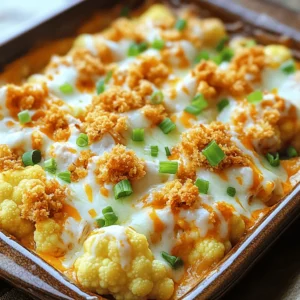 - Cauliflower florets - Cooked shredded chicken - Buffalo sauce The base of this dish is the cauliflower florets. You want to chop them into bite-sized pieces. Cauliflower adds a nice texture and absorbs flavors well. Next, cooked shredded chicken is key. You can use leftovers or rotisserie chicken. It brings protein and heartiness to the casserole. Buffalo sauce is what gives this dish its kick. You can adjust the heat level to match your taste. - Cream cheese - Mozzarella cheese - Ranch dressing Cream cheese adds a rich, smooth base to the mix. It helps bind everything together. Mozzarella cheese melts beautifully and makes a gooey topping. You’ll use some in the mix and save some for the top. Ranch dressing adds a creamy, tangy flavor that balances the spice from the buffalo sauce. - Bread crumbs - Green onions for garnish If you want some crunch, add bread crumbs on top. They bake into a crispy layer, which contrasts the soft casserole. Green onions bring a fresh pop of flavor. You can mix them in or sprinkle them on top as a garnish. They add color and taste, making your dish even more appealing. 1. Preheat your oven to 350°F (175°C). This helps the casserole cook evenly. 2. Boil cauliflower florets in a large pot. Add salted water and cook for about 5 minutes. They should be tender but still firm. Drain the florets and set them aside. 1. In a large mixing bowl, combine the cooked, shredded chicken, buffalo sauce, cream cheese, ranch dressing, and half of the mozzarella cheese. Stir until everything is mixed well. 2. Gently fold in the cooked cauliflower and the chopped green onions. Season with salt and pepper to taste. 1. Pour the chicken and cauliflower mixture into a greased 9x13 casserole dish. 2. Top with the remaining mozzarella cheese. If you like, sprinkle breadcrumbs evenly over the top for extra crunch. 3. Bake in the preheated oven for 25-30 minutes. The cheese should be bubbling and slightly golden on top. This simple method brings all the flavors together for a warm and filling dish. Enjoy the cooking process and the delicious smell that fills your kitchen! To avoid mushy cauliflower, cook it briefly. Boil the florets for just 5 minutes. This keeps them tender yet firm. Drain them well to remove excess water before adding to your dish. Adjust the buffalo sauce to match your heat preference. Start with one cup. If you like it spicy, add more sauce to your chicken mix. You can also mix in some honey for a sweet twist. For the best cheese combinations, use mozzarella and cream cheese. Mozzarella melts well and adds gooey texture. Cream cheese gives a rich, smooth taste. You can also mix in some sharp cheddar for extra flavor. To achieve a crispy topping, sprinkle breadcrumbs on top before baking. This adds a nice crunch. You can even mix the breadcrumbs with a bit of melted butter for more flavor. Ideal side dishes to serve with this casserole include a simple salad or steamed veggies. These light sides balance the rich flavors of the casserole. For the best ways to garnish before serving, add extra chopped green onions on top. They add freshness and a pop of color. You can also drizzle a bit of ranch dressing for extra creaminess. {{image_2}} You can swap chicken with turkey. Turkey gives a leaner taste and works well. You can also use shredded rotisserie turkey. It saves time and adds great flavor. For a low-carb option, try using broccoli instead of cauliflower. Broccoli holds up well and brings a nice crunch. You can also use zucchini if you prefer a softer texture. To make this dish gluten-free, skip the breadcrumbs or use gluten-free ones. Many brands offer tasty gluten-free crumbs that work great. Check the label to ensure it's truly gluten-free. For a vegetarian version, use chickpeas instead of chicken. The chickpeas add protein and a hearty feel. You can also add mushrooms for extra texture and flavor. Want to spice things up? Add garlic powder, onion powder, or smoked paprika. These spices give the casserole a nice kick. You can also mix in some cayenne pepper for heat. Incorporating vegetables boosts nutrition. Try adding spinach or bell peppers. They blend well and add color. Toss in some carrots for a sweet touch. This makes each bite more exciting! To store your leftover Buffalo Chicken Cauliflower Casserole, let it cool first. Place it in an airtight container. This helps keep it fresh for the next meal. Glass or plastic containers with tight lids work best. You can also use aluminum foil to cover it tightly if you don't have a container. If you want to freeze the casserole, let it cool completely. Then, wrap it tightly in plastic wrap or foil. Place it in a freezer-safe container. This will help keep out air and prevent freezer burn. When you're ready to eat, thaw it in the fridge overnight. Reheat it in the oven at 350°F (175°C) until it's hot throughout. This keeps the flavors fresh and the cheese nice and gooey. In the fridge, your casserole lasts about 3 to 4 days. Always check for signs of spoilage. If it smells off or has a strange color, it’s time to toss it. Keeping an eye on these details helps you enjoy your meal safely. Can I make this ahead of time? Yes, you can prepare this casserole a day in advance. Simply follow the recipe until assembly. Then, cover and store it in the fridge. When you're ready, bake it straight from the fridge, adding a few extra minutes to the cooking time. What can I serve with Buffalo Chicken Cauliflower Casserole? This dish pairs well with a simple green salad. You can also serve it with sliced veggies and ranch or blue cheese dip. For a heartier meal, consider adding some baked potatoes on the side. Can I use frozen cauliflower? Yes, frozen cauliflower works well. Just make sure to thaw and drain it before mixing it into the casserole. This helps avoid excess water in your dish. What can I substitute for ranch dressing? If you don’t have ranch dressing, you can use blue cheese dressing. Greek yogurt mixed with herbs can also work as a great substitute. Both options will still give you that creamy texture and flavor. How do I ensure my casserole doesn’t dry out? To keep your casserole moist, make sure not to overbake it. Cover it with foil for part of the cooking time. This helps retain steam and moisture. Adding enough cream cheese also keeps it creamy. Can I make this in a slow cooker? Yes, you can make this casserole in a slow cooker. Just layer the ingredients in the cooker and set it on low for about 4 hours. This method makes for an easy, hands-off meal. This blog post covers everything you need to know about making Buffalo Chicken Cauliflower Casserole. We discussed key ingredients like cauliflower, chicken, and cheese, plus tips to avoid mushy cauliflower. You learned step-by-step instructions, variations for dietary needs, and safe ways to store leftovers. In summary, this dish is simple, delicious, and adaptable. So gather your ingredients and enjoy a tasty casserole that suits your taste!