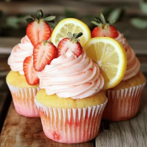 - 1 ½ cups all-purpose flour - 1 teaspoon baking powder - 1/2 teaspoon baking soda - 1/4 teaspoon salt - ½ cup unsalted butter, softened - 1 cup granulated sugar - 2 large eggs - 1/2 cup buttermilk - 1/4 cup freshly squeezed lemon juice - Zest of 1 lemon - 1 teaspoon vanilla extract - 1 cup fresh strawberries, pureed - Frosting ingredients: 1 cup powdered sugar, 4 oz cream cheese, 2 tablespoons milk - Optional garnish: Fresh strawberries and lemon slices This cupcake recipe brings together sweet and tangy flavors. The dry ingredients form the base. I use all-purpose flour to give the cupcakes structure. Baking powder and baking soda help them rise. Salt balances the sweetness. For the wet ingredients, I start with softened butter. It blends well with sugar, creating a light mix. Eggs add moisture and richness. Buttermilk gives the cupcakes a fluffy texture. Fresh lemon juice and zest bring in that bright, zesty flavor. The vanilla extract adds warmth. The fresh strawberries are a highlight. I puree them to mix into the batter. This gives each bite a burst of berry goodness. For the frosting, I blend cream cheese and powdered sugar. It’s creamy and smooth, perfect for topping the cupcakes. Finally, I like to garnish with extra strawberries and lemon slices. They make the cupcakes look pretty and add extra flavor. This combination of ingredients makes for a delightful treat! - Preheat the oven to 350°F (175°C) and line a muffin tin with cupcake liners. - In a large bowl, cream together the softened butter and granulated sugar until light and fluffy. - Add the eggs one at a time, mixing well after each addition. Start with the butter and sugar. This step makes the cupcakes tender. Use a mixer to beat them until the mixture looks pale and airy. This helps add air and makes your cupcakes light. Next, add the eggs. Do this slowly to keep the batter smooth. Each egg adds moisture and richness. Make sure to mix well after each egg so everything blends nicely. - Combine the buttermilk, lemon juice, lemon zest, and vanilla extract in the wet mixture. - Whisk together the dry ingredients; gradually add to wet mixture until just combined. - Fold in the strawberry puree; divide batter into muffin tins and bake. Now, it’s time to combine the wet and dry ingredients. Mix the buttermilk, lemon juice, lemon zest, and vanilla in a separate bowl. The lemon juice adds a nice tang and pairs well with strawberries. In another bowl, mix the dry ingredients: flour, baking powder, baking soda, and salt. When you combine these with the wet mix, do it slowly. Stir until just combined. Over-mixing can lead to dense cupcakes. Add the strawberry puree last. Gently fold it in so it spreads evenly. This makes sure every bite is bursting with strawberry flavor. Fill each cupcake liner about two-thirds full. This allows space for the cupcakes to rise without spilling over. Bake for 18-20 minutes. Use a toothpick to check for doneness; it should come out clean. - Bake for 18-20 minutes; cool in the pan, then transfer to a wire rack. - Make cream cheese frosting by beating cream cheese and powdered sugar until smooth. - Frost completely cooled cupcakes and garnish with fresh strawberries and lemon slices. Once baked, let the cupcakes cool in the pan for about five minutes. This helps them set. Then, move them to a wire rack to cool completely. While they cool, make the frosting. In a bowl, beat cream cheese and powdered sugar until smooth. Add milk a little at a time until you reach a good consistency. Once the cupcakes cool, frost them with the cream cheese mix. You can use a spatula or a piping bag for a fancy look. For a pretty finish, add fresh strawberries and lemon slices on top. This adds color and extra flavor to your sweet treats. - Use room temperature ingredients for better mixing. Cold butter or eggs can cause uneven batter. - Gently fold in the strawberry puree. This keeps the batter light and airy. - Start with softened cream cheese. It mixes much easier and gives a smooth texture. - Adjust the milk amount. This helps you get the frosting thickness you want. - If your cupcakes sink, check your mixing. Make sure you mix evenly and measure correctly. - For dry cupcakes, check flour measuring. Too much flour or baking too long can dry them out. {{image_2}} You can easily change the flavor of your cupcakes. Add lemon zest for a stronger citrus taste. This small change boosts the overall flavor profile. If you want to try something new, swap out strawberries for other berries. Raspberries or blueberries can work well in this recipe. Each berry brings its unique taste and color, making your cupcakes even more fun! Frosting makes cupcakes special. You can switch to a lemon-flavored buttercream for a fresh twist. This will give a bright taste that matches the cupcake base. If you're looking for a creamier option, try using mascarpone cheese instead of cream cheese. This gives a rich flavor and a smooth texture that’s hard to resist! Don't forget the toppings! Adding edible flowers can make your cupcakes look beautiful. Sprinkles also add a fun touch. If you want more zing, drizzle your cupcakes with lemon glaze. This adds a sweet and tart flavor that pairs well with the cupcake. Each topping will make your dessert more eye-catching and delicious! Store your strawberry lemonade cupcakes in an airtight container. They will stay fresh for up to three days at room temperature. If you want them to last longer, put them in the fridge. This is especially good for cupcakes with cream cheese frosting. If you want to save some for later, freeze the unfrosted cupcakes. They can stay in the freezer for up to three months. When you’re ready to enjoy them, just thaw the cupcakes first. Then, frost them and serve. If you like your cupcakes warm, pop one in the microwave for a few seconds. But remember, if they are frosted, do not reheat them. They taste best when served at room temperature. Yes, substitute with a gluten-free flour blend. This swap keeps the cupcakes light and fluffy. Absolutely! It can save time, though homemade is recommended for flavor. Homemade frosting adds a creamy touch that enhances the cupcakes. Lemonade or iced tea are great accompanying beverages. They complement the sweet and tangy flavors perfectly. Increase the amount of strawberry puree in the batter slightly. This simple trick boosts the fruity taste without changing the texture. Great for summer parties, picnics, and birthday celebrations! Their bright colors and flavors make every event feel special. Yes, reduce bake time and use mini cupcake liners for perfect bite-sized treats. Mini cupcakes are fun and easy to share! These Strawberry Lemonade Cupcakes are a treat for any event. We covered the ingredients, the steps to bake, and even some handy tips. Remember, the key to success lies in proper mixing and ingredient choice. You can add different flavors or toppings to make them your own. Enjoy sharing these cupcakes at your next gathering!