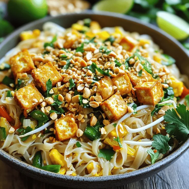 To make this dish, gather these key ingredients: - 14 oz firm tofu, pressed and cubed - 8 oz rice noodles - 2 tablespoons cornstarch - 3 tablespoons vegetable oil (for frying) - 2 eggs, lightly beaten - 1 cup bean sprouts - 3 green onions, chopped - 1 carrot, julienned - 1/4 cup crushed peanuts - 3 tablespoons soy sauce - 1 tablespoon tamarind paste - 1 tablespoon sugar - 2 cloves garlic, minced - 1 tablespoon lime juice - Fresh cilantro for garnish - Lime wedges for serving These ingredients work together to create a rich, flavorful Pad Thai. The tofu offers protein and texture, while the noodles serve as the dish's base. The combination of soy sauce and tamarind paste gives that classic sweet and savory taste. For frying the tofu, you can use different oils. I prefer vegetable oil for its neutral flavor. However, you can also use: - Peanut oil for a nutty taste - Canola oil for a light flavor - Coconut oil for a hint of sweetness Each oil adds a unique touch to the dish. Choose one that fits your taste or what you have on hand. If you need to make adjustments, here are some options: - Use gluten-free soy sauce or tamari for a gluten-free dish. - Swap tofu for tempeh or seitan if you want a different protein. - Use zucchini noodles instead of rice noodles for a low-carb version. - Replace eggs with flax eggs for a vegan option. These alternatives keep the spirit of the dish while catering to your needs. Always check labels to ensure they meet your dietary requirements. To start, grab 8 oz of rice noodles. Place them in a big bowl. Cover them with hot water. Let them soak for about 15 minutes. This softens the noodles. After they are soft, drain and set them aside. Next, take 14 oz of firm tofu. Press it and cut it into cubes. Toss the tofu cubes in 2 tablespoons of cornstarch. Coat them well. This coating helps make the tofu crispy. Heat 3 tablespoons of vegetable oil in a large skillet. Use medium-high heat. Add the tofu cubes once the oil is hot. Fry them for 4-5 minutes. Look for golden and crispy sides. When done, remove them and let them drain on paper towels. In the same skillet, push the crispy tofu to one side. Pour 2 beaten eggs into the empty space. Scramble the eggs until fully cooked. Then, mix them with the tofu. Next, add 2 cloves of minced garlic, 1 cup of bean sprouts, 1 julienned carrot, and 3 chopped green onions. Sauté these for 2-3 minutes. You want the veggies to soften but still stay bright. Now it's time to bring everything together. Add the softened noodles to the skillet. Pour in 3 tablespoons of soy sauce, 1 tablespoon of tamarind paste, 1 tablespoon of sugar, and 1 tablespoon of lime juice. Toss everything in the skillet over medium heat. Mix until well combined and heated through, about 3-4 minutes. Gently fold in the crispy tofu. Taste and adjust seasoning if needed. Now your Crispy Tofu Pad Thai is ready to serve! To get crispy tofu, start with firm tofu. Press it first to remove extra water. This step is key. Once pressed, cut the tofu into even cubes. Toss these cubes in cornstarch. This coats the tofu and helps it fry up nice and crispy. When frying, use hot oil in a non-stick skillet. Make sure to fry the tofu in a single layer. Avoid crowding the pan. Fry until golden and crispy, about 4-5 minutes on each side. To prevent overcooking the noodles, soak them in hot water. This softens them just right. Be careful not to let them soak too long. Around 15 minutes is perfect. After soaking, drain the noodles well. When you add them to the skillet, keep the heat medium. Toss gently with the other ingredients. This keeps them from breaking apart. Stir often but gently. To boost the flavor of your Pad Thai, use fresh ingredients. Fresh lime juice adds brightness. Crushed peanuts give a nice crunch. You can also add more garlic for a bolder taste. For extra depth, try some red pepper flakes. They add spice without overpowering the dish. Lastly, fresh cilantro adds a pop of color and flavor. Use it as a garnish when serving. {{image_2}} For a vegetarian or vegan Crispy Tofu Pad Thai, you can keep it simple. Tofu is a great source of protein. It fits perfectly into this dish. You can skip the eggs or replace them with scrambled tofu. This keeps the meal vegan. Add more veggies like bell peppers or mushrooms for extra nutrition. If you need a gluten-free option, use rice noodles. They are naturally gluten-free. Make sure to choose a gluten-free soy sauce. Tamari is a good choice here. This way, you can enjoy your Pad Thai without any worries about gluten. You can customize your Pad Thai by adding proteins. Shrimp or chicken can work well if you eat meat. Just cook them before the tofu. Adding other vegetables can boost flavor and nutrition. Try snap peas, zucchini, or broccoli. These will add color and make your dish more exciting. Don't forget to keep the cooking time in mind for each ingredient! Store your leftover Crispy Tofu Pad Thai in an airtight container. This keeps it fresh. Place it in the fridge within two hours of cooking. It can last up to three days. To prevent sogginess, keep the tofu separate if possible. You can freeze Pad Thai for longer storage. Use a freezer-safe container or bag. Make sure to remove as much air as you can. This helps avoid freezer burn. The dish can stay good for up to two months. When ready to eat, thaw it overnight in the fridge. For the best texture, reheat your Pad Thai in a skillet. Add a splash of water or oil. Heat over medium until warmed through, stirring often. This helps keep the noodles from getting too soft. You can also microwave it in short bursts, stirring in between. Enjoy your delicious meal as if it were fresh! To make your Pad Thai less spicy, reduce the amount of garlic. You can also skip spicy sauces. Use regular soy sauce instead of a spicy version. Add more sugar to balance the heat. Finally, serve with lime wedges. Lime can add a fresh taste without spice. Yes! You can use chicken, shrimp, or beef. Just make sure to cook these proteins fully. For a vegetarian option, try tempeh or seitan. These options will give you a similar texture and flavor. Just adjust the cooking time as needed. Serve Pad Thai in large bowls. Fluff the noodles for a nice look. Top with crushed peanuts and fresh cilantro. Lime wedges on the side add a nice touch. This makes the dish colorful and inviting. To make Pad Thai sauce, mix soy sauce, tamarind paste, and sugar. Use equal parts soy sauce and tamarind paste. Add a bit of lime juice for freshness. Stir well until the sugar dissolves. This sauce will bring all the flavors together. This article covered how to make crispy tofu Pad Thai. You learned about key ingredients, step-by-step cooking, and helpful tips. We also explored variations for different diets and how to store leftovers. In my view, mastering this dish can elevate your cooking. With practice, you can create a tasty Pad Thai that suits everyone. Enjoy the process and have fun experimenting with flavors!