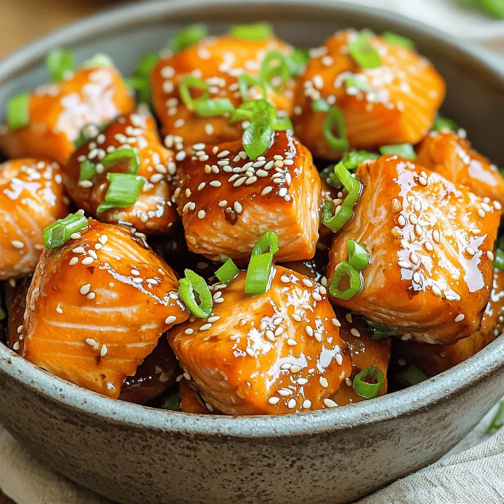 - 1 lb salmon fillet - 1/4 cup soy sauce (low sodium) - 2 tablespoons honey - 1 tablespoon sesame oil - 1 tablespoon rice vinegar - 1 teaspoon freshly grated ginger - 1 garlic clove, minced - 1 tablespoon cornstarch - 1 tablespoon sesame seeds - 2 green onions, finely chopped Gathering the right ingredients is key. I use salmon fillet because it cooks well and tastes great. The soy sauce adds saltiness, while honey gives it a sweet touch. Sesame oil and rice vinegar bring depth to the flavor. I add ginger and garlic for a fresh and zesty kick. They really make the dish pop. Using cornstarch to coat the salmon helps it crisp up nicely in the air fryer. For garnish, I use sesame seeds and green onions. They add color and a nice crunch. Each ingredient plays a role in making these teriyaki salmon bites a tasty treat you’ll love! Start by whisking together the soy sauce, honey, sesame oil, rice vinegar, ginger, and garlic. Mix until smooth. This marinade gives the salmon a sweet and salty taste. The ginger adds a nice kick. The garlic gives depth to the flavor. It's simple but very tasty. Now, add your salmon pieces to the marinade. Let them sit for about 15 minutes. This time allows the flavors to soak in. The salmon will become flavorful and tender. If you have more time, you can marinate it longer, but 15 minutes works great. Next, preheat your air fryer to 390°F (200°C). While it heats, take the salmon out of the marinade. Toss the salmon pieces in cornstarch. This helps them get crispy. Place the salmon bites in a single layer in the fryer basket. Make sure they don’t overlap. You may need to cook in batches. Cook the salmon for 8 to 10 minutes. Shake the basket halfway through. This helps them cook evenly. When they are golden brown and cooked through, they are ready. Remove the salmon bites and drizzle with extra marinade. Sprinkle with sesame seeds and chopped green onions for a fresh touch. Enjoy your delicious Air Fryer Teriyaki Salmon Bites! For crispy salmon bites, use cornstarch. Coating the salmon with cornstarch helps create a crunchy outside. It absorbs moisture and gives a nice crust. After marinating, toss each piece well in cornstarch. This small step makes a big difference in texture. Marinate the salmon for about 15 minutes. This time is just right to absorb flavors. You want the soy sauce, honey, and ginger to enhance the fish. Don’t rush this step. A little time goes a long way in flavor. Place the salmon in a single layer. Avoid overlapping pieces in the basket. This allows for even cooking and crispiness. Shake the basket halfway through cooking. This helps ensure all sides get that perfect golden brown look. Keep an eye on them; they cook fast! {{image_2}} You can change up the teriyaki flavor by using different sauces. Try using hoisin sauce for a sweet twist. You can also mix in some orange juice for a fruity note. Adding chili paste can make it spicy. Each option brings a new taste to the salmon bites. Feel free to mix and match to find your favorite flavor! These salmon bites go well with many sides. Serve them over rice for a hearty meal. You can also pair them with steamed veggies for a healthy option. A fresh salad with a light dressing complements the bites nicely. Try adding avocado or sesame seeds for a crunchy touch. Each option enhances the meal and makes it more filling. If you want to swap out the salmon, you have choices. Chicken breast works well; just cut it into bite-sized pieces. Firm tofu is a great plant-based option; it soaks up the marinade nicely. You can also use shrimp for a quick-cooking protein. Each alternative will give you a unique taste while keeping the meal fun. To keep your air fryer teriyaki salmon bites fresh, store them in an airtight container. Place them in the fridge within two hours of cooking. They will last for about three days. If you want to keep them longer, make sure they are cooled completely before sealing. To reheat your salmon bites, the air fryer works best. Set it to 350°F (175°C) and heat for about 3-5 minutes. This keeps them crispy. You can also use a microwave, but this may make them soggy. If using a microwave, cover them with a damp paper towel to help with moisture. You can freeze your salmon bites for up to three months. Place them in a freezer-safe bag, removing as much air as possible. When you're ready to eat, thaw them in the fridge overnight. Reheat them in the air fryer for the best texture. Yes, you can use skin-on salmon. Skin-on salmon has some benefits. The skin can help keep the fish moist while cooking. It also adds a nice texture. However, skinless salmon is easier to eat and gets crispier in the air fryer. If you use skin-on salmon, you might want to remove the skin after cooking. This way, you still enjoy the crispy bites without the skin. Look for a few signs to know your salmon bites are done. First, check the color. The salmon should turn a light pink and become opaque. You can also use a fork to flake the fish gently. If it flakes easily, it is done. Finally, the outside should be golden brown. This means the air fryer did its job well. Yes, you can cook teriyaki salmon bites in other ways. You can bake them in the oven. Set the oven to 400°F (200°C). Place the salmon bites on a baking sheet lined with parchment paper. Bake for about 12-15 minutes. You can also pan-sear them in a skillet over medium heat. Just ensure you cook them until they are golden and cooked through. Adjust the cooking time based on the method you choose. This blog post covered how to make delicious air-fried salmon. We discussed the key ingredients, including soy sauce, honey, and sesame oil. You learned the steps for marinating the salmon and air frying it to perfection. Tips for texture, marination time, and serving suggestions helped enhance your dish. In the end, experiment with flavors and enjoy this healthy meal. Your kitchen skills will shine with each bite. Prepare to impress your family and friends!