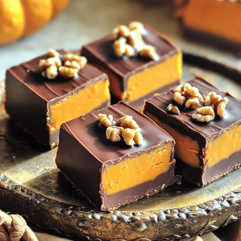 To make Chocolate Peanut Butter Pumpkin Fudge, you will need: - 1 cup creamy peanut butter - 1 cup canned pumpkin puree - 1/2 cup maple syrup - 1 teaspoon vanilla extract - 1 cup cocoa powder - 1/2 teaspoon cinnamon - 1/4 teaspoon nutmeg - 1/4 teaspoon sea salt - 1/2 cup dark chocolate chips - 1/4 cup chopped walnuts or pecans (optional) These ingredients blend to create a creamy and rich fudge. Each ingredient brings its own flavor and texture. For customization, consider these optional ingredients: - Use almond butter instead of peanut butter for a nut-free option. - Add a pinch of sea salt on top for extra flavor. - Swap dark chocolate chips for white chocolate for a different taste. Feel free to mix and match based on your taste! Each tweak can make the fudge special to you. 1. Start by taking a large mixing bowl. 2. Combine 1 cup of creamy peanut butter, 1 cup of canned pumpkin puree, and 1/2 cup of maple syrup. 3. Mix these ingredients well until they blend together smoothly. 4. Next, add 1 teaspoon of vanilla extract, 1 cup of cocoa powder, 1/2 teaspoon of cinnamon, 1/4 teaspoon of nutmeg, and 1/4 teaspoon of sea salt. 5. Stir this mixture until it is fully combined and smooth. 6. If you like, fold in 1/2 cup of dark chocolate chips and 1/4 cup of chopped walnuts or pecans. This adds nice texture and taste. 1. Prepare an 8x8-inch square baking dish. 2. Line it with parchment paper, allowing some overhang. This helps later when we remove the fudge. 3. Pour the fudge mixture into the lined dish. 4. Use a spatula to spread it evenly. 5. Smooth the top and press down lightly to compact it. 6. Now, place the dish in the refrigerator for at least 2 hours. 7. This helps the fudge set and become firm. 8. When it’s ready, lift the fudge out using the parchment paper. 9. Cut it into small squares to enjoy! To get smooth fudge, start with creamy peanut butter. Mix it well with pumpkin puree and maple syrup. Use a sturdy spatula to combine. If it feels lumpy, keep stirring. You want a silky texture. After mixing, press the fudge into the dish firmly. This step is key. It helps the fudge hold its shape. Use the spatula to spread it evenly. A little effort here goes a long way. You can swap ingredients to fit your needs. For a nut-free version, use sunbutter. If you want a vegan option, replace the maple syrup with agave nectar. Feel free to enhance the flavor too. Add a pinch of chili powder for heat. Or mix in a teaspoon of instant coffee for depth. You can also try different nuts. Pecans or almonds work great. {{image_2}} You can switch up the flavors in your fudge with ease. Try using almond butter instead of peanut butter. This adds a nice nutty twist. Cashew butter is another great choice. It brings a creamy and sweet flavor. You can also play with spices. Add ginger for a warm and spicy kick. Try cardamom for a unique twist. You can even mix in a pinch of chili powder for heat. It makes the fudge exciting and fun. Make your fudge special for holidays. For Halloween, add orange food coloring. This gives it a spooky vibe. You can also top it with candy corn for a festive touch. For Thanksgiving, mix in some chopped pecans. They add crunch and flavor. You can also sprinkle cinnamon and nutmeg on top. This makes it feel cozy and inviting. These variations allow you to enjoy fudge all year long. The options are endless, and you can get creative! Store your fudge in an airtight container. This keeps it fresh and tasty. You can use a glass jar or a plastic container with a tight lid. Make sure the fudge is fully cooled before sealing. This step helps prevent moisture buildup. For the best taste and texture, eat the fudge within one week. If you keep it longer, it may lose some flavor. However, if you store it right, it can last up to two weeks. If you want to keep your fudge longer, freezing is a great option. Cut the fudge into squares before freezing. Place the squares in a single layer on a baking sheet. Make sure they do not touch each other. Freeze them for about two hours until solid. After freezing, transfer the squares to an airtight container or zip-top bag. Label the container with the date. You can freeze the fudge for up to three months without losing flavor. To enjoy the fudge later, simply take out the pieces you want. Let them thaw in the fridge overnight for the best results. If you’re in a hurry, you can leave them out at room temperature for a few hours. Can I use natural peanut butter instead of creamy? Yes, you can use natural peanut butter. It may change the texture a bit. Natural peanut butter has oil on top. Stir it well before using. The fudge can be less creamy, but still tasty. How can I make this recipe vegan-friendly? To make it vegan, use maple syrup. Instead of chocolate chips, use dairy-free chocolate. Ensure your peanut butter is vegan too. This way, everyone can enjoy it without any animal products. What to do if the fudge doesn’t set properly? If your fudge is too soft, it may need more time in the fridge. Place it back in and chill longer. If it’s still soft after that, try adding more cocoa powder. This can help firm it up. How to fix a too-sweet fudge? If the fudge tastes too sweet, add a pinch of salt. This can balance the sweetness. You might also mix in more cocoa powder or nuts. Both add flavor and reduce the sweet taste. In this post, we explored how to make Chocolate Peanut Butter Pumpkin Fudge. We covered ingredients, detailed instructions, and tips for perfect texture. You can even customize this treat with different flavors or dietary needs. Remember to store your fudge correctly for lasting freshness. Enjoy experimenting with your creations! With these steps, you can make fudge that impresses your friends and family. Dive in, and let your kitchen be your place of fun and flavor! Happy fudging!