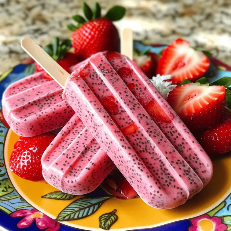 - 2 cups fresh strawberries, hulled and sliced - 1 cup coconut milk (canned) - 1/4 cup chia seeds Fresh strawberries bring a sweet and juicy flavor. Their bright color makes the popsicles pop. Coconut milk adds creaminess and a hint of tropical flavor. Chia seeds are tiny but mighty. They thicken the mix and add fiber, making these treats more filling. - 2 tablespoons honey or maple syrup - 1 teaspoon vanilla extract - Pinch of salt Honey or maple syrup provides sweetness. You can adjust the amount to fit your taste. Vanilla extract adds depth and warmth. A pinch of salt enhances all the flavors, making them stand out. - Servings: 6 popsicles Each popsicle is a healthy treat. Here is the nutritional breakdown: - Calories: 120 - Protein: 2g - Fat: 4g - Carbohydrates: 20g These popsicles are not just tasty; they are good for you too! Enjoy them on a hot day or as a fun dessert. - Start with 2 cups of fresh strawberries. Hull and slice them. This step lets their sweet flavor shine. - Measure 1 cup of canned coconut milk. It adds a rich texture and taste to the popsicles. - In a blender, combine the sliced strawberries and coconut milk. Blend until it is smooth. This is your main mix. - Add 2 tablespoons of honey or maple syrup, 1 teaspoon of vanilla extract, and a pinch of salt. Blend again until everything mixes well. - In a large bowl, mix 1/4 cup of chia seeds with your strawberry-coconut blend. Stir well to make sure the chia seeds spread out evenly. - Let the mix sit for about 10 minutes. This allows the chia seeds to absorb some liquid and swell. Stir again to keep the seeds from clumping together. - Carefully pour the mixture into popsicle molds. Leave a little space at the top for the mixture to expand as it freezes. - Insert popsicle sticks into each mold. Make sure they are centered for easy eating later. Freeze for at least 4-6 hours, until fully solid. - To get the popsicles out, run warm water over the outside of the molds for a few seconds. This helps them release easily. - Gently pull out the popsicles. Serve them on a colorful plate. You can add fresh strawberry slices or a sprinkle of coconut flakes for a fun touch. You can change the sweetness of your popsicles easily. If you want less sugar, try using stevia or agave syrup instead of honey or maple syrup. Each sweetener gives a different taste. Taste as you go to find the right balance for you. For a fun twist, switch up the coconut milk. Almond milk or oat milk can change the flavor profile. Each type of milk adds its own unique taste. This way, you can create a new favorite each time! To make your popsicles look fancy, garnish them! Use fresh strawberry slices on top. A sprinkle of coconut flakes adds a nice touch too. You can even add mint leaves for a pop of color and flavor. For parties, serve these popsicles on a large, colorful plate. Use fun straws or sticks to make them more inviting. Kids and adults alike will love the look and taste! Chia seeds pack a serious nutritional punch. They are high in fiber and protein. This helps keep you full and satisfied. Plus, they contain omega-3 fatty acids, which are great for your heart. Coconut milk is rich in healthy fats. These fats can boost your energy and support brain health. Strawberries add vitamins and antioxidants. They are low in calories and high in flavor. Together, these ingredients create a tasty and healthy treat! {{image_2}} You can switch up the fruit in your popsicles. Try adding mango, pineapple, or mixed berries for a twist. Each fruit brings a new flavor and texture. Here are some fun combinations to try: - Mango and Coconut: Sweet mango pairs well with creamy coconut. - Pineapple and Strawberry: This mix adds a tropical vibe. - Berry Medley: Use blueberries, raspberries, or blackberries for a berry burst. If you want a vegan option, you can change the sweeteners. Use maple syrup instead of honey to keep it plant-based. For your milk base, choose non-dairy options like almond milk or oat milk. These alternatives blend well and keep the popsicles creamy. Layered popsicles look stunning and are fun to make. Start by pouring a layer of your strawberry-coconut mix into the mold. Freeze it for about an hour. Then, add a new layer with another fruit blend, like mango or pineapple. Repeat this process for a colorful treat. Each bite offers a mix of flavors and a visual delight! To keep your strawberry coconut chia popsicles fresh, follow these steps: - Use airtight containers: This prevents ice crystals from forming. - Leave space in molds: Popsicles expand when frozen, so don’t fill molds to the top. These popsicles can last in the freezer for up to two months. After that, they may lose flavor and texture. Look for signs of freezer burn, like ice crystals on the popsicles. If you see this, it’s best to toss them. To enjoy your popsicles, thaw them properly. The best method is to: - Run warm water over the outside of the mold for a few seconds. - Avoid leaving them out at room temperature too long to prevent mushy textures. Enjoy your popsicles while they are still cold and refreshing! You can tell when the popsicles are ready. They should feel hard to the touch. If you press the side of the mold and it feels solid, they are done. You can also check the bottom; it should not feel liquidy. Yes, you can use frozen strawberries. They will change the popsicle's texture. The flavor might be less bright, but they still taste good. If you use frozen, let them thaw a bit before blending for a smoother mix. Cleaning your popsicle molds is simple. Use warm, soapy water and a soft sponge. Avoid harsh scrubbers. Rinse well to remove all soap. Dry them completely before storing. This keeps them in good shape for your next batch. You can skip the chia seeds if you want. They add texture and nutrition, but you can use other options. Try adding more fruit or yogurt for creaminess. This keeps your popsicles tasty and fun, even without chia seeds. This blog outlined key ingredients for tasty popsicles, like strawberries and coconut milk. You learned how to make them, from prepping ingredients to freezing. We covered tips to modify recipes and add fun flavors. I shared the health benefits of unique ingredients like chia seeds. In the end, these popsicles are not just treats; they fit into a healthy lifestyle too. Enjoy experimenting with flavors and share your creations!