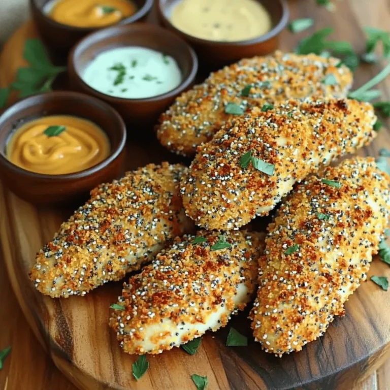For these Air Fryer Everything Bagel Chicken Tenders, you'll need: - 1 pound chicken tenders - 1 cup buttermilk (or plain yogurt) - 1 cup panko bread crumbs - 1/2 cup all-purpose flour These ingredients form the base of our dish. The chicken tenders provide a juicy and tender protein. The buttermilk helps marinate and tenderize the chicken, while the panko gives it a great crunch. To bring out the flavors, you will need: - 2 tablespoons everything bagel seasoning - 1/2 teaspoon garlic powder - 1/2 teaspoon onion powder - Salt and pepper, to taste The everything bagel seasoning adds a unique and savory touch. Garlic and onion powders enhance the flavor profile, making each bite delightfully tasty. You can also consider these optional ingredients: - Cooking spray Using cooking spray ensures that the tenders brown nicely in the air fryer. You can also use dipping sauces like honey mustard or ranch for extra flavor. A sprinkle of fresh herbs can add a pop of color and freshness to your dish. Start by placing the chicken tenders in a bowl. Add one cup of buttermilk, or plain yogurt if you prefer. Stir well to coat all the pieces. Let this sit for at least 30 minutes. Marinating helps keep the chicken juicy and tender. While the chicken marinates, prepare your breading station. In a shallow dish, mix one cup of panko bread crumbs, two tablespoons of everything bagel seasoning, half a teaspoon of garlic powder, and half a teaspoon of onion powder. Add salt and pepper to taste. In another dish, pour half a cup of all-purpose flour. After marinating, remove the chicken from the bowl. Let the excess buttermilk drip off. First, dredge each chicken tender in the flour. Next, dip it back into the buttermilk. Finally, coat it with the panko mixture. Press lightly to ensure the coating sticks well. Now, preheat your air fryer to 400°F (200°C). This should take about five minutes. Preheating helps achieve a crispy texture on the outside while keeping the inside juicy. Lightly spray the air fryer basket with cooking spray. Place the coated chicken tenders in a single layer. Make sure not to overcrowd them. Spray the tops with a little cooking spray to help them brown. Cook the tenders for 10-12 minutes. Flip them halfway through cooking. They should turn golden brown and reach an internal temperature of 165°F (75°C). Once cooked, carefully remove the tenders from the air fryer. Let them rest for a couple of minutes before serving. For a fun presentation, serve them on a rustic wooden board. Add dipping sauces like honey mustard or ranch on the side. A sprinkle of fresh herbs adds a nice touch. Marinating chicken is key for flavor and moisture. I recommend using buttermilk, which is creamy and tangy. It coats the chicken well and makes it tender. Let the chicken sit in the buttermilk for at least 30 minutes. For extra flavor, add a pinch of salt to the buttermilk. You can even marinate it overnight if you have time. To get that perfect crunch, use panko bread crumbs. They are lighter and crispier than regular bread crumbs. Mix them with everything bagel seasoning for a unique flavor. When coating the chicken, press the crumbs down gently. This helps them stick better. A quick spray of cooking oil on top before cooking adds to the crunch. Cooking time can vary based on the air fryer model. I suggest starting with 10 minutes at 400°F. Flip the tenders halfway through for even cooking. Always check the internal temperature. It should reach 165°F. If they are not done, cook for another 2-3 minutes. Adjust the cooking time based on the thickness of your chicken tenders for best results. {{image_2}} You can switch up the flavor with different seasonings. Try Italian herbs like oregano and basil. You can also use spicy seasonings like cayenne pepper for heat. If you enjoy something sweet, add a touch of brown sugar. This creates a nice balance with the savory flavors. Feel free to mix and match spices to find your favorite taste. If you need a gluten-free version, use gluten-free panko bread crumbs and flour. Look for brands that guarantee no cross-contamination. You can also use almond flour or crushed nuts as a coating. These options add a unique flavor and crunch. Just ensure your seasonings are gluten-free too. Chicken tenders aren’t the only choice here. You can use turkey tenders for a leaner option. If you prefer a plant-based meal, try tofu or tempeh. Press the tofu to remove water, then cut it into strips. Marinate and coat just like chicken. This way, you can still enjoy the same great taste in a different way. After cooking, let the chicken tenders cool. Place them in an airtight container. They will stay fresh in the fridge for up to 3 days. Make sure to store them without sauces to keep them crispy. To freeze the chicken tenders, first let them cool completely. Place them on a baking sheet in a single layer. Freeze for about 1 hour until firm. Then, transfer them to a freezer bag. They can last for up to 3 months in the freezer. Label the bag with the date so you know when to use them. To reheat, preheat your air fryer to 375°F (190°C). Place the frozen or refrigerated tenders in the basket. Heat for about 5-7 minutes or until they are hot and crispy. You can also use an oven. Preheat to 375°F (190°C) and bake for about 10-12 minutes. Enjoy them as if they were fresh! Yes, you can use chicken breasts. Just cut them into strips. This gives you a similar shape to tenders. The cooking time may change slightly. Keep an eye on them as they cook. They should reach an internal temp of 165°F. You can use plain yogurt as a great substitute. Mix one cup of yogurt with a little water to thin it. You can also use milk with one tablespoon of vinegar. Let it sit for a few minutes. This will mimic the tangy flavor of buttermilk. Check the chicken’s internal temperature with a meat thermometer. It should read 165°F to be safe to eat. The outside should look golden brown and crispy. If unsure, cut one tender in half to check the inside. The meat should be white and juicy, not pink. In this blog post, we covered how to make tasty air-fried chicken tenders. We looked at main ingredients and seasoning choices. I shared steps for marinating, breading, and cooking. You also learned tips for the best crunch and variations for different diets. Finally, we discussed storing leftovers and answered common questions. Now, it's time to enjoy your air-fried chicken tenders and impress your family!