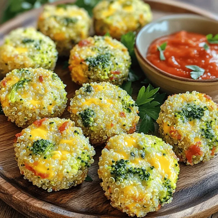 To make Broccoli Cheddar Quinoa Bites, gather these simple ingredients: - 1 cup cooked quinoa - 1 cup finely chopped broccoli florets - 1 cup shredded sharp cheddar cheese - 2 large eggs - 1/2 cup breadcrumbs (or almond flour for a gluten-free version) - 1/4 cup grated Parmesan cheese - 1/2 teaspoon garlic powder - 1/2 teaspoon onion powder - Salt and pepper to taste - 2 tablespoons olive oil (for greasing) - Optional: 1/4 teaspoon cayenne pepper for a kick If you need a gluten-free option, swap breadcrumbs with almond flour. This keeps the bites tasty and safe for those avoiding gluten. You can also use gluten-free breadcrumbs if you want a similar texture. Using fresh broccoli makes a big difference in taste. Fresh broccoli has a nice crunch and bright flavor. If you use frozen broccoli, thaw and drain it well, but it may not taste as vibrant. Fresh ingredients often lead to better results, so I recommend using fresh whenever possible. First, set your oven to 375°F (190°C). This step is key to getting perfect bites. While the oven heats, grab your muffin tin. Use 2 tablespoons of olive oil to lightly grease each cup. This keeps the bites from sticking. In a large mixing bowl, combine 1 cup of cooked quinoa and 1 cup of finely chopped broccoli florets. Then, add 1 cup of shredded sharp cheddar cheese and 1/4 cup of grated Parmesan cheese. Stir these ingredients well. Next, crack 2 large eggs into the mixture and mix until everything is blended. Now, add 1/2 cup of breadcrumbs or almond flour, depending on your choice. Sprinkle in 1/2 teaspoon each of garlic powder and onion powder. Don't forget to add salt and pepper to taste. If you like a little heat, toss in 1/4 teaspoon of cayenne pepper. Mix everything until it forms a thick mixture. Take a spoon or your hands to scoop out portions of the mixture. Shape them into small bites or balls. Place each bite into the greased muffin tin, filling each cavity about 3/4 full. This allows them to rise while baking. Put the muffin tin in the preheated oven. Bake for about 20 to 25 minutes. You want the tops to turn golden brown and the bites to cook through. When they are ready, take them out and let them cool for a few minutes. Carefully pop the bites out of the muffin tin and enjoy! To get crispy outsides and soft insides, follow these steps: - Use a muffin tin for even cooking. - Grease the tin well with olive oil. - Bake at 375°F (190°C) for 20-25 minutes. - Make sure the tops turn golden brown. This signals they are ready. You can also try slightly mashing the broccoli. This helps it mix well with the quinoa and cheese. The more evenly mixed, the better the texture. To boost the flavor, consider these tips: - Add a teaspoon of smoked paprika for a smoky taste. - Use fresh herbs like parsley or thyme for brightness. - Try a pinch of cayenne pepper for a spicy kick. - A squeeze of lemon juice can brighten the dish, too. Feel free to mix in your favorite spices. The more you experiment, the more you’ll find what you love. Pair these bites with tasty dips or sides: - Serve with marinara sauce for a classic touch. - Try a yogurt dip mixed with herbs for a fresh flavor. - A side salad adds extra crunch and nutrients. - For a heartier meal, serve with a simple soup. These bites make a great snack or a fun party treat. They are easy to enjoy with your favorite dips! {{image_2}} You can easily change up the flavors in these bites. Try adding cooked chicken for a protein boost. Shredded chicken mixes well with the quinoa and cheese. You can also use different cheeses. Swap sharp cheddar for mozzarella or gouda. Each cheese gives a unique taste. To make these bites vegan, use flaxseed meal instead of eggs. Mix 1 tablespoon of flaxseed meal with 2.5 tablespoons of water. Let it sit for five minutes until it thickens. For cheese, choose a plant-based option. Vegan cheese melts well and keeps the recipe creamy. If you want to cut carbs, replace breadcrumbs with almond flour. This keeps the bites low in carbs but still tasty. You can also add more veggies. Zucchini or cauliflower can bulk up the bites without adding many carbs. To keep your leftover quinoa bites fresh, store them in an airtight container. Let them cool completely before sealing. This helps prevent moisture buildup. Place a paper towel inside the container to absorb extra moisture. You can stack the bites, but avoid crushing them. If you want to save some for later, freezing works great. First, arrange the bites on a baking sheet. Make sure they don’t touch. Freeze them for about an hour until solid. After that, place them in a freezer-safe bag or container. This way, they won’t stick together. To reheat, bake them at 350°F (175°C) for about 15 minutes. You can also microwave them for a quick snack. In the fridge, these bites last about 3 to 5 days. If you freeze them, they can last up to 2 months. Just remember to label your container with the date. This helps you track how long they’ve been stored. Enjoy these tasty snacks anytime! Yes, you can bake these quinoa bites without eggs. Use flaxseed meal or chia seeds as a binder. For each egg, mix 1 tablespoon of flaxseed meal or chia seeds with 2.5 tablespoons of water. Let it sit for 5 minutes to thicken. This method will help hold the bites together. To check if they are done, look for a golden brown top. You can also insert a toothpick into the center. If it comes out clean, they are ready. The bites should feel firm to the touch and not mushy. Yes, you can make these quinoa bites ahead. Prepare the mixture and shape the bites. Store them in the fridge for up to 24 hours before baking. You can also bake them fully and store in the fridge or freezer. Just reheat them in the oven before serving for the best taste. You now have a clear guide to making Broccoli Cheddar Quinoa Bites. We covered ingredients, step-by-step instructions, and helpful tips. You learned how to customize your bites and store them properly. The insights about fresh versus frozen ingredients will help ensure great taste. With these recipes, you can enjoy healthy, tasty snacks every time. Happy cooking, and enjoy your delicious quinoa bites!
