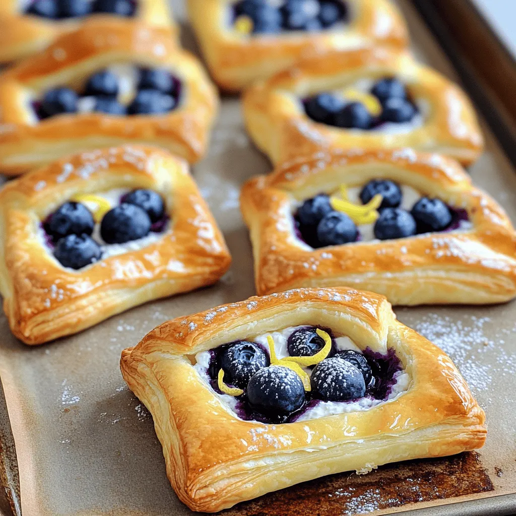 - 1 sheet of puff pastry, thawed - 1 cup fresh blueberries - 1 tablespoon sugar (for blueberries) - 1 package (8 oz) cream cheese, softened - 1/4 cup powdered sugar - 1 teaspoon vanilla extract - 1 egg (for egg wash) - 1 tablespoon milk (for egg wash) - Zest of 1 lemon - Extra powdered sugar for dusting To make a great Blueberry Cream Cheese Danish, you need some key ingredients. First, the puff pastry is the base. It should be thawed before you use it. This helps it puff up nicely when baked. Next, you need fresh blueberries. They give the Danish its sweet and juicy flavor. Just one cup is enough. For the blueberries, mix them with a tablespoon of sugar. This step helps to enhance their natural sweetness. Then, you need a rich cream cheese mixture. This includes one package of softened cream cheese. It makes the filling creamy and delicious. Add a quarter cup of powdered sugar to sweeten the cream cheese. A teaspoon of vanilla extract adds flavor. Don't forget the zest of one lemon for freshness! Lastly, prepare an egg wash with one egg and a tablespoon of milk. This wash helps give the Danish a golden color. You can also dust the finished pastries with extra powdered sugar for a sweet touch. With these ingredients, you are ready to create a delightful treat that everyone will love! 1. Preheat your oven and prepare the baking sheet. Set your oven to 400°F (200°C) and line a baking sheet with parchment paper. This helps the Danish cook evenly and prevents sticking. 2. Preparing blueberries. In a small bowl, mix 1 cup of fresh blueberries with 1 tablespoon of sugar. Toss them gently to coat. This step enhances their sweetness and flavor. Set the blueberries aside while you prepare the pastry. 3. Rolling out puff pastry. Take your thawed puff pastry and place it on a lightly floured surface. Use a rolling pin to smooth out any creases. Roll it slightly to increase its size, making it easier to cut into squares. 1. Cutting the pastry and placing it on the baking sheet. Cut the rolled pastry into 6 equal squares, each about 4x4 inches. Place the squares on your prepared baking sheet, leaving some space between them. 2. Spreading the cream cheese mixture. In a mixing bowl, combine 8 oz of softened cream cheese, 1/4 cup of powdered sugar, 1 teaspoon of vanilla extract, and the zest of 1 lemon. Mix until smooth. Spread about a tablespoon of this mixture in the center of each pastry square, leaving a 1-inch border around the edges. 3. Adding blueberries and folding the pastry. Top each cream cheese layer with a tablespoon of the sugared blueberries. Then, fold the corners of each pastry square toward the center. Pinch the corners to create a pocket for the filling. 1. Preparing the egg wash. In a small bowl, whisk together 1 egg and 1 tablespoon of milk. This egg wash gives the Danish a golden, shiny finish. 2. Baking process and timing. Brush the egg wash over the tops of the pastries. Place the baking sheet in the preheated oven and bake for 15-20 minutes. Look for the pastries to puff up and turn golden brown. 3. Cooling and dusting before serving. Once baked, take the Danish out of the oven and let them cool slightly. Dust with extra powdered sugar before serving to enhance their sweetness and appearance. Enjoy your delicious Blueberry Cream Cheese Danish! - Tips for handling puff pastry: Keep the puff pastry cold. Warm pastry can be hard to work with. Roll it out on a floured surface. This helps prevent sticking. If it tears, just patch it up. - Cream cheese mixture alternatives: You can use ricotta or mascarpone cheese. Both will give a nice texture. For a lighter taste, try Greek yogurt. Add a bit of honey for sweetness if you use yogurt. - How to achieve a golden brown finish: Use an egg wash for a nice color. Mix one egg with a spoon of milk. Brush this mixture on top before baking. This will give your Danish a shiny, golden look. - Pairing ideas: Enjoy your Danish with coffee or tea. A glass of fresh juice also pairs well. These drinks balance the sweet cream cheese and blueberries. - Presentation tips: Dust with powdered sugar before serving. This adds a nice touch. Arrange your Danishes on a pretty plate. Use fresh blueberries as garnish for color. - Storing leftovers: Keep any uneaten pastries in an airtight container. They stay fresh for two days at room temperature. For longer storage, place them in the fridge. Reheat in the oven for the best taste. {{image_2}} You can switch up the blueberries for other fruits. Try strawberries, raspberries, or peaches. Each fruit adds a new taste. Fresh fruit works best, but frozen can work too. Just be sure to drain excess juice. Adding spices can change the flavor too. A hint of cinnamon or nutmeg gives warmth. You can also use almond or lemon extract for different notes. These small changes can make your Danish feel fresh and new each time. If you need gluten-free options, look for gluten-free puff pastry. Many brands offer this, making it easy to enjoy. For a vegan version, substitute cream cheese with a plant-based option. You can find these in most stores now. Instead of the egg wash, use almond milk or soy milk. Brush it over the pastry for a nice shine. With these adjustments, everyone can enjoy your Blueberry Cream Cheese Danish! To keep your Blueberry Cream Cheese Danish fresh, store it in an airtight container. If you plan to eat them within two days, room temperature is fine. Just place them in a cool, dry spot. For longer storage, the fridge works best. Place them in the fridge and consume within a week for optimal taste. You can freeze the Danish before baking. Simply assemble the pastries, then place them on a baking sheet. Cover the sheet tightly with plastic wrap and freeze for up to a month. When ready to bake, no need to thaw. Just add a few extra minutes to the baking time. For reheating, if baked and stored, place the Danish in a preheated oven at 350°F (175°C) for about 10 minutes. This will refresh their texture and crispiness. Enjoy the delightful taste as if they were just made! To make dough from scratch, combine flour, butter, salt, and water. Start by mixing flour and salt. Cut in cold butter until it looks like crumbs. Add ice water slowly and mix until it forms a dough. Chill it for at least 30 minutes. Roll it out to make layers. This creates a flaky texture for your Danish. Yes, you can use frozen blueberries. Just remember to thaw them first. Drain any extra juice to avoid a soggy pastry. Toss the thawed blueberries with sugar as you would with fresh ones. They will still taste delicious in your Danish. If you need a substitute for cream cheese, try mascarpone or ricotta. Greek yogurt is another option. For a dairy-free choice, use cashew cream or coconut cream. These alternatives will change the flavor slightly but still work well in your Danish. This blog post covered how to make a delicious blueberry Danish. We went over the key ingredients, from puff pastry to the cream cheese mix. You learned step-by-step how to prepare, assemble, and bake your Danish to perfection. I shared tips for handling the pastry and ideas for serving. Remember, you can customize flavors and store your Danish properly. Enjoy exploring your kitchen with these simple steps and variations. Happy baking!
