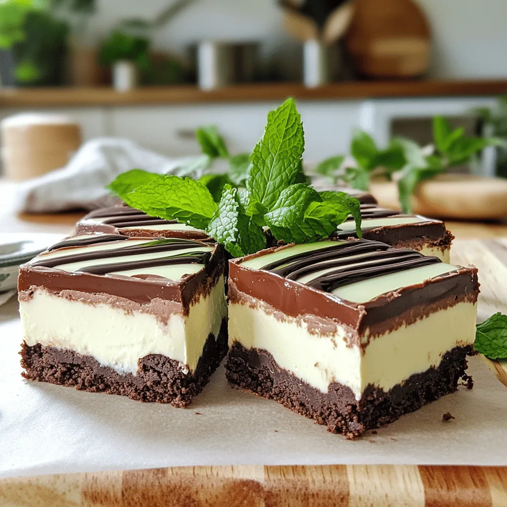 - 1 ½ cups chocolate cookie crumbs - ½ cup unsalted butter, melted - 16 oz cream cheese, softened - 1 cup powdered sugar - 1 teaspoon vanilla extract - 1 teaspoon peppermint extract - 1 cup heavy whipping cream - 1 cup dark chocolate chips - 1 tablespoon vegetable oil - Fresh mint leaves for garnish The primary ingredients offer a rich and creamy taste. Chocolate cookie crumbs form a tasty crust. Unsalted butter helps bind the crumbs. Cream cheese is the star of the filling. Powdered sugar adds sweetness. Vanilla and peppermint extracts give great flavor. Heavy cream makes the filling light and fluffy. Dark chocolate chips add a smooth finish. Vegetable oil helps melt the chocolate. Fresh mint leaves create a lovely garnish. - Alternate cookie crusts - Additional flavorings You can switch out the cookie crust. Try graham crackers or vanilla wafers for a twist. You can also add more flavors. Think of almond extract or orange zest for something special. Use these options to personalize your cheesecake bars. - Combine 1 ½ cups of chocolate cookie crumbs with ½ cup of melted unsalted butter. - Mix well until it looks like wet sand. - Press the mixture firmly into the bottom of a 9x9-inch baking dish. - Refrigerate the crust while you make the filling. - In a large bowl, beat 16 oz of softened cream cheese until smooth. - Gradually add 1 cup of powdered sugar while mixing well. - Stir in 1 teaspoon each of vanilla and peppermint extracts. - In another bowl, whip 1 cup of heavy cream until stiff peaks form. - Gently fold the whipped cream into the cream cheese mixture until no white streaks remain. - Spread the cheesecake filling evenly over the chilled crust. - Melt 1 cup of dark chocolate chips with 1 tablespoon of vegetable oil. - Drizzle the melted chocolate over the cheesecake layer. - Cover with plastic wrap and chill for at least 4 hours or overnight. - Cut into bars and garnish with fresh mint leaves before serving. To make the best crust, pack your cookie crumbs tightly. This step keeps your crust firm. If the crumbs are loose, it may fall apart. Choose chocolate cookies for rich flavor. Oreos work great, but you can try others too. Just make sure they taste good! Whipping the cream is key. Start with cold heavy cream for the best results. Beat it until you see stiff peaks. This step adds fluffiness to your cheesecake. Next, ensure your cream cheese is very soft. If it has lumps, your cheesecake won’t be smooth. Mix the cream cheese well before adding sugar and extracts. For melting chocolate, the microwave is easy. Use a microwave-safe bowl and heat in 30-second bursts. Stir after each time. If you prefer, you can melt chocolate on the stove using a double boiler. Just make sure the bowl does not touch the water. This method keeps the chocolate from burning. {{image_2}} You can play with flavors in your no-bake cheesecake. Chocolate mint and peppermint give two fun tastes. Chocolate mint is rich and smooth. Peppermint is bright and fresh. I love both! You can also add different extracts. Try almond or orange for a unique twist. Toppings can change everything too. Add crushed candy canes or nuts for crunch. A sprinkle of sea salt enhances flavors well. If you need gluten-free options, use gluten-free cookies for the crust. There are many brands available now. For a dairy-free version, swap cream cheese for a vegan option. Use coconut cream instead of heavy cream. There are also dairy-free chocolate chips. These swaps keep the taste delicious without dairy. Pair these bars with ice cream or hot fudge sauce. Vanilla ice cream works great with the mint flavor. You can also drizzle chocolate sauce on top for extra sweetness. For garnishing, add fresh mint leaves. They look pretty and add a pop of color. You can also use chocolate shavings or crushed cookies on top. They make your bars even more special. To keep your No-Bake Chocolate Mint Cheesecake Bars fresh, follow these steps: - Store the bars in an airtight container. - Place parchment paper between layers to prevent sticking. - Keep them in the fridge for up to 5 days. Using a container helps maintain the creamy texture. Avoid covering them tightly with plastic wrap directly on the cheesecake. This can cause condensation and make the bars soggy. Want to save some for later? You can freeze these bars! Here’s how: - Cut the cheesecake into individual bars before freezing. - Wrap each bar in plastic wrap, then place them in a freezer bag. - They can stay frozen for up to 2 months. To thaw, move them to the fridge overnight. This keeps the texture smooth and creamy without ice crystals forming. These delicious cheesecake bars stay fresh for: - 5 days in the fridge. - 2 months in the freezer. Always check for any off smells or changes in texture before eating. If they look or smell odd, it's best to discard them. Enjoy your treats while they are fresh! Yes, you can! If you want a twist, try these cookies: - Graham crackers - Oreo cookies - Shortbread cookies - Digestive biscuits These options add unique flavors. Just crush them and mix with melted butter like the chocolate cookies. These cheesecake bars can last up to a week in the fridge. Keep them covered to stay fresh. If you freeze them, they can last about two months. Thaw them in the fridge when you’re ready to enjoy again. Absolutely! You can prepare these bars a day or two in advance. Just follow the recipe and let them chill in the fridge. This way, they set well and save time for your event. You learned how to make delicious No-Bake Chocolate Mint Cheesecake Bars. We covered key ingredients, step-by-step instructions, and helpful tips. Remember to experiment with flavors and cookie types. You can adjust the recipe to fit dietary needs or preferences. Store your bars in the fridge or freezer for longer freshness. This cheesecake is simple and fun. It’s a great treat for any occasion. Now, get in the kitchen and enjoy making your tasty dessert!