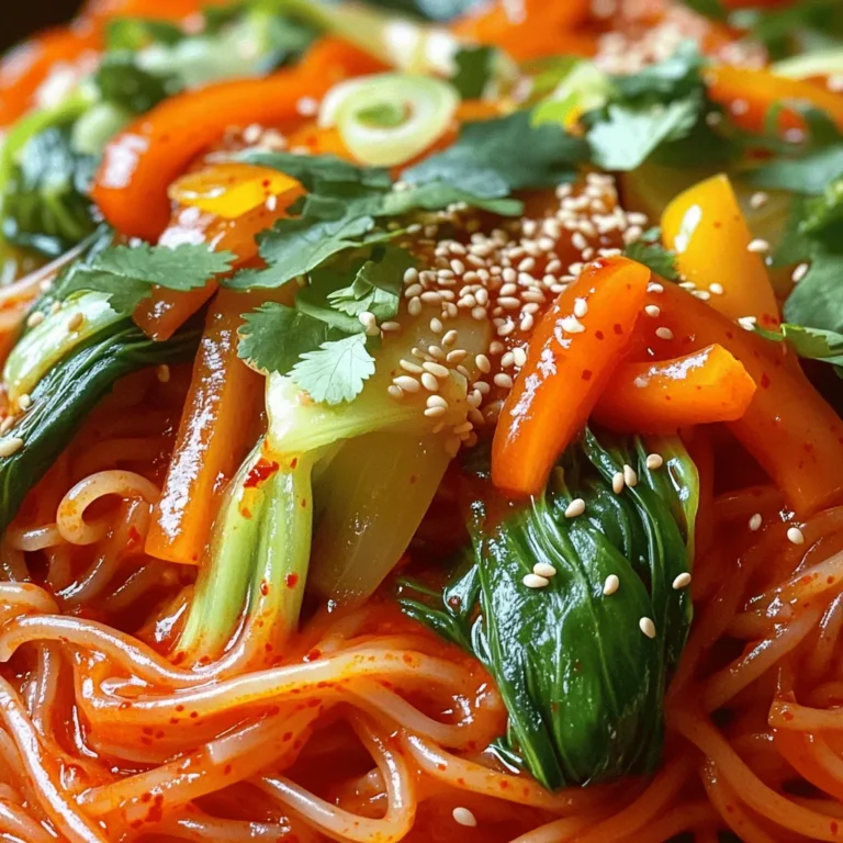 To make these tasty noodles, you need: - 200g thick rice noodles - 2 tablespoons gochujang (Korean chili paste) - 1 tablespoon soy sauce - 1 tablespoon sesame oil - 1 tablespoon honey (or maple syrup for a vegan option) - 1 teaspoon grated ginger - 2 cloves garlic, minced - 1 cup bok choy, chopped - 1 carrot, julienned - 1 bell pepper, sliced - 2 green onions, chopped - Sesame seeds for garnish - Fresh cilantro leaves for garnish If you don’t have an ingredient, don't worry! Here are some easy swaps: - Use rice vermicelli instead of thick rice noodles for a lighter bite. - Tamari can replace soy sauce for a gluten-free option. - You can swap honey with agave syrup for a vegan choice. - Any leafy green works if you can't find bok choy, like spinach or kale. - If you lack fresh ginger, use ground ginger; just use less. When choosing gochujang, quality matters. Here are some brands I trust: - Chung Jung One: A widely loved brand with great flavor. - Sunchang: Known for its rich taste and authentic texture. - Haechandle: Offers a balanced spice level, perfect for beginners. Look for gochujang in Asian markets or online for the best options. To cook the rice noodles, first, boil water in a large pot. Add the noodles and cook them according to the package instructions. This usually takes about 5-7 minutes. Once they are tender, drain the noodles. Rinse them under cold water to stop the cooking. This keeps them from getting mushy. Set the noodles aside while you prepare the sauce and vegetables. Grab a small bowl to make the sauce. Add 2 tablespoons of gochujang to the bowl. Then, mix in 1 tablespoon of soy sauce, 1 tablespoon of sesame oil, and 1 tablespoon of honey. For a vegan option, use maple syrup instead of honey. Add 1 teaspoon of grated ginger and 2 minced garlic cloves. Stir everything together until it is smooth. If you want more heat, add a little extra gochujang. In a large skillet, heat a bit of oil over medium heat. Add 1 cup of chopped bok choy, 1 julienned carrot, and 1 sliced bell pepper. Sauté these for about 4-5 minutes. You want them tender yet crisp. Stir them often to cook evenly. This step adds great flavor and color to your dish. Once done, set the veggies aside to mix with the noodles later. To make the best gochujang noodles, start with quality rice noodles. Cook them just right. They should be tender but not mushy. Rinse them in cold water after cooking. This step helps keep them from sticking. When mixing the sauce, balance the flavors. The gochujang brings heat, but honey adds a sweet touch. Adjust the sauce to your liking. Taste as you mix, and tweak it until it feels perfect. If you enjoy a milder dish, use less gochujang. Start with one tablespoon and taste. You can always add more later. For those who love heat, add an extra teaspoon. Just remember, gochujang can be strong, so go slowly. Another way to adjust heat is through toppings. Fresh cilantro and sesame seeds mellow the spice. You can also add a splash of lime juice for a fresh twist. Garnishing makes your dish look great and tastes even better. After plating the noodles, sprinkle sesame seeds on top. They add a nice crunch. Chop fresh green onions and sprinkle them over the dish. They add color and a fresh taste. Fresh cilantro leaves brighten up your noodles. You can also add thin slices of red chili for a pop of color and more heat. These small touches make a big difference in how your spicy gochujang noodles look and taste! {{image_2}} You can easily turn this dish into a vegetarian or vegan meal. For a vegan option, swap honey for maple syrup. This change keeps the sweetness while making it plant-based. You can also add more veggies to boost flavor and nutrition. Try adding zucchini or mushrooms for extra taste. Adding protein makes this dish heartier. Tofu is a great choice for a vegetarian option. It absorbs flavors well and adds a nice texture. If you prefer meat, chicken or shrimp work great too. Just sauté your protein before adding it to the noodles. This way, it cooks fully and adds depth to the dish. Feel free to mix and match the veggies in this recipe. Broccoli, snap peas, or bell peppers add crunch and color. Each vegetable brings its own taste, making your meal interesting. You can also use frozen veggies if you’re short on time. They cook quickly and save you prep time. To store leftover spicy gochujang noodles, first allow them to cool. Place the noodles in an airtight container. Keep them in the fridge for up to three days. Make sure to separate the sauce if you want them to stay fresh longer. When reheating, add a splash of water to the noodles. This helps them stay moist. Use a pan over medium heat for best results. Stir often to heat evenly. If using a microwave, cover the dish with a damp paper towel. This will keep the noodles from drying out. You can freeze spicy gochujang noodles, but it’s best to freeze the sauce and noodles separately. Use freezer-safe bags or containers. The noodles can stay fresh for up to two months. When ready to eat, thaw them in the fridge overnight. Reheat as mentioned above for the best taste. Gochujang is a Korean chili paste. It has a sweet and spicy flavor. You can find it in Asian markets or online. Look in the international aisle at larger grocery stores. Brands like Sunchang and Chung Jung One are popular. Yes, you can make this dish gluten-free. Use gluten-free soy sauce instead of regular soy sauce. Also, check the rice noodles to ensure they are gluten-free. Many rice noodles are naturally gluten-free, making them a great choice. You can easily change this dish to fit your taste. Here are some ideas: - Add more vegetables, like mushrooms or zucchini. - Adjust the spice by adding more or less gochujang. - Swap honey for maple syrup for a vegan option. - Include protein like chicken, tofu, or shrimp for extra flavor. These tweaks can help you create a dish you will love! Spicy Gochujang noodles are a simple and tasty meal. We covered the ingredients, cooking steps, and helpful tips. You can choose different spices, veggies, and proteins to make it yours. Storing leftovers and reheating them right will ensure great flavor later. This dish is easy to adapt to your needs. Enjoy your cooking and make it fun! Dig into this spicy delight whenever you want a quick and satisfying meal.