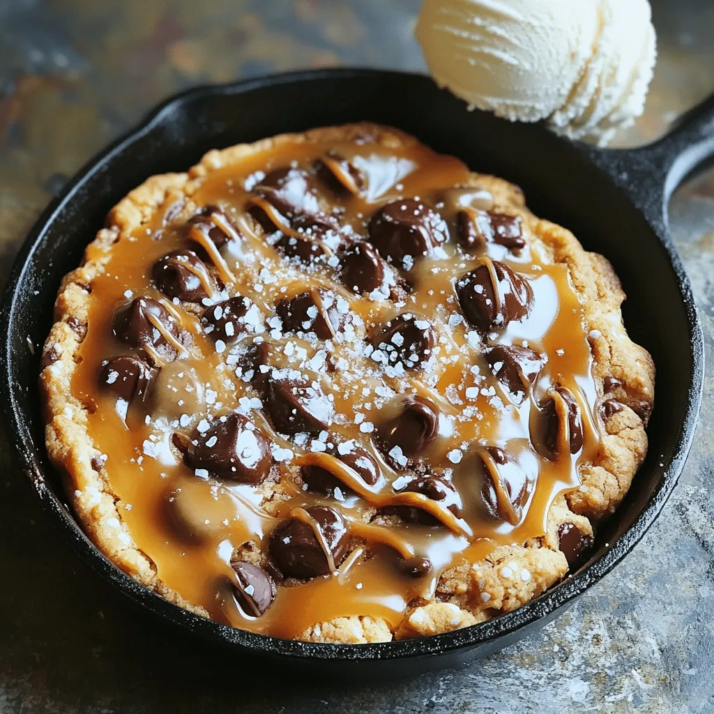 - 1 cup all-purpose flour - 1/2 teaspoon baking soda - 1/4 teaspoon salt - 1/2 cup unsalted butter, softened - 1/2 cup brown sugar, packed - 1/4 cup granulated sugar - 1 large egg - 1 teaspoon vanilla extract - 1/2 cup chocolate chips (semi-sweet or milk chocolate) - 1/2 cup crushed pretzels - 1/4 cup caramel sauce (store-bought or homemade) - Sea salt, for topping When choosing your flour, all-purpose works best for this recipe. It gives the cookie the right texture. Baking soda helps the cookie rise, so don’t skip it. Use unsalted butter for better control of salt levels. Softened butter is key for mixing easily with sugars. For the sugars, brown sugar adds moisture and a rich flavor, while granulated sugar helps with crispness. The egg binds everything together, giving the cookie a nice structure. The vanilla adds warmth, while chocolate chips bring that classic sweet taste. Crushed pretzels add a salty crunch, making the flavor pop. Finally, caramel sauce adds a sweet, gooey layer that ties it all together. Feel free to switch up the chocolate chips. You can use dark chocolate or even white chocolate for a twist. If you like nuts, try adding chopped pecans or walnuts. You can also use different types of pretzels, like chocolate-covered ones, for extra fun. Want a richer flavor? Use homemade caramel sauce instead of store-bought. If you want more sweetness, drizzle extra caramel on top before serving. First, gather all your ingredients. You need: - 1 cup all-purpose flour - 1/2 teaspoon baking soda - 1/4 teaspoon salt - 1/2 cup unsalted butter, softened - 1/2 cup brown sugar, packed - 1/4 cup granulated sugar - 1 large egg - 1 teaspoon vanilla extract - 1/2 cup chocolate chips - 1/2 cup crushed pretzels - 1/4 cup caramel sauce - Sea salt for topping Next, preheat your oven to 350°F (175°C). This step is key for even baking. In a small bowl, whisk the flour, baking soda, and salt. This mix helps the cookie rise and stay soft. Set this bowl aside. In a large bowl, cream the softened butter with the brown and granulated sugar. Mix until it is light and fluffy, about 2-3 minutes. This will make your cookie dough tasty and soft. Add the egg and vanilla extract, mixing until everything is well combined. Now, take your flour mixture and slowly add it to the wet mix. Stir gently until it just combines. Do not overmix, or your cookies may become tough. Next, fold in the chocolate chips and crushed pretzels. Make sure they are evenly spread throughout the dough. Take about half of your cookie dough and press it into the bottom of a cast-iron skillet or an oven-safe pan. This forms a nice base. Drizzle half of the caramel sauce over the dough. It adds a sweet layer. Now, crumble the rest of the dough on top of the caramel layer. Drizzle the remaining caramel sauce over this layer, too. Finally, sprinkle a pinch of sea salt on top. This touch enhances the flavors and adds a bit of crunch. Bake your skillet cookie in the oven for 20-25 minutes. Look for golden edges and a set center. After baking, let it cool slightly before serving. Enjoy your Caramel Pretzel Chocolate Chip Cookie Skillet warm, topped with ice cream if you like! To get the best texture, use softened butter. This helps create a light and fluffy dough. Mix the ingredients well, but don’t overmix. Overmixing can lead to tough cookies. For a gooier center, bake just until the edges turn golden. Set your oven to 350°F (175°C). Keep an eye on your cookie skillet while it bakes. Start checking around 20 minutes. The edges should be golden, and the center should look set but soft. Let it cool for a few minutes before slicing. Serve the skillet warm straight from the oven. A scoop of vanilla ice cream on top makes it extra special. You can drizzle more caramel sauce for added sweetness. For a salty-sweet twist, sprinkle a bit of sea salt over the ice cream. {{image_2}} You can swap ingredients to suit your needs. For flour, use whole wheat flour. It adds more fiber. You can also try almond flour for a gluten-free version. Instead of unsalted butter, use coconut oil. It gives a unique flavor. If you want less sugar, reduce the brown and granulated sugar by a quarter. For caramel, you have choices. Use store-bought caramel sauce if you're short on time. You can make homemade caramel with sugar and cream for a richer taste. If you like it spicier, try adding a touch of cinnamon to the caramel. For a chocolate twist, mix chocolate sauce with caramel. To change the flavor, think about mix-ins. Add nuts like walnuts or pecans for crunch. You can use white chocolate chips instead of semi-sweet. If you love peanut butter, mix in a spoonful. For a fruity note, add dried cranberries or cherries. These changes can make the cookie skillet your own! After you make the Caramel Pretzel Chocolate Chip Cookie Skillet, let it cool. Cover it tightly with plastic wrap or aluminum foil. You can keep it at room temperature for up to two days. For longer storage, put it in the fridge, where it will last up to a week. To enjoy your skillet cookie again, preheat your oven to 350°F (175°C). Place a slice of the cookie on a baking sheet. Heat it in the oven for about 10 minutes. This warms it through and makes it nice and soft again. You can also microwave a slice for about 20-30 seconds, but it may not be as good. If you want to save some for later, freezing is a great choice. Cut the cookie into slices. Wrap each slice in plastic wrap and then put them in a freezer bag. They can stay in the freezer for up to three months. When you're ready, just thaw them in the fridge overnight before reheating. Yes, you can make this skillet without pretzels. If you skip the pretzels, the cookie will still taste great. You might want to add nuts for crunch. Chopped almonds or walnuts can work well. Just remember, pretzels add that salty touch, so think about how to replace it. You can tell when the skillet cookie is done by checking the edges. They should be golden brown. The center may look soft, and that’s okay. It will firm up as it cools. A toothpick can also help. If it comes out clean, your cookie is ready. Absolutely! You can use any chocolate you like. Dark chocolate adds a rich flavor. White chocolate gives a sweet and creamy touch. Mix and match to find your favorite blend. Just keep the amount the same for the best results. This article covered the key steps to make a tasty skillet cookie. We explored the essential ingredients and how to customize them for your taste. I shared tips for perfecting the texture and baking it right, along with great serving ideas. You can also try variations and learn how to store your leftovers. Remember, you can switch out ingredients or flavors to suit your preferences. Enjoy your baking journey, and make it your own!