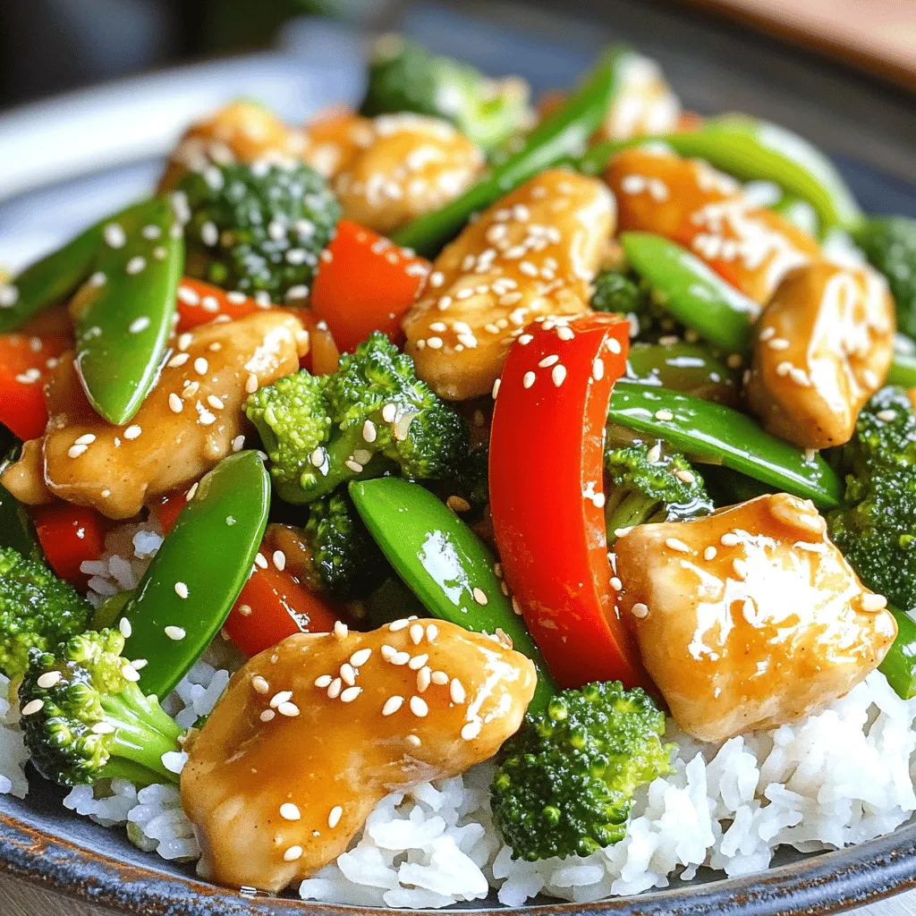 - 1 lb (450g) boneless, skinless chicken breast, cut into bite-sized pieces - 2 tablespoons honey - 3 tablespoons soy sauce - 4 cloves garlic, minced - 1 tablespoon fresh ginger, grated - 1 bell pepper (red or yellow), sliced - 1 cup broccoli florets - 1 cup snap peas - 2 tablespoons vegetable oil - 1 teaspoon sesame oil - Salt and pepper to taste - Sesame seeds for garnish - Cooked rice or noodles for serving I love this mix of ingredients. Each one adds flavor and color. The honey gives a sweet touch, while the soy sauce adds a savory kick. Fresh garlic and ginger bring warmth and depth. Add in bright veggies like bell peppers, broccoli, and snap peas for crunch and nutrients. You can swap some ingredients if needed. Here are some ideas: - Chicken: Use tofu or shrimp instead for a different protein. - Honey: Maple syrup works well as a sweetener. - Soy sauce: Tamari is a great gluten-free option. - Vegetable oil: Olive oil or coconut oil are good alternatives. - Vegetables: Feel free to use carrots, zucchini, or any other veggies you like. These substitutions keep the dish tasty while fitting your pantry. Fresh vegetables are great for this dish. They taste better and have more nutrients. However, frozen vegetables are also handy. They’re easy to store and save prep time. Just make sure to thaw them before cooking. Using fresh or frozen depends on your time and what you have on hand. Both options can make a delicious stir fry. - First, cut 1 lb of boneless chicken breast into small pieces. - In a small bowl, mix 2 tablespoons of honey, 3 tablespoons of soy sauce, 4 minced garlic cloves, and 1 tablespoon of grated ginger. This will be your sauce. - Slice 1 bell pepper and measure 1 cup each of broccoli florets and snap peas. - Heat 2 tablespoons of vegetable oil in a large skillet over medium-high heat. - Add the chicken pieces and season with salt and pepper. - Stir-fry the chicken for 5-7 minutes until it is cooked and golden brown. - Push the chicken to one side of the skillet. - Add the bell pepper, broccoli, and snap peas to the other side. - Stir-fry the vegetables for 3-4 minutes until they are bright and slightly soft. - Pour the honey garlic sauce over the chicken and veggies. Stir well to coat everything. - Cook for another 2-3 minutes until the sauce thickens. - Drizzle 1 teaspoon of sesame oil over the stir fry. Toss well to combine. - Serve the dish hot over cooked rice or noodles. - Garnish with sesame seeds for extra crunch. For the best stir fry, use high heat. Heat your skillet or wok until it’s very hot. This helps cook the chicken quickly while keeping it tender. Cut the chicken into small, even pieces. This ensures they cook evenly. Stir the chicken often. This helps prevent sticking and burning. While the honey garlic sauce is tasty, you can add more flavor. Try adding a splash of rice vinegar for tanginess. A pinch of red pepper flakes can give a nice kick. You might also consider adding lime juice for brightness. Fresh herbs, like cilantro, can add freshness to the dish. Don’t overcrowd your pan. If you add too much chicken at once, it will steam instead of sear. This can make it tough. Also, avoid overcooking the vegetables. You want them bright and slightly crunchy. Lastly, always taste your sauce. Adjust the sweetness or salt to match your taste. {{image_2}} You can switch out chicken for other proteins. Try shrimp for a quick change. Pork works well, too. Tofu is a great option for a meat-free dish. Just remember to press it to remove excess water. This helps the tofu soak up the sauce better. To make this dish vegetarian or vegan, use tofu or tempeh. Both add great texture. Replace honey with maple syrup or agave nectar for sweetness. You can also add more veggies like mushrooms or zucchini for added flavor. Feel free to mix up your veggies! Carrots, snow peas, and green beans all taste great. You can even add baby corn or bok choy for a twist. Just keep in mind the cooking times. Some veggies cook faster than others. Stir-fry your favorites for a colorful and tasty meal! To keep your Honey Garlic Chicken Stir Fry fresh, store leftovers in an airtight container. Let the dish cool before sealing it. Place it in the fridge. It will stay good for up to three days. If you want to keep it longer, consider freezing it. When you’re ready to enjoy your leftovers, reheat them properly. You can use a microwave or a skillet. If using a microwave, heat in short bursts, stirring in between. This way, heat spreads evenly. If using a skillet, add a splash of water or broth. This helps prevent drying out. Heat over medium until hot. If you want to freeze the stir fry, follow these steps. First, let the dish cool completely. Then, divide it into smaller portions. Use freezer-safe bags or containers. Remove as much air as possible to avoid freezer burn. Label each bag with the date. You can freeze it for up to two months. When ready to eat, thaw overnight in the fridge before reheating. You can serve Honey Garlic Chicken Stir Fry with cooked rice or noodles. Both options are great. Rice soaks up the sauce well. Noodles add a nice texture. You can also add a side of steamed vegetables. Try serving with a simple salad for freshness. If you want something crunchy, try sesame seeds. They add a nice touch. Yes, you can prep this dish ahead of time. Cut the chicken and vegetables a day before. Mix the sauce and store it in the fridge. On the day you plan to cook, just stir-fry them together. This saves time and makes dinner easy. However, it’s best to cook it fresh for the best taste. To adjust spice levels, you can add or remove garlic. Garlic adds flavor without too much heat. If you like it spicy, add a pinch of red pepper flakes. You can also use spicy sauce instead of soy sauce. Taste as you cook, so it fits your taste. Always add spice slowly, as you can always add more. Honey garlic chicken stir fry is simple and tasty. You now know its ingredients, steps, and tips. Remember to choose fresh or frozen veggies and adjust flavors. Try different proteins or make it vegetarian. Store leftovers and reheating is easy. This dish fits many needs and tastes. Enjoy your cooking adventures and share your creations!