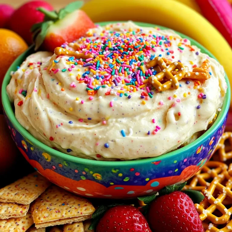 - 1 cup vanilla cake mix - 1/2 cup cream cheese, softened - 1/2 cup sour cream - 1/4 cup powdered sugar - 1 teaspoon vanilla extract - 1/4 cup rainbow sprinkles (plus extra for topping) - 1 cup mini marshmallows (optional) - Fresh fruit, pretzels, or graham crackers for dipping Each ingredient plays a key role in making this dip tasty and fun. The vanilla cake mix gives that classic cake flavor. The cream cheese adds creaminess and a slight tang. The sour cream helps keep the dip smooth and rich. The powdered sugar sweetens it just right. The vanilla extract boosts the dessert taste. The rainbow sprinkles bring color and crunch, making it festive. If you choose to add mini marshmallows, they offer a fun chewy texture. Finally, the dippers like fresh fruit, pretzels, or graham crackers add a delicious contrast to the sweet dip. - Mixing bowl - Hand mixer - Serving bowl - Utensils for dipping You need a mixing bowl to combine all the ingredients well. A hand mixer makes it easy to blend the dip until it is smooth and creamy. Use a serving bowl to showcase your dip. Make sure to have utensils ready for everyone to enjoy the dip with their favorite dippers. First, grab a large mixing bowl. In this bowl, combine 1 cup of vanilla cake mix, 1/2 cup of softened cream cheese, 1/2 cup of sour cream, and 1/4 cup of powdered sugar. This mix creates a smooth and sweet base. To blend, I suggest using a hand mixer. You can also use a whisk if you prefer. Mix until everything is creamy and well combined. The goal is to make it fluffy and light, so take your time here. Once the base is smooth, it’s time to add flavor. Pour in 1 teaspoon of vanilla extract. This adds a rich taste that really makes the dip pop. Mix until the vanilla is fully mixed in. Now for the fun! Gently fold in 1/4 cup of rainbow sprinkles. If you want more sweetness, you can also add 1 cup of mini marshmallows. Use a spatula for folding, so you don’t crush the sprinkles. Now, transfer your dip to a colorful serving bowl. To make it even more festive, sprinkle additional rainbow sprinkles on top. For serving, I like to arrange fresh fruit, pretzels, or graham crackers around the bowl. It looks nice and makes it easy for guests to dip. Enjoy your Funfetti Cake Batter Dip! To get a smooth and creamy Funfetti Cake Batter Dip, mix your ingredients well. Start by blending the vanilla cake mix, cream cheese, sour cream, and powdered sugar in a large bowl. A hand mixer works best here. If you use a whisk, make sure to mix until there are no lumps left. Avoid overmixing once you add the sprinkles. Gently fold them in to keep the dip light and fun. If you overmix, the dip can become too dense. The best dippers for this dip are fresh fruit, pretzels, and graham crackers. Sliced strawberries and bananas add a nice touch. You can also use mini cookies for a sweet crunch. For a fun presentation, serve the dip in a bright bowl. Arrange the dippers around the bowl for a colorful display. Add extra rainbow sprinkles on top for a festive look! You can make this dip even more exciting with different sprinkles or chocolate chips. Try using themed sprinkles, like hearts for Valentine’s Day. Also, consider flavored extracts like almond or coconut. These can add a new twist to the classic taste. Just add a few drops to keep the balance right. {{image_2}} You can make Funfetti Cake Batter Dip a bit healthier. First, swap sour cream for Greek yogurt. This change gives you more protein and less fat. Greek yogurt adds creaminess too. Next, look for gluten-free cake mix options. This way, anyone can enjoy the dip! Want to mix things up? Try a chocolate version! Use chocolate cake mix instead of vanilla. You can also add chocolate chips for extra fun. Seasonal twists make it special too! For fall, add pumpkin spice. In winter, use peppermint extract for a festive touch. You can create themed dips for any occasion. Make a birthday cake batter dip by adding extra sprinkles and using birthday cake mix. For holidays, use themed sprinkles. Red and green for Christmas, or pastel colors for Easter, make it festive and fun! To keep your Funfetti Cake Batter Dip fresh, store it in an airtight container. This helps prevent it from drying out or absorbing odors from the fridge. I recommend using a glass or plastic container with a tight lid. Make sure to leave some space at the top, as the dip may expand slightly when it chills. In the refrigerator, your dip can last about 3 to 5 days. If it starts to smell off or has a change in texture, it’s time to toss it. Look for a watery layer on top or any signs of mold. These are clear signs it's no longer good to eat. Yes, you can freeze Funfetti Cake Batter Dip! To do this, spoon it into a freezer-safe container, leaving some space at the top. When you're ready to enjoy it again, take it out and let it thaw in the fridge overnight. Stir it well before serving to restore its creamy texture. This way, you can enjoy this tasty treat even after a few weeks! If you're looking for a dairy-free option, try using vegan cream cheese. It has a similar texture and taste. Another choice is to use silken tofu. Blend it until smooth for a creamy base. For a nut-based option, cashew cream can work well too. Just soak cashews, blend with a bit of water, and you’re set. These swaps keep the dip tasty while catering to different diets. Yes, you can make this dip ahead of time! Mix it up and store it in an airtight container. Keep it in the fridge for up to three days. Just remember to give it a quick stir before serving. This helps the dip regain its creamy texture. If you want to prep even more, you can measure out the dry ingredients and store them separately. This saves time later! Absolutely! Funfetti Cake Batter Dip is perfect for kids. It’s sweet, colorful, and fun to eat. Just keep an eye on any allergies, like gluten or dairy. If you use the right swaps, it can be safe for most kids. Pair it with fresh fruit or graham crackers for a healthier option. Always supervise young kids during snack time to ensure they enjoy it safely! In this article, we explored how to make Funfetti Cake Batter Dip, from gathering ingredients to serving it. Each step helps you create a tasty treat everyone will enjoy. Remember, you can adjust flavors and even make healthier swaps. With a few simple tips, you can keep your dip fresh and tasty. Have fun experimenting with different variations and serving ideas. This dip is perfect for any occasion and sure to delight all ages. Enjoy sharing your creation with friends and family!