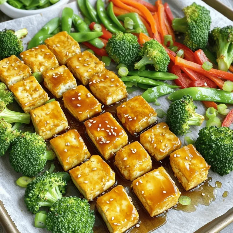 - 14 oz firm tofu, pressed and cubed - 2 cups broccoli florets - 1 red bell pepper, sliced - 1 cup snap peas - 1 carrot, julienned - 3 tablespoons honey - 2 tablespoons soy sauce (or tamari for gluten-free) - 1 tablespoon sesame oil - 4 cloves garlic, minced - 1 teaspoon ginger, grated - 1 tablespoon cornstarch - Salt and pepper, to taste - Sesame seeds and chopped green onions for garnish Gathering these ingredients makes the process easy and fun. Firm tofu gives a great texture. Fresh veggies add color and crunch. The honey, garlic, and ginger create a lovely flavor. This mix keeps your meal healthy and tasty. Using soy sauce or tamari provides a salty kick. Sesame oil adds depth to the sauce. Cornstarch helps the tofu get crispy. Finally, the sesame seeds and green onions make it look great! Start by preheating your oven to 400°F (200°C). This high heat helps the tofu and veggies cook well. Next, line a large baking sheet with parchment paper. This makes cleanup easy and keeps food from sticking. Now, let’s make the marinade. In a large mixing bowl, combine honey, soy sauce, sesame oil, minced garlic, grated ginger, cornstarch, salt, and pepper. Use a whisk to mix everything together until it is smooth. This marinade will bring great flavor to your dish. Next, it’s time to marinate the tofu. Take the cubed tofu and place it in the bowl with the marinade. Gently toss the tofu until it is fully coated. This step is key for flavor. Let the tofu sit in the marinade for about 15 minutes. This allows the tofu to soak up all those delicious flavors. Once the tofu has marinated, prepare your vegetables. Chop the broccoli into florets, slice the bell pepper, trim the snap peas, and julienne the carrot. After prepping the veggies, spread the marinated tofu on one half of the baking sheet. Then, arrange the vegetables on the other half in a single layer. For even cooking, make sure that the pieces are not crowded. You can drizzle a bit of olive oil on the veggies and season with salt and pepper for extra taste. Toss them lightly to combine. Now, it’s time to bake! Place the baking sheet in the preheated oven. Bake the tofu and veggies for 25 to 30 minutes. Halfway through, carefully flip the tofu and veggies to ensure they cook evenly. You will know it’s done when the tofu is golden brown and the vegetables are tender. Once baked, take the dish out of the oven and enjoy your warm, flavorful meal! Marination is key for great flavor. I let tofu sit in the marinade for at least 15 minutes. This time helps the tofu soak up all the sweet and savory notes. You can adjust the marinade to your taste. If you like it sweeter, add more honey. For a saltier punch, increase the soy sauce. Tofu should be golden brown for the best taste. To achieve this, spread the tofu evenly on the baking sheet. Flipping it halfway through cooking helps it brown nicely. For tender veggies, cut them into uniform pieces. This ensures they cook at the same rate. Broccoli, bell pepper, snap peas, and carrot all cook well together. A sturdy baking sheet is a must. I prefer one with a rim to catch juices. Use parchment paper to prevent sticking and make cleanup easy. For prep, a good cutting board and a sharp knife are essential. A whisk helps mix the marinade smoothly. These tools make your cooking experience fun and efficient. {{image_2}} You can switch out tofu for tempeh or chicken. Tempeh has a nutty taste and is packed with protein. Chicken offers a classic flavor that many love. For a vegan option, use chickpeas or lentils. They provide a hearty base and soak up flavors well. Feel free to swap out the veggies. Cauliflower, zucchini, and asparagus work great. You can also mix in some mushrooms for extra umami. Think about seasonal veggies too. In summer, add bell peppers and corn. In fall, use sweet potatoes or Brussels sprouts. Want a kick? Try adding chili flakes to the honey garlic sauce. For a low-sugar option, substitute honey with agave syrup or a sugar-free alternative. This keeps the dish flavorful without the extra sugar. You can even blend in a bit of lime juice for brightness. To store leftovers, wait until the dish cools down. Then, place everything in the fridge. I suggest using airtight containers. They keep food fresh and prevent odors from mixing. Make sure to separate the tofu from the veggies. This helps preserve their textures. To reheat, use the oven if you can. Set it to 350°F (175°C) and warm the dish for about 10-15 minutes. This method keeps the tofu crisp. If you use a microwave, cover it with a damp paper towel. This will help avoid sogginess. Heat in short bursts to check the dish often. Tofu lasts about a week when opened. Check the date on the package for safety. Fresh veggies like broccoli and bell peppers last around 3-5 days in the fridge. Look for any discoloration or slimy spots. These are signs of spoilage. If you see them, it's best to toss the affected items. Yes, you can prep this recipe ahead. First, marinate the tofu up to 24 hours before cooking. Store the marinated tofu in an airtight container in the fridge. You can also chop the veggies in advance. Keep them in separate containers. This way, you save time on cooking day. Just remember to store everything in the fridge to keep it fresh. This dish pairs well with many sides. You could serve it over steamed rice. Quinoa is another great option. A light salad with mixed greens adds freshness too. You can also enjoy it with a side of noodles for a heartier meal. Any of these sides will complement the sweet and savory flavors of the tofu and veggies. Absolutely! To make it gluten-free, use tamari instead of soy sauce. This simple swap keeps the flavor while being safe for those with gluten issues. The recipe is already vegetarian and can fit vegan diets if you use maple syrup instead of honey. Feel free to add or swap veggies to match your dietary needs. If you want some heat, add red pepper flakes to the marinade. Start with half a teaspoon and adjust to your taste. You could also add fresh chopped chili peppers for more heat. Another option is a spicy sauce, like sriracha, drizzled on top before serving. These additions keep the flavors balanced while giving it a kick. In this blog post, we explored a delicious sheet pan honey garlic tofu recipe. You learned about key ingredients, marinating tips, and cooking techniques. We also discussed ways to customize the dish for your taste and dietary needs. Remember, marinating tofu boosts flavor, while the right cooking methods ensure a great texture. Use these tips and enjoy your cooking! This recipe not only offers satisfaction but also encourages creativity with your meals. Happy cooking!