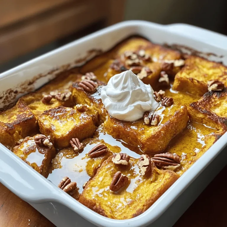 To make this tasty dish, you’ll need a few key items. Here’s what to gather: - 1 loaf of brioche bread, cut into cubes - 1 can (15 oz) pure pumpkin puree - 4 large eggs - 2 cups milk (whole or almond) - 3/4 cup brown sugar - 2 teaspoons vanilla extract - 2 teaspoons pumpkin pie spice - 1/2 teaspoon ground cinnamon - Pinch of salt These ingredients create a rich and creamy base. The brioche bread soaks up the pumpkin mixture, making each bite soft and flavorful. You can easily change this recipe to fit your taste. Here are some fun options: - 1 cup pecans, chopped - Add chocolate chips for a sweet twist. - Swap in your favorite nuts or seeds. These extras let you make the casserole your own. Feel free to experiment! The right toppings can take your casserole to the next level. Here’s what I suggest: - Maple syrup, for drizzling - Whipped cream, for a light, fluffy finish - A sprinkle of extra cinnamon or pumpkin pie spice These toppings enhance the flavors and make your dish look beautiful. Enjoy the cozy taste of fall with each bite! First, preheat your oven to 350°F (175°C). This step is key for even baking. Next, grab a 9x13 inch baking dish and grease it well. This helps the casserole not stick when it’s done. In a large bowl, combine the pumpkin puree, eggs, and milk. Stir in the brown sugar, vanilla extract, pumpkin pie spice, ground cinnamon, and a pinch of salt. Mix until everything is smooth and well blended. Then, add the cubed brioche bread. Gently fold it into the mixture. Make sure every piece of bread is soaked. If you like pecans, fold in one cup of chopped pecans at this point. Pour the mixture into your greased baking dish. Spread it evenly to ensure it cooks well. Cover the dish with aluminum foil. Let it sit for about 15 minutes. This wait lets the bread soak up all those great flavors. After that, remove the foil and place the dish in the oven. Bake it for 30-35 minutes. Look for a golden brown top and a firm center. When it’s ready, take it out and let it cool for a few minutes. Enjoy it warm with maple syrup and whipped cream! When picking brioche bread, look for a few key things. Choose a loaf that feels soft and fresh. The color should be golden brown, with a slight sheen. A good brioche has a rich, buttery scent. You can find it at bakeries or grocery stores. If you want a sturdier base, look for thicker slices or a round loaf. To help your casserole soak up all the goodness, let the bread sit longer. After mixing the bread with the pumpkin mix, let it sit for at least 15 minutes. Cover it with foil to keep the heat in. This helps all the flavors blend nicely. If you have time, let it sit in the fridge overnight. This gives the bread even more time to soak in the flavor. If you have leftovers, put them in an airtight container. It will stay fresh in the fridge for up to three days. To reheat, cut the casserole into pieces. You can warm it in the oven at 350°F for about 15 minutes. You can also use the microwave. Heat it for about 30 seconds or until warm. Drizzle with maple syrup again before serving for extra flavor. {{image_2}} You can switch up the bread in this recipe. While brioche is rich and soft, challah works well too. You might also try a crusty French bread for more texture. Each bread type gives a new taste. Experiment with different types to find your favorite. Feel free to add seasonal flavors to your casserole. You could mix in chopped apples or pears for a fruity twist. Dried cranberries or raisins can also add a nice touch. For a nutty flavor, try adding walnuts or pecans. These add-ins can change the whole dish. If you want a vegan or dairy-free casserole, it's easy to adapt. Use plant-based milk like almond or oat milk. Replace eggs with flax eggs or silken tofu for binding. Choose vegan bread to keep it completely plant-based. This way, everyone can enjoy a cozy slice of pumpkin spice goodness. Store your leftover Pumpkin Spice French Toast Casserole in an airtight container. It will stay fresh in the fridge for up to three days. Make sure to cool it completely before sealing it. This prevents condensation, which can make it soggy. You can freeze the casserole for longer storage. First, let it cool completely. Cut it into portions, wrap each piece in plastic wrap, and then place them in a freezer-safe bag. It will last for about two months in the freezer. Label the bag with the date. This way, you can enjoy a taste of fall any time! To reheat, first, thaw it in the fridge overnight if frozen. Preheat your oven to 350°F (175°C). Place the casserole in an oven-safe dish and cover it with foil. Heat for about 20-25 minutes until warm. You can also use the microwave for quick reheating. Just place a portion on a microwave-safe plate and heat for 1-2 minutes. Enjoy it warm with maple syrup and whipped cream! Yes, you can prepare this casserole ahead. Mix all the ingredients and pour them into the baking dish. Cover it tightly with plastic wrap. Store it in the fridge overnight. This way, the bread will soak up the flavors well. In the morning, just bake it straight from the fridge. You might need to add a few extra minutes to the baking time. If you don’t have brown sugar, use granulated sugar. You can mix it with a little molasses to get a similar flavor. About one tablespoon of molasses per cup of sugar works well. You can also use coconut sugar or maple sugar for a unique taste. Each option will give a slightly different flavor but will still be delicious. Yes, you can use sweetened almond milk. It adds a nice flavor to the casserole. Just keep in mind that it is sweeter than whole milk. You might want to adjust the brown sugar amount if you want it less sweet. This substitution makes the dish dairy-free and still tasty. This blog post covered everything about making a Pumpkin Spice French Toast Casserole. We explored the main and optional ingredients, as well as tasty toppings. The step-by-step instructions made preparation easy. I also shared tips on selecting the best bread and ensuring great flavor. You can customize this dish with various bread types and flavors. Finally, storing and reheating leftovers ensures you can enjoy this treat later. Enjoy every bite of this fall favorite!