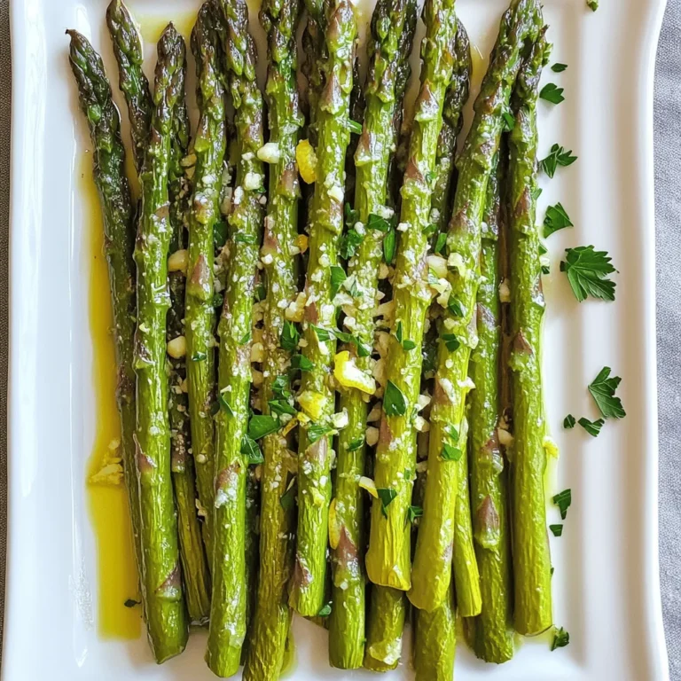 - 1 pound fresh asparagus, trimmed - 3 tablespoons olive oil - 3 cloves garlic, minced - Zest of 1 lemon - Juice of 1 lemon - 1 teaspoon sea salt - 1/2 teaspoon black pepper - 1/4 teaspoon red pepper flakes (optional) - Grated Parmesan cheese for garnish (optional) - Fresh parsley, chopped for garnish You can add a few extra touches to boost the taste. Try using lemon zest and juice to brighten the dish. Red pepper flakes can add a nice kick. For a savory twist, sprinkle grated Parmesan cheese on top. Fresh herbs like thyme or dill can also make a great addition. Just remember to keep it simple and let the asparagus shine. When picking asparagus, look for bright green stalks. They should be firm and straight. Avoid any that are limp or have brown spots. The tips should be tightly closed and fresh-looking. If you can, buy asparagus that is in season. It will taste better and be easier to find fresh. Checking your local farmer's market can be a great way to find high-quality asparagus. Start with fresh asparagus. You want to trim off the tough ends. Hold a spear and bend it gently. It will snap at the right spot, showing you where to cut. Once you have trimmed all the spears, rinse them under cold water. This removes dirt and helps them stay fresh. Pat them dry with a clean towel. In a large bowl, add 3 tablespoons of olive oil. It will help the asparagus roast nicely. Next, add 3 cloves of minced garlic. I love garlic for its bold flavor. Then, add the zest and juice of one lemon. This adds brightness. Sprinkle in 1 teaspoon of sea salt, 1/2 teaspoon of black pepper, and 1/4 teaspoon of red pepper flakes if you want some heat. Toss it all together until the asparagus is coated well. Preheat your oven to 425°F (220°C). Spread the asparagus in a single layer on a baking sheet. Make sure the spears are not crowded. This helps them roast evenly. Place them in the oven and roast for 12-15 minutes. You want them to be tender and slightly caramelized. After roasting, take them out and let them cool for a minute. For a nice touch, sprinkle some grated Parmesan cheese and chopped parsley on top before serving. To get the best roast, use a hot oven. Set it to 425°F (220°C). This high heat helps the asparagus cook fast and turn golden. Spread the asparagus out on the baking sheet. If they touch, they will steam instead of roast. Cook the asparagus for 12 to 15 minutes. Check them at 12 minutes. They should be tender and a bit crisp. If you want them softer, leave them in a bit longer. Just watch closely to avoid burning. Don’t waste leftover lemon and garlic! If you have extra lemon juice, drizzle it over the cooked asparagus for added zest. You can use leftover garlic in other dishes, like pasta or rice. It adds great flavor to many meals! {{image_2}} You can change the taste of lemon garlic roasted asparagus by using different seasonings. Try adding a pinch of smoked paprika for a warm, smoky flavor. If you like herbs, sprinkle some thyme or rosemary for a fresh touch. You can also swap sea salt for garlic salt to enhance the garlic taste. For a tangy twist, use balsamic vinegar instead of lemon juice. Each variation brings a new life to this simple dish. Make your lemon garlic roasted asparagus a complete meal by adding proteins or grains. For a hearty option, toss in cooked quinoa or brown rice before roasting. This adds fiber and makes it filling. You could also mix in cubed chicken or shrimp for a protein boost. Both options pair well with the bright flavors of lemon and garlic. This way, you have a tasty, balanced dish on your plate. Cheese can elevate this dish in many ways. While Parmesan is a classic choice, you can explore other options too. Feta adds a tangy bite that contrasts nicely with the asparagus. Goat cheese gives a creamy richness that melts beautifully. For a sharper taste, try aged cheddar or Gruyère. Each cheese adds its own unique flavor, making your dish even more special. To keep your lemon garlic roasted asparagus fresh, store it in an airtight container. Place it in the fridge right after it cools. This way, it stays crisp and tasty. Use the leftovers within three days for the best flavor. When you want to enjoy your leftovers, reheat them in the oven. Preheat the oven to 350°F (175°C). Spread the asparagus on a baking sheet. Bake for about 10 minutes until warmed through. This method helps keep the asparagus tender and flavorful. You can freeze lemon garlic roasted asparagus if you want to save some for later. First, let it cool completely. Then, place it in a freezer-safe bag. Remove as much air as you can before sealing. It can stay in the freezer for up to three months. When you're ready to eat, thaw it in the fridge overnight and reheat it in the oven. Yes, you can use frozen asparagus. Just know it may not roast as well. Frozen asparagus often has more water, so it might turn out softer. If you choose frozen, thaw it first. Pat it dry to remove extra moisture. This will help keep your dish from getting too soggy. Lemon garlic roasted asparagus goes great with many dishes. It pairs well with grilled chicken or fish. You can also serve it with pasta or risotto. The bright lemon flavor complements rich foods nicely. Try it alongside a fresh salad for a light meal. It can even work as a side for a fancy dinner. Asparagus is cooked properly when it is tender but still crisp. You should see a bright green color. It should have a slight caramelization on the edges. Use a fork to poke it; if it goes in easily, it’s done. Remember, overcooking can make it mushy, so watch the time closely. In this blog post, you learned how to make delicious lemon garlic roasted asparagus. We covered the best ingredients, step-by-step instructions, and tips for perfect roasting. I shared fun variations to try and how to store and reheat leftovers. Asparagus can be a tasty and healthy side dish. Feel free to experiment with flavors and enjoy your meals!