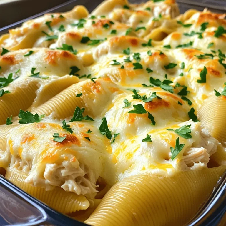 To make Chicken Alfredo Stuffed Shells, gather these ingredients: - 12 large pasta shells - 2 cups cooked chicken, shredded - 1 cup ricotta cheese - 1 cup grated mozzarella cheese - ½ cup grated Parmesan cheese - 2 cups alfredo sauce (store-bought or homemade) - 1 teaspoon garlic powder - 1 teaspoon Italian seasoning - Salt and pepper to taste - Fresh parsley, chopped (for garnish) You can switch some ingredients for a twist: - Swap ricotta cheese for cottage cheese for a lighter taste. - Use shredded rotisserie chicken for quick prep. - Try different cheeses like fontina or gouda for a rich flavor. - Substitute homemade alfredo sauce with a creamy white sauce for a unique touch. Choosing the best ingredients makes a big difference: - Pasta shells: Look for large, sturdy shells to hold the filling well. - Chicken: Use freshly cooked chicken for the best taste. Avoid canned chicken. - Cheese: Opt for block cheese and grate it yourself. This enhances flavor and texture. - Alfredo sauce: If buying, pick a brand with simple ingredients. Homemade is always best if you have time. - Herbs and spices: Fresh herbs like parsley add brightness. Check for vibrant color and aroma. Using quality ingredients elevates the whole dish, making every bite a delight. To start, boil a large pot of salted water. Add the pasta shells and cook them until they are al dente. This usually takes about 8 to 10 minutes. Drain the shells and let them cool a bit. Set them aside for now. In a big mixing bowl, combine the shredded chicken and ricotta cheese. Add half of the mozzarella and half of the Parmesan. Then, mix in the garlic powder, Italian seasoning, salt, and pepper. Stir it all well until the filling is smooth and creamy. Now it’s time to fill the shells. Use a spoon or a piping bag for ease. Fill each shell with the chicken mixture. Pack it in well, but don’t overstuff them. This will help them hold their shape. Preheat your oven to 375°F (190°C). Spread 1 cup of alfredo sauce on the bottom of a 9x13-inch baking dish. Place the filled shells in a single layer on top of the sauce. Pour the rest of the alfredo sauce over the shells. Make sure they are covered evenly. Top with the remaining mozzarella and Parmesan. Cover the dish with aluminum foil and bake for 25 minutes. After that, remove the foil and bake for another 15 minutes. The cheese should be bubbly and golden when done. Let the dish cool for a few minutes before serving. Enjoy your creamy comfort meal! To cook pasta shells well, follow a few simple steps. Use a large pot with plenty of water. Add salt to the water; this helps flavor the pasta. Bring the water to a rolling boil before adding the shells. Cook them until they are al dente, which means they are firm but not hard. This usually takes about 9-12 minutes. After cooking, drain the shells, but do not rinse them. Rinsing can wash away the starch that helps the sauce cling. Making homemade Alfredo sauce is fun and easy. You need just a few key ingredients: butter, heavy cream, and cheese. Start by melting butter in a pan over low heat. Then, add heavy cream and stir well. Let it simmer for about 5 minutes, then add grated Parmesan cheese. Mix until the cheese melts and the sauce thickens. You can also add garlic powder or Italian seasoning for extra flavor. Homemade sauce tastes richer and fresher than store-bought. To keep the filling creamy, use a good mix of cheeses. Ricotta cheese adds a nice texture, while mozzarella and Parmesan enhance the flavor. Make sure the chicken is shredded finely so it blends well. Adding a bit of alfredo sauce to the filling can also help. This keeps it moist and adds more flavor. Mix everything gently until it is smooth. If you find it too thick, a splash of milk can help. {{image_2}} You can boost nutrition by adding vegetables to your filling. Spinach, mushrooms, or bell peppers work well. Just sauté them first to soften and enhance their flavors. Mix the vegetables with the chicken and cheese for a tasty twist. If you want to switch up the protein, consider using turkey or even shrimp. Shredded rotisserie chicken is a great choice for quick meals. For a vegetarian option, try using beans or lentils. Each protein brings its own flavor, making your stuffed shells unique. For a gluten-free meal, use gluten-free pasta shells. Many brands offer great options that taste just as good. If you need a dairy-free version, try cashew cheese or dairy-free cream cheese in place of ricotta. Use coconut milk-based Alfredo sauce for a creamy texture without dairy. These options let everyone enjoy this dish! To store leftover Chicken Alfredo Stuffed Shells, let them cool down first. Place them in an airtight container. They will keep well in the fridge for up to three days. Make sure to cover them with plastic wrap or a lid to keep them fresh. If you want to freeze the stuffed shells, place them in a single layer on a baking sheet first. Freeze them until solid. Then, transfer the shells to a freezer-safe container or bag. They can last in the freezer for up to three months. When ready to eat, thaw them overnight in the fridge before reheating. Reheat the stuffed shells in the oven for best results. Preheat your oven to 350°F (175°C). Place the shells in a baking dish and cover with foil. Heat for about 20-25 minutes. You can also reheat them in the microwave. Just cover them with a damp paper towel and heat in short bursts until warm. Enjoy your creamy meal again! Yes, you can use store-bought Alfredo sauce. It saves time and still tastes great. Just choose a brand you like. I often go for a classic, creamy sauce. This option makes the recipe easy and quick. You can mix and match cheeses for fun flavors. Cream cheese adds a nice touch. Gouda or fontina also works well. Just keep the ratios similar to maintain creaminess. Experiment with your favorites! Baking chicken stuffed shells takes about 40 minutes. Cover with foil for the first 25 minutes. This keeps them moist. Uncover and bake for 15 more minutes until the cheese is bubbly and golden. You’ll love the smell as they bake! Yes, you can prep Chicken Alfredo Stuffed Shells ahead of time. Assemble them and store in the fridge for up to 24 hours. Just cover tightly with foil. When ready to bake, add a few extra minutes to the cooking time. Enjoy this easy meal any day! In this post, we explored cooking Chicken Alfredo Stuffed Shells. We covered key ingredients, simple steps, and helpful tips. You learned how to select quality ingredients and ensure a creamy filling. Plus, we discussed tasty variations and storage methods. As you try this dish, feel free to experiment. Share it with friends or family for a delicious meal together. Enjoy your cooking adventure and make it your own!