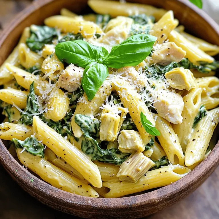 - 12 oz penne pasta - 1 lb boneless, skinless chicken breasts, diced - 2 cups fresh spinach, roughly chopped - 1 can (14 oz) artichoke hearts, drained and quartered - 1 cup cream cheese, softened - 1 cup chicken broth - 1 cup grated parmesan cheese - 1 teaspoon garlic powder - 1 teaspoon onion powder - 1 teaspoon Italian seasoning - Salt and pepper to taste - 2 tablespoons olive oil - Fresh basil for garnish (optional) You can swap penne pasta for any pasta shape you like. Bowtie or rotini work well. If you don't have chicken breasts, try diced thighs for more flavor. Cream cheese can be replaced with a dairy-free option if needed. For a lighter touch, use Greek yogurt. You can also use vegetable broth instead of chicken broth for a vegetarian version. To make this dish, you’ll need: - A large pot or Dutch oven - A cutting board - A sharp knife - Measuring cups and spoons - A wooden spoon for stirring - Serving bowls for presentation These tools will help you create the creamy spinach artichoke chicken pasta with ease. Having everything ready makes cooking fun and smooth. First, I heat two tablespoons of olive oil in a large pot. I add one pound of diced chicken breasts. To season, I sprinkle salt, pepper, garlic powder, and onion powder over the chicken. I cook it for about 5 to 7 minutes. I want the chicken to be browned and cooked through. This step adds great flavor to the dish and sets a savory base. Next, I pour in one cup of chicken broth. I scrape any brown bits from the bottom of the pot. This adds even more flavor. I bring the broth to a simmer. Then, I stir in 12 ounces of penne pasta. I make sure the pasta is well submerged. After covering the pot, I cook it for about 10 minutes. I stir halfway through to prevent sticking. The pasta should absorb most of the liquid. Once the pasta is cooked, I lower the heat. I add one cup of softened cream cheese and one cup of grated parmesan cheese. Next, I toss in the two cups of chopped spinach and one can of quartered artichoke hearts. I stir gently for about 2 to 3 minutes. This helps the cream cheese melt and form a creamy sauce. If the sauce is too thick, I add more broth. Finally, I taste and adjust the seasoning with salt, pepper, and Italian seasoning. After removing it from the heat, I let it sit for a couple of minutes before serving. To cook perfect pasta, use a large pot. Fill it with water and add salt. The water should taste like the sea. Bring the water to a boil before adding the penne pasta. Stir the pasta to prevent sticking. Cook it for about 10 minutes. Taste a piece. It should be firm but not hard. This is called al dente. Drain it well before adding to the dish. To make a creamy sauce, start with softened cream cheese. Add the cream cheese to the pot after cooking the pasta. Stir it in while the heat is low. This helps it melt nicely. You can also add grated parmesan cheese for extra creaminess. If the sauce is too thick, add more chicken broth. This will help loosen it up. Stir gently until everything is combined. Feel free to customize your dish! If you love garlic, add more garlic powder. You can swap the chicken for shrimp or tofu for a change. If you want more veggies, toss in bell peppers or mushrooms. For a spicy kick, add red pepper flakes. You can also use different pasta shapes, like rotini or fettuccine. The choice is yours, so make it your own! {{image_2}} You can easily make a vegetarian version of this dish. Skip the chicken and add more veggies. Try mushrooms, bell peppers, or zucchini. These will add texture and flavor. You can also use vegetable broth instead of chicken broth. This keeps the dish rich and creamy while staying meat-free. Want to boost the protein? You can add beans or chickpeas. They mix well with the sauce. You can also add cooked shrimp or diced tofu for more protein. For veggies, consider adding broccoli or peas. Both add color and nutrients. Just toss them in when you add the spinach and artichokes. If you need a gluten-free option, swap the penne for gluten-free pasta. There are many brands available, and they cook similarly. Make sure to check the cooking time on the package. You can also use spiralized veggies, like zucchini noodles, for a fresh twist. Enjoy your creamy spinach artichoke chicken pasta without gluten! After enjoying your creamy spinach artichoke chicken pasta, let it cool down. Once cool, place it in an airtight container. This helps keep it fresh. Store the container in the fridge. It will last up to three days. If you want to keep it longer, freezing is a great option. To reheat, you can use the microwave or the stovetop. If using the microwave, place a portion in a bowl. Add a splash of chicken broth to keep it moist. Heat in short bursts, stirring often. If using the stovetop, put it in a pan over low heat. Stir gently until it warms through. This keeps the pasta creamy without drying it out. To freeze, use a freezer-safe container. Portion out the pasta into smaller amounts for easy meals later. Make sure to leave some space at the top for expansion. When you want to eat it, thaw it in the fridge overnight. Reheat as described above. This way, you enjoy the creamy goodness even after weeks! You can use sour cream or Greek yogurt in place of cream cheese. Both will give your dish a creamy texture. If you want a dairy-free option, try cashew cream or a non-dairy cream cheese alternative. These substitutes work well and keep the flavor rich. Yes, you can use frozen spinach! Just make sure to thaw and drain it well before adding it to the pot. Frozen spinach has a softer texture, so it mixes in nicely. This option saves time and still adds great flavor. The chicken is done when it reaches an internal temperature of 165°F. You can cut a piece in half to check that it is no longer pink inside. If you don’t have a thermometer, just make sure the juices run clear. You can use any pasta shape you like! Bowtie, fusilli, or even whole wheat pasta work great. If you're gluten-free, try rice pasta or quinoa pasta. Just adjust the cooking time according to the pasta you choose. This guide covers all you need to make a creamy spinach artichoke pasta. You learned about the right ingredients, measurements, and tools to get started. Step-by-step, you followed cooking chicken, pasta, and sauce. Tips for perfect flavor and texture were shared, along with tasty variations. Storage advice ensures your dish stays fresh. Remember, cooking is about having fun and making it your own. Enjoy the journey and share your delicious results!