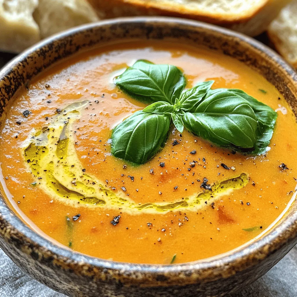- 2 lbs ripe tomatoes, halved - 1 large onion, chopped - 4 garlic cloves, peeled - 2 tablespoons olive oil - Salt and freshly ground black pepper, to taste - 1 teaspoon sugar (optional, to balance acidity) - 4 cups vegetable broth - 1 cup fresh basil leaves, packed - 1 tablespoon balsamic vinegar (optional) - ½ cup heavy cream or coconut cream For the best flavor, use ripe tomatoes. They bring sweetness and depth to the soup. I suggest halving them to let the juices flow during roasting. A large onion adds flavor, while garlic gives it a nice kick. Olive oil helps the veggies caramelize, making them sweet and tasty. For seasoning, don't forget salt and pepper. They enhance all the other flavors. If your tomatoes are too tart, add a little sugar. It helps balance the soup's taste. Vegetable broth is key for a rich, savory base. Fresh basil leaves add a fragrant touch. You can also use balsamic vinegar for a hint of sweetness. Finally, for creaminess, use heavy cream or coconut cream. Coconut cream is great if you want a vegan option. These ingredients work together to create a delicious, comforting bowl of Roasted Tomato Basil Soup. First, preheat your oven to 400°F (200°C). This heat helps to bring out the sweet flavors in the tomatoes. Next, take a large baking sheet. Arrange 2 lbs of ripe tomatoes, halved, cut-side up. Add one large, chopped onion and four peeled garlic cloves to the sheet. The onions and garlic will add depth to our soup. Now, it’s time to season our veggies. Drizzle 2 tablespoons of olive oil over the tomatoes, onions, and garlic. Sprinkle salt, freshly ground black pepper, and 1 teaspoon of sugar if you want. The sugar will help balance the acidity of the tomatoes. Roast everything in the oven for about 30-35 minutes. You want the tomatoes to caramelize and the onions to become tender. This roasting step fills the soup with rich flavors. After roasting, remove the baking sheet from the oven. Let the vegetables cool for a bit. Then, carefully transfer them to a large pot. Pour in 4 cups of vegetable broth. Place this pot over medium heat and bring it to a simmer. This step allows the flavors to meld. Stir in 1 cup of fresh basil leaves and 1 tablespoon of balsamic vinegar if you like. Let it simmer for another 5 minutes. Finally, use an immersion blender to puree the soup until it’s smooth and creamy. If you prefer a velvety texture, you can also blend in batches with a regular blender. Once blended, stir in ½ cup of heavy cream or coconut cream for added richness. Adjust the seasoning with salt and pepper to your taste. To make your soup taste great, adjust the seasoning. Start with salt and freshly ground black pepper. I often add a pinch of salt and taste. It helps bring out the flavors of the tomatoes and basil. You can also use sugar to balance acidity. If your tomatoes are too tart, a teaspoon of sugar can work wonders. When it comes to blending, you have two main choices: an immersion blender or a regular blender. An immersion blender is quick and easy. You can blend right in the pot. A regular blender makes a smoother soup, but you must transfer it in batches. No matter which you choose, aim for a creamy texture. Blend until the soup is smooth and velvety. Garnishing your soup makes a big difference. I love adding a swirl of cream on top. A few fresh basil leaves add color and flavor. For a complete meal, serve with crusty bread. It’s perfect for dipping into the rich, warm soup. You can even toast the bread for extra crunch. {{image_2}} You can easily make this soup vegan. Just swap heavy cream for coconut cream. The coconut cream keeps the soup rich and creamy. This small change gives it a touch of sweetness. You won’t miss the dairy at all! Want to spice things up? Try adding fresh herbs like thyme or oregano. These herbs can add depth to the flavor. You can also throw in spices like red pepper flakes for heat. If you like more texture, consider adding roasted veggies. Zucchini, bell peppers, or carrots work well. Roast them along with the tomatoes. This adds a nice twist to the classic recipe. You can serve this soup hot or cold. For a chilled version, let the soup cool after blending. Then, refrigerate it for a couple of hours. Serve it with a drizzle of olive oil and a sprinkle of basil. It makes a refreshing summer dish! To store leftover soup, let it cool first. Pour it into an airtight container. This keeps the flavors fresh. You can keep it in the fridge for about 3 to 4 days. Make sure to label the container with the date. This way, you won’t forget when you made it. To freeze Roasted Tomato Basil Soup, let it cool completely. Pour the soup into freezer-safe bags or containers. Leave some space at the top for expansion. Seal them tightly to prevent freezer burn. The soup can last for up to 3 months in the freezer. When you want to eat the soup, take it out and thaw it in the fridge overnight. For quick thawing, place the bag in cold water. Once thawed, reheat the soup on the stove over medium heat. Stir it often to heat it evenly. You can also use a microwave if you’re in a hurry. Just be sure to stir halfway through to avoid hot spots. Yes, you can use canned tomatoes. They are a great option. Canned tomatoes save time and effort. They also have a rich flavor. Look for high-quality brands without added sugars. You can use whole, diced, or crushed tomatoes. Drain excess liquid before adding to your soup. This helps avoid a watery texture. Simply substitute the fresh tomatoes with an equal amount of canned tomatoes. To add heat to your soup, try a few options. You can add red pepper flakes to the roasting vegetables. This gives a nice kick. Another option is to add diced jalapeños or serrano peppers. You can also stir in sriracha or hot sauce after blending. Start with a little, then taste and adjust to your liking. These methods let you control the spice level. The right bread can make your soup experience even better. I recommend crusty bread, like a sourdough or baguette. These types soak up the soup well. You can also try garlic bread for added flavor. If you prefer something lighter, a simple toasted baguette works great too. Serve the bread warm for a delightful pairing. This blog post covered a flavorful roasted tomato basil soup. We explored the main ingredients, like ripe tomatoes and fresh basil. I shared step-by-step instructions to ensure great results, plus tips for perfecting the taste. Variations let you customize the dish to suit your needs. Proper storage methods help you enjoy leftovers later. Overall, this soup is simple to make and delicious. Try it out to impress your family and friends!