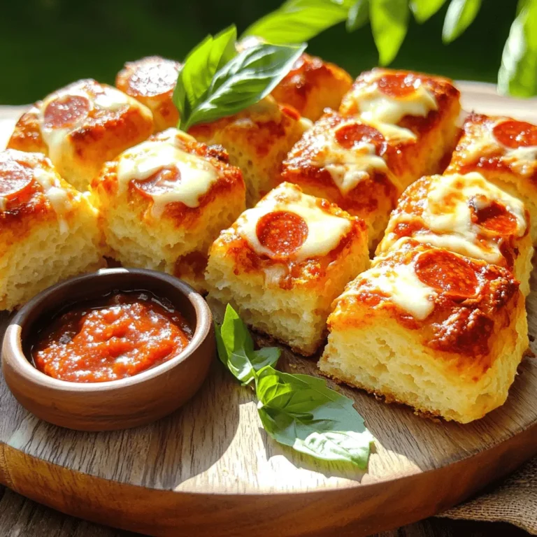 - 3 cups refrigerated biscuit dough, cut into quarters - 1 cup pepperoni slices, chopped - 1 cup shredded mozzarella cheese - 1/2 cup grated Parmesan cheese - 1/4 cup pizza sauce (plus extra for dipping) - 2 teaspoons Italian seasoning - 1 teaspoon garlic powder - 1/4 cup unsalted butter, melted - 1/4 teaspoon red pepper flakes (optional, for extra heat) - Fresh basil leaves for garnish (optional) You will need a bundt pan for this recipe. A non-stick spray helps keep the monkey bread from sticking. Make sure to have mixing bowls for combining ingredients. A spatula is useful for mixing, and a toothpick is great for checking doneness. If you cannot find refrigerated biscuit dough, you can make your own. Use flour, baking powder, butter, and milk. For pepperoni, try turkey or veggie slices. If you prefer other cheeses, use cheddar or provolone. You can skip the red pepper flakes if you want less heat. For a healthier option, use whole wheat biscuit dough. Start by preheating your oven to 350°F (175°C). Grab a bundt pan and grease it with non-stick spray. In a large bowl, take 3 cups of refrigerated biscuit dough and cut it into quarters. This makes it easy to mix. Next, chop 1 cup of pepperoni slices. Toss the dough and pepperoni together until they mix well. Now, add more flavor. Sprinkle in 1 cup of shredded mozzarella cheese. Then, add 1/2 cup of grated Parmesan cheese. Pour in 1/4 cup of pizza sauce. For a touch of spice, include 2 teaspoons of Italian seasoning and 1 teaspoon of garlic powder. Mix everything until each piece of dough is coated. If you want some heat, toss in 1/4 teaspoon of red pepper flakes and stir well. Pour 1/4 cup of melted unsalted butter into the bundt pan. Make sure it coats the bottom and sides. Now, add half of the dough mixture to the pan. Spread it out evenly. Then, add the rest of the dough on top and press down gently. Bake in the oven for 25-30 minutes. Look for a golden brown top. A toothpick should come out clean when inserted. After baking, let the monkey bread cool for 10 minutes. Carefully flip it onto a serving platter. Serve this warm with extra pizza sauce for dipping. Enjoy the savory flavor explosion! To achieve a perfect golden brown color, watch your baking time closely. Bake for 25-30 minutes. The top should look crisp and golden. If it browns too fast, cover it with foil. This helps keep the heat inside while preventing burning. Also, remember to grease the bundt pan well. This adds to that lovely golden finish. Using fresh herbs gives your dish a bright flavor. Fresh basil leaves on top add a nice touch. Dried herbs are great for ease and shelf life. They still pack a good punch. If using dried, remember to use less. About one-third of the amount works best. This keeps the flavors balanced. A common mistake is overcrowding the bundt pan. Make sure the dough pieces are not too packed. This allows for even cooking. Another mistake is skipping the butter step. Butter helps create a crispy outside. Lastly, don’t forget to let it cool before inverting. This prevents breaking and keeps your monkey bread intact. {{image_2}} You can make this dish meat-free easily. Swap out the pepperoni for chopped veggies like bell peppers, mushrooms, or olives. These add a nice crunch and flavor. You can also use marinated artichokes for a unique twist. Choose your favorites to make it your own. Cheese is the star of this dish. While mozzarella is classic, try using provolone or cheddar for a bold taste. You can mix different cheeses for a fun flavor. Add ricotta for creaminess or feta for a salty kick. Each option makes the monkey bread special. Want some heat? Add red pepper flakes to the mix for a spicy kick. You can also use spicy pepperoni or chorizo instead. If you like it extra hot, drizzle hot sauce on top before serving. This adds a great burst of flavor to every bite. Store leftover monkey bread in an airtight container. This keeps it fresh for up to three days. Make sure it cools completely before sealing. If you want to keep it longer, consider freezing it. To reheat your monkey bread, preheat your oven to 350°F (175°C). Place the bread on a baking sheet. Heat it for about 10-15 minutes until warm. You can also microwave single pieces for about 30 seconds. You can freeze monkey bread for up to three months. Wrap it tightly in plastic wrap and then in foil. When you’re ready to eat, thaw it in the fridge overnight and then reheat. This method keeps the flavors intact. Yes, you can use homemade biscuit dough. It adds a fresh touch to your dish. Just make sure to cut it into equal pieces. This helps it bake evenly. The flavor will be amazing with your own mix of herbs and spices. You can swap pepperoni for many tasty options. Try cooked sausage, diced ham, or turkey pepperoni. For a veggie twist, use mushrooms, bell peppers, or even olives. Each choice gives a new flavor. Pick what you love! Making this recipe ahead is simple! Prepare the monkey bread but don’t bake it. Cover the bundt pan with plastic wrap and chill it in the fridge. When you’re ready to bake, take it out, let it warm up for 10-15 minutes, and then bake as usual. This way, you can enjoy it fresh! This blog post covered the essential ingredients you'll need for monkey bread and the equipment required. I walked you through making the biscuit dough, assembling the ingredients, and baking it to perfection. With tips on achieving that golden color and avoiding common mistakes, plus variations for different tastes, you’ve got everything you need. In summary, get creative with this recipe. Try new ingredients or adjust it to your liking. Happy baking!