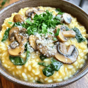 To make a perfect creamy mushroom risotto, you'll need some key ingredients: - 1 cup Arborio rice - 4 cups vegetable broth - 1 cup mushrooms (mixed varieties like cremini, shiitake, and button), sliced - 1 small onion, finely chopped - 2 cloves garlic, minced - 1 cup fresh spinach, roughly chopped - 1/2 cup heavy cream - 1/2 cup grated Parmesan cheese - 2 tablespoons olive oil - 1 tablespoon unsalted butter - Salt and freshly ground black pepper to taste - Fresh parsley, chopped, for garnish These ingredients create depth and richness in the dish. The Arborio rice gives it that creamy texture. The mushrooms add umami, while the onion and garlic provide a strong flavor base. For optional garnishes and enhancements, you can consider: - Extra grated Parmesan cheese on top - A drizzle of truffle oil for a gourmet touch - Toasted pine nuts for crunch - Lemon zest for a fresh kick Feel free to mix and match these ideas to make your risotto even more special! Heating the vegetable broth Start by pouring the vegetable broth into a saucepan. Heat it over low heat. You want it warm, but not boiling. This helps the rice cook evenly. Sautéing onions and mushrooms In a large skillet, add olive oil and butter. Heat it over medium heat. Once hot, toss in the chopped onion. Sauté it for about 3 to 4 minutes. The onion should be soft and clear. Next, add minced garlic and sliced mushrooms. Cook for another 5 to 7 minutes. Stir until the mushrooms are soft and their juices release. Toasting the Arborio rice Now, stir in the Arborio rice. Make sure each grain gets coated in the oil and butter mix. Toast the rice for 1 to 2 minutes. This step adds a nice nutty flavor to the risotto. Adding broth gradually and stirring It's time to add the warm vegetable broth. Use a ladle to scoop it out. Pour one ladle of broth into the rice. Stir as the rice absorbs the broth. Repeat this process, adding broth one ladle at a time. Keep stirring until the rice is creamy and slightly firm. This takes about 18 to 20 minutes. Incorporating cream and cheese When the rice is cooked, add the heavy cream. Then, mix in the grated Parmesan cheese. Stir well until everything is smooth and creamy. Folding in spinach and seasoning Now, fold in the chopped spinach. Stir it in gently. Let it cook for 2 to 3 minutes. The spinach should wilt and mix well. Finally, add salt and black pepper to taste. Make sure the flavors are balanced and delicious. To make your risotto creamy, use Arborio rice. This rice has high starch content, which helps create a rich texture. Start by heating your vegetable broth in a separate pot. Keep it warm, but do not let it boil. When cooking the rice, add the broth slowly. Use a ladle and add one scoop at a time. Stir the rice often. This helps the rice absorb the broth and release its starch. Keep stirring until the rice is soft and creamy. This takes about 18-20 minutes. Choosing the right mushrooms boosts the flavor of your risotto. I like to mix cremini, shiitake, and button mushrooms. Each type adds its own unique taste. Slice the mushrooms thinly for even cooking and better texture. Seasoning is key. Use salt and freshly ground black pepper to taste. Add them gradually. Taste your risotto as you go. This way, you can find the perfect balance. Don't forget to add fresh parsley at the end for a pop of color and flavor. {{image_2}} You can change up the mushrooms in this dish for fun and flavor. Try using a mix of cremini, shiitake, and button mushrooms. Each type brings its unique taste. - Cremini mushrooms add a rich, earthy flavor. - Shiitake mushrooms offer a smoky, meaty taste. - Button mushrooms have a mild flavor, perfect for balance. You can also add other vegetables to your risotto. Spinach is a great option, as it wilts nicely. You can try peas, asparagus, or even zucchini. These veggies add color and more nutrients. If you want a vegan risotto, you can easily adapt this recipe. Use vegetable broth and skip the heavy cream. Instead, use coconut cream or cashew cream for richness. Nutritional yeast is a great substitute for Parmesan. It adds a cheesy flavor without dairy. For a gluten-free risotto, make sure your broth is certified gluten-free. Arborio rice is naturally gluten-free, so you are safe there. This way, anyone can enjoy your creamy mushroom risotto! To store leftover risotto, let it cool first. Place it in an airtight container. This keeps it fresh and prevents drying out. You can store it in the fridge for up to three days. After that, the taste and texture may change. Freezing risotto is a great option if you want to save it for later. First, let the risotto cool completely. Then, transfer it into freezer-safe bags or containers. Remove as much air as possible to avoid freezer burn. It can last in the freezer for about one month. When you’re ready to eat it, thaw the risotto in the fridge overnight. To reheat, add a splash of broth or water. Warm it on the stove over low heat. Stir often until it’s heated through. This helps restore its creamy texture. Enjoy your tasty risotto again! How to make risotto creamy? To make risotto creamy, use Arborio rice. This rice has high starch content. Stir the rice often while cooking. This helps release the starch and creates a rich, creamy texture. Adding warm broth slowly also helps. Keep stirring until the rice absorbs each ladle of broth. At the end, mix in heavy cream and Parmesan cheese for extra creaminess. Can risotto be made ahead of time? Yes, you can make risotto ahead of time. Cook the risotto until it is just al dente. Let it cool and store it in an airtight container in the fridge. When ready to serve, warm it on low heat. Add a splash of broth or cream to loosen it up. Stir well until heated and creamy again. What to serve with creamy mushroom risotto? Creamy mushroom risotto pairs well with many dishes. Serve it with a fresh green salad for balance. Grilled chicken or shrimp adds protein and flavor. You can also enjoy it with roasted vegetables. For a special touch, serve it with a glass of white wine. This elevates the meal and enhances the flavors. In this blog post, we explored how to make a creamy mushroom risotto. We covered key ingredients, simple steps, and helpful tips. You learned about variations and dietary options too. Remember, the right mushrooms and stirring techniques make a big difference. You can store and even freeze leftover risotto easily. Enjoy experimenting with flavors to make the dish your own. I hope this guide helps you create a rich, hearty meal!